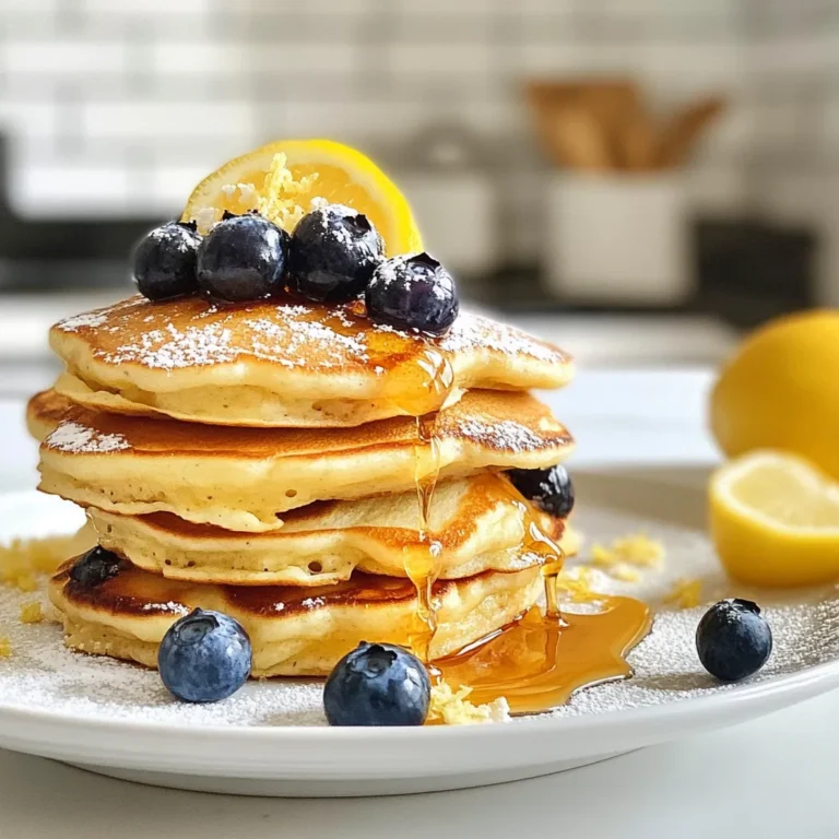 To whip up these delightful Lemon Blueberry Ricotta Pancakes, gather the following ingredients: - 1 cup all-purpose flour - 1 teaspoon baking powder - 1/2 teaspoon baking soda - 1/4 teaspoon salt - 1 cup ricotta cheese - 1 large egg - 1/4 cup milk (or almond milk) - 1/4 cup granulated sugar - Zest of 1 lemon - 1 tablespoon fresh lemon juice - 1 cup fresh blueberries - Butter or oil for cooking These ingredients blend perfectly to create light and fluffy pancakes. The ricotta cheese adds a creamy texture, while the fresh blueberries burst with flavor. The lemon zest and juice give a bright and tangy twist that makes each bite refreshing. This balance makes them a perfect breakfast treat. Remember, using fresh ingredients can enhance the taste even more. Enjoy the process of gathering everything; this is part of the fun! {{ingredient_image_1}} First, grab a medium bowl. In this bowl, whisk together 1 cup of all-purpose flour, 1 teaspoon of baking powder, 1/2 teaspoon of baking soda, and 1/4 teaspoon of salt. This mix will create the base for your pancakes. Make sure to combine these well; it helps the pancakes rise nicely. Now, take a large bowl. Add in 1 cup of ricotta cheese, 1 large egg, 1/4 cup of milk, and 1/4 cup of granulated sugar. Next, add the zest of 1 lemon and 1 tablespoon of fresh lemon juice. Stir this mixture until it becomes smooth and creamy. The ricotta adds richness and flavor. Carefully add the dry ingredient mix to the wet ingredients. Stir gently until just combined. It’s okay if the batter has a few lumps; this will keep your pancakes fluffy. Overmixing can make them tough, so be gentle! Heat a non-stick skillet over medium heat. Lightly grease the skillet with butter or oil. Pour about 1/4 cup of batter for each pancake onto the skillet. Cook for 3-4 minutes. You will see bubbles forming on the surface when they are ready to flip. Once they are golden brown, flip the pancakes and cook for another 2-3 minutes. Keep them warm while you cook the rest of the batter. Enjoy your delicious pancakes! For the best pancakes, the skillet must be just right. Heat your skillet over medium heat. A non-stick skillet works best. Lightly grease it with butter or oil. This helps the pancakes cook evenly and prevents sticking. If the skillet is too hot, the pancakes burn. If too cool, they turn out soggy. You want that perfect golden brown color. Mix gently when you combine the wet and dry ingredients. Overmixing can make the pancakes tough. It’s okay to have some lumps in the batter. Those lumps mean fluffy pancakes. The more you mix, the more gluten forms. Remember, lumps are your friend! For a flavor boost, think about adding vanilla extract. A teaspoon can make a big difference. You can also try adding a pinch of cinnamon or nutmeg. These spices bring warmth and depth to your pancakes. Feel free to experiment and find your favorite flavor mix! Pro Tips Use Room Temperature Ingredients: Allow your ricotta, egg, and milk to sit out for about 30 minutes before mixing. This helps the batter come together smoothly and creates fluffier pancakes. Don't Overmix the Batter: Mixing until just combined will ensure your pancakes remain tender. A few lumps are perfectly fine! Fresh Blueberries: Use fresh blueberries for the best flavor and texture. If using frozen, do not thaw them beforehand to prevent them from bleeding into the batter. Keep Pancakes Warm: As you cook the pancakes, keep them warm in a preheated oven at 200°F (93°C) while you finish the batch. This way, they’ll all be warm when served! {{image_2}} You can easily make these pancakes dairy-free. Just swap out the milk for almond milk. For the ricotta, use a dairy-free cream cheese or nut-based ricotta. This change keeps the pancakes soft and fluffy, while still being rich in flavor. While blueberries are a star, try other fruits too. Raspberries, strawberries, or even diced peaches work great. Each fruit brings its own twist. This way, you can enjoy new tastes every time you make them. For extra crunch, think about adding nuts or seeds. Chopped walnuts or pecans add a nice texture. Chia seeds or flaxseeds boost nutrition, too. Just fold them into the batter with the fruit. These small changes can make a big difference in flavor and health benefits. To keep your lemon blueberry ricotta pancakes fresh, store them properly. First, let the pancakes cool to room temperature. Then, layer them with parchment paper in an airtight container. This helps to prevent sticking. You can also wrap pancakes tightly in plastic wrap. If you want to freeze them, place the wrapped pancakes in a freezer bag. This keeps them safe from freezer burn. When you’re ready to enjoy your pancakes again, reheating is key. For best results, use a skillet over medium heat. Place the pancakes in the skillet for about 2-3 minutes on each side. If you want to use a microwave, heat them for 15-20 seconds. This method is quick but may make them a bit softer. If you prefer crispier pancakes, stick with the skillet. In the fridge, your pancakes can last up to three days. Just make sure they are in an airtight container. If you freeze them, they can last for up to two months. Just remember to label your bags with the date. This way, you’ll know when to use them up. Enjoying leftover pancakes means you can savor that delicious flavor again! Yes, you can use whole wheat flour. It adds fiber and nutrients. However, it changes the texture. Whole wheat pancakes can be denser and heartier. To keep them light, try mixing half whole wheat and half all-purpose flour. Look for bubbles forming on the surface. When they start to pop, it is time to flip them. The pancakes should be golden brown on both sides. You can also check the center with a toothpick. If it comes out clean, the pancakes are done. Yes, you can mix the batter a few hours ahead. Store it in the fridge in a sealed container. Give it a gentle stir before you cook. If the batter thickens, you may need to add a splash of milk. This article covered a delightful pancake recipe highlighting ricotta and blueberries. We walked through the key ingredients, step-by-step instructions, and helpful tips to ensure success. Plus, we explored variations like dairy-free options and suggested add-ins. Remember, keeping lumps in the batter helps create fluffy pancakes. This recipe is flexible and allows for fun twists. Enjoy experimenting, and share these tasty pancakes with friends or family for a delicious breakfast treat. Happy cooking!