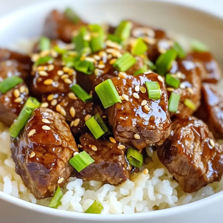 - 1 lb sirloin steak, cut into bite-sized cubes - 1/4 cup soy sauce - 2 tablespoons honey - 2 tablespoons rice vinegar - 2 tablespoons sesame oil - 2 cloves garlic, minced - 1 teaspoon fresh ginger, grated - 2 green onions, chopped - Toasted sesame seeds - 2 cups cooked jasmine rice The main ingredients for this dish are simple yet flavorful. The sirloin steak gives a nice, tender bite. Soy sauce adds a salty depth, while honey brings sweetness. Together, they create a rich flavor that makes the steak shine. For the marinade, rice vinegar brightens the mix. Sesame oil adds a nutty taste. Garlic and ginger give warmth and spice. They work together to enhance the steak's natural flavors. Don’t forget the garnishes! Chopped green onions add freshness. Toasted sesame seeds provide a nice crunch. Serving over fluffy jasmine rice makes this meal complete. The rice soaks up all the delicious teriyaki sauce for a delightful bite. {{ingredient_image_1}} To start, I whisk the marinade. In a medium bowl, combine: - 1/4 cup soy sauce - 2 tablespoons honey - 2 tablespoons rice vinegar - 2 tablespoons sesame oil - 2 cloves garlic, minced - 1 teaspoon fresh ginger, grated Whisk these ingredients well. This creates a tasty blend that adds depth to the steak. Next, I add the sliced sirloin steak to a resealable bag or shallow dish. Pour the marinade over the steak, making sure it is well coated. Seal the bag or cover the dish and place it in the fridge. Let it marinate for at least 30 minutes. For even more flavor, you can marinate it for up to 2 hours. After marinating, I take the steak out. First, I reserve the marinade for later. Then, I heat a large skillet over medium-high heat. I add the steak bites in a single layer. I cook them for about 2-3 minutes on each side. The goal is to get them browned and cooked to my liking. Once done, I remove the steak from the skillet and set it aside. Now, I focus on the sauce. In the same skillet, I add the reserved marinade. I bring it to a simmer over medium heat. In a small bowl, I mix 1 tablespoon of cornstarch with 1/2 cup water to create a slurry. I add this to the skillet, stirring constantly. I keep stirring until the sauce thickens, which takes about 1-2 minutes. Once thick, I return the steak bites to the skillet. I toss them in the sauce to coat evenly and heat through for another minute. Now, my teriyaki steak bites are ready to serve over a bed of jasmine rice. Enjoy the rich flavors and tender bites! To get the best steak bites, aim for medium-rare doneness. Cook the cubes for 2-3 minutes on each side. Use a meat thermometer for accuracy. You want the thickest part to reach 130°F. This gives you a juicy and tender bite. Marination boosts flavor. Use a mix of soy sauce, honey, rice vinegar, sesame oil, garlic, and ginger. Let the steak soak for at least 30 minutes. If you can wait, two hours adds even more taste. Remember to keep the marinade for the sauce. How you serve this dish matters. Start with a bowl of fluffy jasmine rice. Layer the teriyaki steak bites on top. This creates a nice visual contrast. For garnishing, sprinkle chopped green onions and toasted sesame seeds. These add color and crunch. You can even add a slice of lime for a pop of brightness. Use a heavy skillet for even cooking. A cast-iron pan works great. It holds heat well and gives a nice sear to the steak. You’ll also need a whisk for mixing the marinade. A meat thermometer is a must for perfect doneness. Lastly, keep measuring spoons handy for accurate ingredient amounts. Pro Tips Marinate Longer for More Flavor: For a deeper flavor, marinate the steak bites for up to 2 hours. This allows the meat to absorb more of the teriyaki sauce, enhancing the taste. Use High Heat for Searing: When cooking the steak bites, ensure your skillet is hot enough to achieve a nice sear. This locks in the juices and provides a delicious crust. Thicken the Sauce Properly: To get the perfect consistency for your teriyaki sauce, mix the cornstarch with cold water to create a slurry before adding it to the hot marinade. Garnish for Extra Appeal: Adding chopped green onions and toasted sesame seeds not only enhances the presentation but also adds a delightful crunch and flavor contrast to the dish. {{image_2}} You can switch up the protein in this dish. Chicken teriyaki bites work great. Cut the chicken into small pieces, then follow the same marinade steps. Tofu is another good choice for a vegetarian option. Use firm tofu. Press it to remove excess water, then cut it into cubes. Marinate and cook just like the steak. You can also change the flavor to suit your taste. Adding vegetables can enhance the dish. Try bell peppers, broccoli, or snap peas. Sauté them in the skillet before adding the steak. Adjusting sweetness is also easy. If you want it sweeter, add more honey. For a less sweet taste, reduce the honey a bit. Rice is a staple in this dish, but you can try alternatives. Quinoa or farro can replace jasmine rice. They offer a nice texture and flavor. When cooking different grains, follow package instructions. You might need more water or different cooking times. Experiment to find your favorite! To store leftovers, place the steak bites and rice in an airtight container. Make sure it cools down first. This keeps the food fresh and prevents spoilage. You can store it in the fridge for up to three days. After that, the quality may decline, and it might not taste as good. For freezing teriyaki steak bites, let them cool completely. Place them in a freezer-safe bag or container. Remove as much air as possible to avoid freezer burn. They can last in the freezer for up to three months. When you want to eat them, thaw them in the fridge overnight. To reheat, place the steak bites in a pan over medium heat. Add a splash of water or broth to keep them moist. Heat until warmed through. You can also microwave them, but watch closely so they don’t overcook. For busy days, you can make the teriyaki steak bites ahead of time. Cook the steak bites and rice, then store them separately. This way, you can mix and match during the week. It makes meals quick and easy. Portion the steak and rice into meal prep containers. This helps control serving sizes. You can grab a container and have a delicious meal ready to go! You should marinate the steak for at least 30 minutes. This gives the flavors time to soak in. For more flavor, I recommend marinating for up to 2 hours. If you want the best taste, don’t skip the marinating step. The longer you marinate, the richer the flavor. Just remember not to go over 2 hours, as the meat can become mushy. Yes, making teriyaki sauce is easy! Here’s a simple recipe: - 1/4 cup soy sauce - 2 tablespoons honey - 2 tablespoons rice vinegar - 1 teaspoon minced garlic - 1 teaspoon grated ginger Mix these ingredients in a bowl. You can also add a bit of cornstarch mixed with water to thicken it. This gives you a fresh taste that beats store-bought sauces. It’s quick to make and uses simple items you likely have at home. Teriyaki steak bites pair well with several side dishes. Here are some great options: - Steamed broccoli - Stir-fried vegetables - Cucumber salad - Edamame - Mixed greens These sides balance the rich flavor of the steak. You can also serve it over jasmine rice, which soaks up the teriyaki sauce. Each side brings a different taste and texture that makes the meal complete. This blog post covers everything you need to make great teriyaki steak bites. You learned about key ingredients like sirloin steak and soy sauce. The marinade adds flavor, thanks to rice vinegar and sesame oil. We offered tips for cooking and serving, ensuring your dish looks great. You can even try variations with chicken or tofu. In summary, this dish is simple and customizable. Enjoy trying these recipes and impress your friends with your cooking skills!