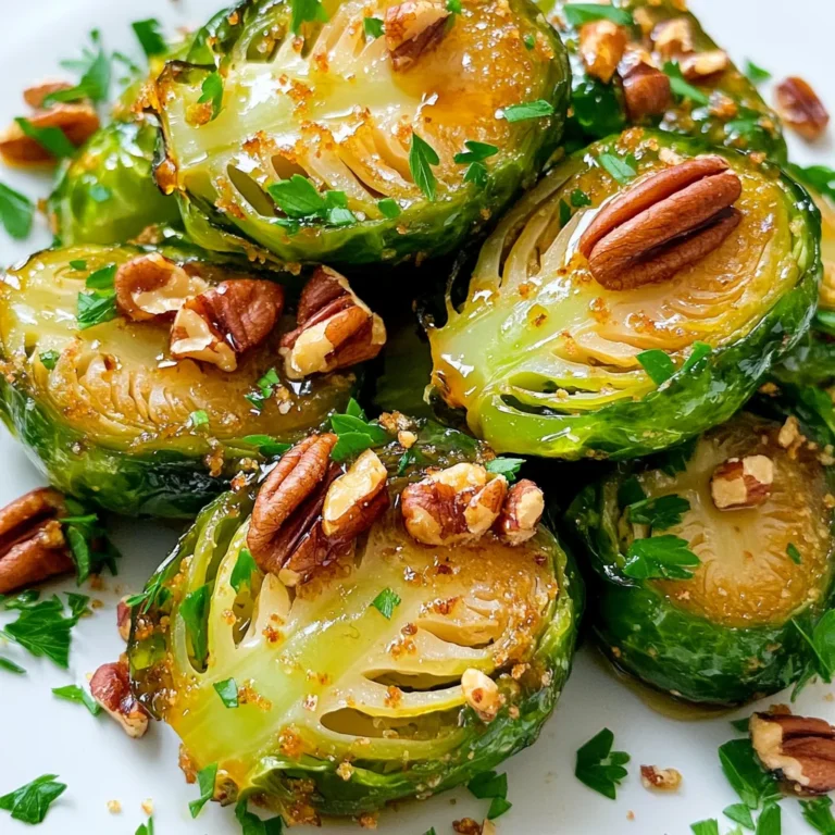 - 1 lb Brussels sprouts, trimmed and halved - 3 tablespoons olive oil - 3 tablespoons pure maple syrup - 1 teaspoon garlic powder - ½ teaspoon salt - ¼ teaspoon black pepper - ¼ teaspoon red pepper flakes (optional) - ¼ cup pecans, chopped - 2 tablespoons balsamic vinegar - Fresh parsley for garnish To make my maple roasted Brussels sprouts, I gather fresh ingredients. Start with one pound of Brussels sprouts. I trim and halve them to ensure even cooking. Next, I reach for three tablespoons of olive oil. This adds flavor and helps with roasting. Then, I grab three tablespoons of pure maple syrup. This syrup gives a sweet touch that pairs well with the sprouts. I also add one teaspoon of garlic powder, which brings depth to the dish. To season, I sprinkle in half a teaspoon of salt and a quarter teaspoon of black pepper. If I want some heat, I add a quarter teaspoon of red pepper flakes. For added crunch, I use a quarter cup of chopped pecans. They provide a nice texture. Lastly, I add two tablespoons of balsamic vinegar. This adds a tangy flavor that balances the sweetness. For a bright finish, I garnish with fresh parsley. These ingredients come together to create a delicious side dish that everyone will love. Preheat your oven to 400°F (200°C). This temperature helps the Brussels sprouts roast perfectly. Next, line a baking sheet with parchment paper. This step makes cleanup easy and keeps the sprouts from sticking. In a large bowl, combine 1 pound of halved Brussels sprouts with 3 tablespoons of olive oil. Add 3 tablespoons of pure maple syrup for sweetness. Then, sprinkle in 1 teaspoon of garlic powder, ½ teaspoon of salt, ¼ teaspoon of black pepper, and ¼ teaspoon of red pepper flakes if you want some heat. Toss everything well until the sprouts are fully coated in the mixture. This mix brings out the best flavors. Spread the coated Brussels sprouts evenly on the baking sheet. Place them cut side down for a nice caramelized finish. Roast in the preheated oven for 20 minutes. After this time, take the baking sheet out of the oven. Sprinkle ¼ cup of chopped pecans over the sprouts and drizzle with 2 tablespoons of balsamic vinegar. Toss gently to mix everything together. Return the sheet to the oven and roast for another 10 to 15 minutes. Keep an eye on them until they are tender and caramelized. To get that lovely caramelized taste, place the Brussels sprouts cut side down. This helps them brown evenly. Roast them at 400°F for 20 minutes. Then, add the pecans and balsamic vinegar. Roast for another 10 to 15 minutes. This method ensures they become tender and sweet. You can add more spices to boost the taste. Try adding a pinch of smoked paprika for a smoky flavor. If you like heat, increase the red pepper flakes. A squeeze of lemon juice after cooking can add brightness. Feel free to mix and match spices to suit your taste. Garnish the Brussels sprouts with fresh parsley for a pop of color. This makes the dish look fresh and inviting. Serve them on a nice platter or in a bowl. You can even drizzle a bit of extra balsamic vinegar on top for a fancy touch. This dish not only tastes great but looks beautiful too! {{image_2}} You can make your dish even better by adding other veggies. Carrots or sweet potatoes work great. Just chop them into similar sizes as the Brussels sprouts. This way, they cook evenly. Toss them with the sprouts in olive oil and maple syrup. The sweet notes of maple pair well with the natural sweetness of these vegetables. If you want a vegan dish, you can swap the maple syrup for agave syrup. It has a similar sweetness. For nut-free options, leave out the pecans. You can add sunflower seeds for crunch instead. These swaps keep the dish tasty and safe for everyone. Want to take the flavor up a notch? Add crispy bacon bits for a smoky taste. For cheese lovers, sprinkle some feta or goat cheese on top after roasting. Different vinegars also add depth. Try apple cider vinegar for a fruity twist or red wine vinegar for a tangy kick. Each option gives the dish a unique twist! To keep your maple roasted Brussels sprouts fresh, let them cool down. Place them in a container and cover it tightly. Store the container in the fridge. They will stay good for 3 to 4 days. When you are ready to eat them, reheat in the oven. Set your oven to 350°F (175°C). Heat for 10 to 15 minutes, or until warm. You can freeze leftovers too! First, let them cool completely. Spread them out on a tray and freeze for about an hour. This step helps keep them from sticking together. Once frozen, transfer them to a freezer bag. Squeeze out the air and seal the bag. They will last about 2 to 3 months. To defrost, move them to the fridge overnight. Reheat them in the oven for the best texture. For the best freshness, use airtight containers. Glass containers with lids work great. They keep moisture out and are easy to clean. If you prefer plastic, choose BPA-free options. Make sure they seal well. This way, your Brussels sprouts stay tasty and ready to enjoy! Roasting Brussels sprouts takes about 30 to 35 minutes. Start by roasting them for 20 minutes at 400°F (200°C). After that, add chopped pecans and balsamic vinegar. Then, roast for another 10 to 15 minutes. This helps them get tender and caramelized. You can check them with a fork. They should be soft but not mushy. You can use frozen Brussels sprouts, but fresh ones taste better. Frozen sprouts may not brown as well. If you use frozen, thaw them first. Drain any excess water to avoid sogginess. This helps keep the flavor and texture nice. Fresh Brussels sprouts are sweeter and have more crunch. Brussels sprouts are very healthy. They are low in calories and high in fiber. They provide vitamin C, vitamin K, and folate. These nutrients help with digestion and support the immune system. Eating Brussels sprouts may lower the risk of heart disease too. They are great for a balanced diet. We explored how to make delicious maple-roasted Brussels sprouts. You learned the right ingredients, steps, and tips. Roasting these sprouts brings out their sweet flavor and crunchy texture. Remember to try different veggies and flavors to suit your taste. Store leftovers wisely to keep them fresh. With these easy steps, you can impress your friends and family at any meal! Enjoy your cooking and the tasty results.