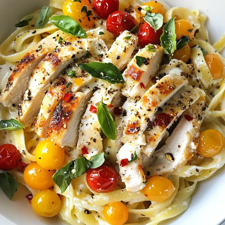 - 2 chicken breasts, boneless and skinless - 1 tablespoon olive oil - Salt and pepper, to taste - 3 cloves garlic, minced - 1 cup cherry tomatoes, halved - 1 cup heavy cream - 1 teaspoon dried Italian herbs (oregano, basil, thyme) - ½ cup grated Parmesan cheese - 8 oz pasta (fettuccine or penne) - Fresh basil leaves, for garnish - Red pepper flakes (optional, for a spicy kick) - Large pot for boiling pasta - Skillet for cooking chicken and sauce - Cutting board and knife for prep - Measuring cups and spoons for accuracy - Tongs or spatula for turning chicken - Chicken: Look for fresh, organic chicken. It should be pink and firm. - Olive Oil: Choose extra virgin olive oil. It should have a rich aroma. - Tomatoes: Select bright, firm cherry tomatoes. They should smell sweet. - Cream: Use heavy cream labeled as "pure" for the best flavor. - Herbs: Fresh herbs can elevate the dish. If using dried, check the expiration date. - Parmesan Cheese: Buy block cheese and grate it fresh for better taste. {{ingredient_image_1}} To start, boil water in a large pot. Add a good amount of salt to the water. Once it boils, add 8 oz of your choice of pasta, either fettuccine or penne. Cook according to the package directions. The pasta should be al dente, firm but cooked through. After cooking, drain the pasta and set it aside for later. Next, take 2 boneless, skinless chicken breasts. Season both sides with salt and pepper. In a large skillet, heat 1 tablespoon of olive oil over medium-high heat. When the oil is hot, add the chicken breasts. Cook them for about 6-7 minutes on each side. You want them golden brown and fully cooked. After that, remove the chicken from the skillet and let it rest on a plate. In the same skillet, lower the heat to medium. Add 3 cloves of minced garlic and sauté for 1 minute. Make sure not to burn the garlic; it should smell nice and fragrant. Next, add 1 cup of halved cherry tomatoes. Cook these for about 3 minutes until they soften. Then, pour in 1 cup of heavy cream and mix well. Let it come to a gentle simmer. Stir in 1 teaspoon of dried Italian herbs and ½ cup of grated Parmesan cheese. Keep stirring until the cheese melts, making the sauce creamy. Now, slice the cooked chicken into strips and return it to the skillet with the sauce. Let it simmer for about 2-3 minutes so it can soak up the flavors. Then, add the cooked pasta to the skillet and gently toss it in the sauce. Cook for 1-2 more minutes until everything is hot. Taste the dish and add red pepper flakes if you want a spicy kick. Enjoy your Marry Me Chicken Pasta! To cook chicken well, use boneless and skinless pieces. They cook faster and stay juicy. Heat olive oil in a skillet over medium-high heat. Season the chicken with salt and pepper. Cook for 6-7 minutes on each side. Check that it is golden brown and fully cooked. A meat thermometer should read 165°F (75°C). Let the chicken rest after cooking. This keeps it moist. Herbs and spices make a dish shine. For this recipe, I use dried Italian herbs like oregano, basil, and thyme. They add depth and warmth. Fresh basil leaves can also boost flavor when added as a garnish. If you want a kick, sprinkle some red pepper flakes in the sauce. Always taste as you go to find the right balance. Cooking pasta might seem easy, but small details matter. Start with a large pot of salted boiling water. This helps the pasta cook evenly and taste better. Stir the pasta occasionally to prevent sticking. Follow the package instructions for cooking time. It’s best to cook it al dente, which means firm to the bite. Drain the pasta and reserve a bit of the cooking water. This starchy water can help loosen the sauce later on. Pro Tips Perfectly Cooked Chicken: Use a meat thermometer to ensure your chicken reaches an internal temperature of 165°F for juiciness and safety. Choose the Right Pasta: Fettuccine or penne works best as they hold the creamy sauce well, ensuring every bite is flavorful. Fresh Ingredients Matter: Opt for fresh garlic and ripe cherry tomatoes to enhance the overall flavor of the dish. Garnish for Presentation: A sprinkle of fresh basil and additional Parmesan not only enhances flavor but also elevates the presentation of your dish. {{image_2}} You can boost the health of your Marry Me Chicken Pasta by adding veggies. Choose colorful options like spinach, bell peppers, or zucchini. Simply chop them and add them to the skillet when you sauté the garlic. Cook them for a few minutes until they soften. This adds flavor and lots of nutrients. Plus, it makes your dish look vibrant. Fettuccine and penne both work well for this recipe. Fettuccine gives a smooth and creamy feel, while penne holds the sauce better in its tubes. If you prefer a twist with your pasta, try rotini or farfalle. Just remember to cook them according to package directions. The choice depends on your taste and what you have on hand. For those who enjoy heat, red pepper flakes are a great addition. Just sprinkle them in when you add the heavy cream. Start with a little and taste as you go. You can always add more if you want a stronger kick. It’s an easy way to spice up your dish and make it more exciting. To keep your Marry Me Chicken Pasta fresh, store leftovers in an airtight container. Let the dish cool to room temperature before sealing. Place the container in the fridge. It will stay good for about 3 to 4 days. If you want to enjoy it later, consider freezing it instead. When you're ready to eat the leftovers, reheat them slowly. You can use a skillet or the microwave. If using a skillet, add a splash of water or cream for moisture. Heat over low to medium heat and stir often. If using a microwave, cover the dish to keep the moisture in. Heat in short bursts, stirring between each one. Freezing Marry Me Chicken Pasta is easy. Let it cool completely, then portion it into freezer-safe containers. You can also use freezer bags for easy storage. Make sure to remove as much air as possible to prevent freezer burn. It can last 2 to 3 months in the freezer. When ready to eat, thaw it overnight in the fridge before reheating. You can use coconut cream or cashew cream. Both give a rich flavor. You can also use milk mixed with a bit of flour for thickness. To make it dairy-free, use coconut cream instead of heavy cream. For cheese, try nutritional yeast. It adds a cheesy flavor without dairy. Yes, chicken thighs work well in this recipe. They are juicy and flavorful. Just adjust the cooking time, as thighs may need a bit longer. Serve it with a fresh salad or garlic bread. Roasted vegetables also make a great side. They balance the creamy pasta well. You can cook the chicken and sauce ahead. Store them separately in the fridge. Cook the pasta fresh when you are ready to serve. In this post, we covered the main ingredients and tools for making Marry Me Chicken Pasta. You learned step-by-step instructions for cooking each part. We also shared tips to enhance flavors and variations to suit your taste. Lastly, we discussed how to store and reheat leftovers. This dish is not only tasty but also easy to adapt. With the right ingredients and techniques, you can create a meal that impresses everyone. Enjoy experimenting in the kitchen!