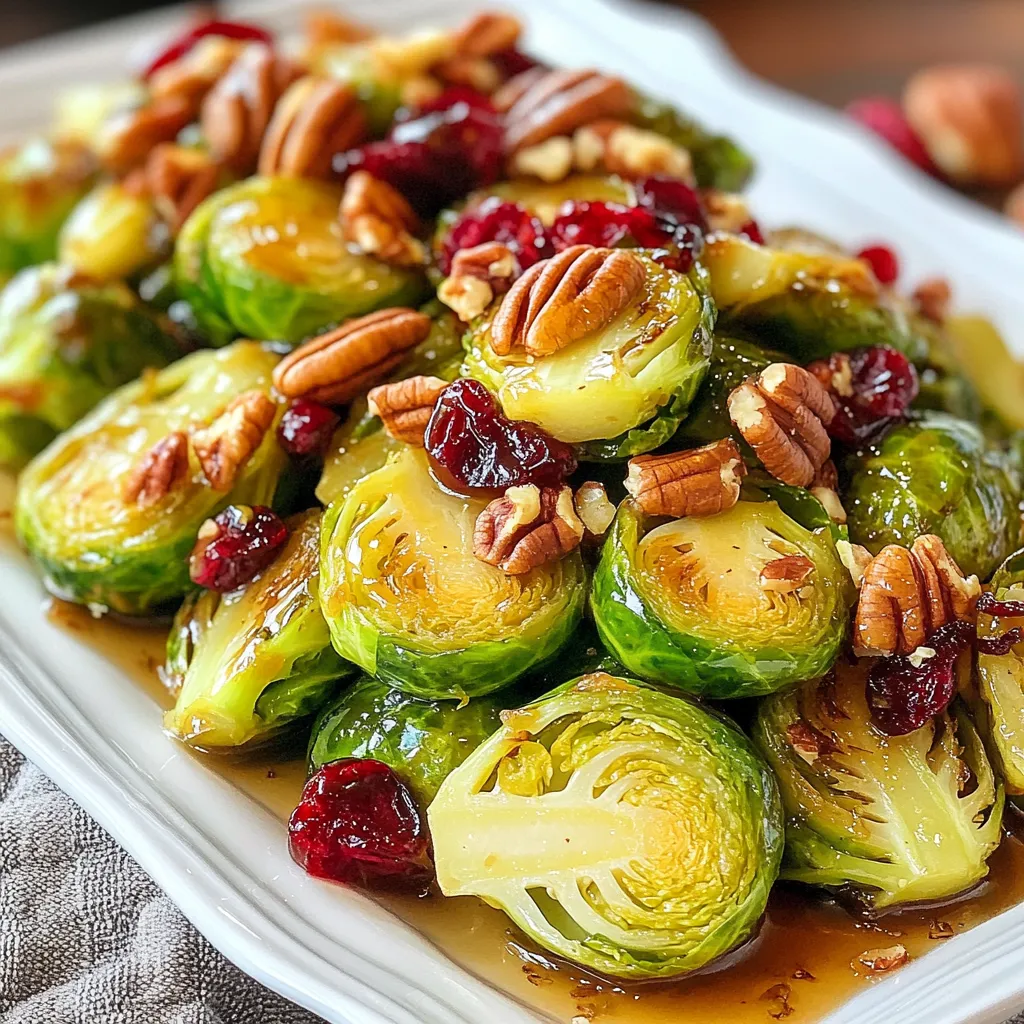 To make maple glazed Brussels sprouts, gather these items: - 1 pound Brussels sprouts, trimmed and halved - 2 tablespoons olive oil - 1/4 cup pure maple syrup - 1 tablespoon balsamic vinegar - 1 teaspoon Dijon mustard - Salt and pepper to taste - 1/4 cup pecans, roughly chopped - 1/4 cup dried cranberries If you don't have some ingredients, don't worry! Here are a few swaps you can try: - Use avocado oil instead of olive oil for a different taste. - Honey can replace maple syrup if you're okay with a non-vegan option. - For balsamic vinegar, red wine vinegar works in a pinch. - You can skip the Dijon mustard if you want a milder flavor. - Any nut, like walnuts, can replace pecans. - Raisins or fresh fruit can substitute dried cranberries. Fresh Brussels sprouts taste best for this recipe. They have a nice crunch and flavor. Frozen Brussels sprouts can work, but they might turn mushy. If you use frozen ones, thaw and dry them before cooking. This will help keep their texture crisp. Fresh is always my first choice, but frozen can save time when needed. {{ingredient_image_1}} Start by washing the Brussels sprouts. Trim the ends and cut them in half. This helps them cook evenly. Use fresh sprouts for the best taste. You can find them in many stores. Place the halved sprouts in a large bowl. Drizzle with olive oil, salt, and pepper. Toss them well until every piece is coated. This step adds flavor and helps with browning. Preheat your oven to 400°F (200°C). Spread the coated Brussels sprouts on a baking sheet. Make sure they sit in a single layer. This ensures they roast well. Roast them for 20 to 25 minutes. Stir halfway through to avoid burning. They should be tender and caramelized when done. The edges will get crispy, adding great texture. While the sprouts roast, you can make the maple glaze. In a small saucepan, combine maple syrup, balsamic vinegar, and Dijon mustard. Heat this mixture over medium heat. Stir it continuously for about 3 to 4 minutes. The glaze should warm and thicken slightly. This sweet and tangy flavor will enhance the sprouts. Once the Brussels sprouts are out of the oven, drizzle the glaze over them. Add chopped pecans and dried cranberries. Toss everything gently to mix well. Return them to the oven for another 5 minutes. This warms the glaze and toasts the pecans a bit. To get that nice caramelization, start with dry Brussels sprouts. After washing, dry them well. When you roast, use high heat. I like 400°F (200°C). This heat helps the sugars in the sprouts brown. Spread them out in one layer on the baking sheet. If they are too crowded, they will steam instead of roast. Stir them halfway through cooking to ensure even browning. Seasoning is key. Use good olive oil, salt, and pepper to coat the sprouts. This lets the flavors shine. Add the maple syrup glaze at the end. This keeps the glaze from burning. Remember to taste as you go. Adjust salt and pepper to your liking. A little Dijon mustard in the glaze adds a nice kick. Serve your Brussels sprouts on a large platter for a great look. Drizzle any extra glaze on top. Add more cranberries and pecans for color and crunch. You can also pair them with roasted meats or grains. Their sweet and savory flavor complements many dishes. Try them with grilled chicken or quinoa salad for a tasty meal. Pro Tips Choose Fresh Brussels Sprouts: Look for bright green, firm Brussels sprouts with no yellow leaves. Fresh sprouts will have a sweeter flavor and better texture. Adjust the Sweetness: Depending on your taste, feel free to adjust the amount of maple syrup in the glaze. You can also add a pinch of cayenne pepper for a spicy kick. Toast the Pecans: For extra flavor, toast the pecans in a dry skillet over medium heat for a few minutes before adding them to the dish. This will enhance their nuttiness. Make it a Meal: To turn this side dish into a main course, add cooked quinoa or farro, grilled chicken, or tofu, and toss everything together with the glaze. {{image_2}} You can boost the taste of maple glazed Brussels sprouts with spices. Try adding a pinch of cayenne pepper for heat. This spice adds a nice kick. If you prefer a warm flavor, use smoked paprika. It brings a smoky depth to the dish. You can also add garlic powder for a savory touch. These simple spices can change the whole dish. Feel free to swap out some ingredients for fun textures. Instead of pecans, use walnuts for a crunchier bite. They have a rich flavor that pairs well with maple. You can also try adding bacon bits for a savory twist. Cook them until crispy, then mix them in with the sprouts. If you like a chewy texture, add sunflower seeds. They give a nutty crunch that works great with the glaze. Seasonal vegetables can add variety to your dish. In fall, try adding butternut squash. Its sweetness matches the maple glaze well. In the spring, toss in asparagus for a fresh taste. It will add a nice green color and crunch. You can also mix in carrots for a pop of orange. These colorful veggies not only taste great but also look beautiful on the plate. Once you enjoy your maple glazed Brussels sprouts, store any leftovers in an airtight container. Place the container in the fridge. They will stay fresh for up to three days. If you want them to last longer, consider freezing them. To reheat, you can use the oven or microwave. For the oven, preheat it to 350°F (175°C). Place the Brussels sprouts on a baking sheet and heat for about 10-15 minutes. This keeps them crispy. For the microwave, place them in a bowl and cover with a damp paper towel. Heat in short bursts until warm, about 1-2 minutes. If you want to freeze your Brussels sprouts, start by blanching them. Cook them in boiling water for 3 minutes, then plunge them in ice water to stop cooking. Drain and dry them well. Place in a freezer bag, remove as much air as possible, and seal. They can last up to 6 months in the freezer. When you're ready to use them, thaw in the fridge overnight or cook from frozen. To make maple glazed Brussels sprouts vegan, swap out the Dijon mustard for a vegan option. Most Dijon mustards are already vegan, but it's good to check the label. You can also use coconut oil instead of olive oil for a different flavor. This dish stays delicious and plant-based with these small changes. Yes, you can prepare Brussels sprouts ahead of time. Trim and halve the sprouts, then store them in the fridge for up to two days. Just remember to toss them with olive oil, salt, and pepper right before roasting to keep them fresh. You can also make the maple glaze in advance. Just warm it up before drizzling over the roasted sprouts. Maple glazed Brussels sprouts pair well with many dishes. They make a great side for roasted meats like chicken or pork. You can also serve them with quinoa or rice for a tasty vegetarian meal. If you want a festive touch, serve them alongside holiday dishes like turkey or ham. The sweet glaze complements rich flavors very well. This guide covered everything about making maple-glazed Brussels sprouts. You learned what ingredients to use and how to prepare them. I shared tips for roasting and achieving perfect caramelization. You can also explore variations and serving suggestions to make them special. Brussels sprouts are versatile and tasty. With these steps, you can enjoy this dish in many ways. Now, go ahead and make your own version!