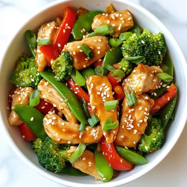 - 1 lb chicken breast, thinly sliced - 2 tablespoons sesame oil - 1 tablespoon fresh ginger, minced - 2 garlic cloves, minced - 1 red bell pepper, julienned - 1 cup broccoli florets - 1 cup snap peas - 3 green onions, chopped - 4 tablespoons low-sodium soy sauce - 1 tablespoon honey - 1 tablespoon rice vinegar - 2 teaspoons cornstarch - 1 tablespoon sesame seeds, toasted - Salt and pepper to taste You can easily swap ingredients to fit your taste. If you don’t have chicken, use shrimp or tofu. For a gluten-free option, use tamari instead of soy sauce. Instead of fresh ginger, ground ginger works well in a pinch. If you don’t like snap peas, try using green beans or bell peppers. Honey can be replaced with maple syrup or agave for a vegan option. To make this stir fry easy, gather a few tools. A large skillet or wok is a must for even cooking. Use a sharp knife for slicing the chicken and veggies. A cutting board makes prep quick and safe. Also, have a mixing bowl for the marinade. A spatula helps stir everything without sticking. A measuring spoon set ensures you get the right amounts. {{ingredient_image_1}} To start, you need to make the marinade. In a large bowl, mix four tablespoons of low-sodium soy sauce, one tablespoon of honey, one tablespoon of rice vinegar, and two teaspoons of cornstarch. This mix adds flavor and helps thicken the sauce later. Next, add one pound of thinly sliced chicken breast. Make sure each piece is well coated. Let the chicken sit in the marinade for about 15 minutes. This step makes the chicken tender and flavorful. Now, it's time to cook the chicken. Heat two tablespoons of sesame oil in a large skillet or wok over medium-high heat. Once hot, add one tablespoon of minced fresh ginger and two minced garlic cloves. Stir them for about 30 seconds until they smell great. Then, add the marinated chicken to the skillet. Cook it for 5 to 7 minutes. The chicken should be browned and fully cooked. When done, remove the chicken from the skillet and set it aside. This keeps it juicy and prevents overcooking. In the same skillet, add the veggies. Toss in one cup of broccoli florets, one red bell pepper (julienned), and one cup of snap peas. Stir-fry the vegetables for about 4 to 5 minutes. You want them to be tender but still crisp. This keeps the colors bright and the nutrients intact. Once the veggies are done, return the cooked chicken to the skillet. Add three chopped green onions and mix everything well. Cook for an additional 2 to 3 minutes to let the flavors blend. Finally, sprinkle with one tablespoon of toasted sesame seeds and add salt and pepper to taste. Enjoy your tasty meal! To get the best flavor in your Sesame Ginger Chicken Stir Fry, focus on fresh ingredients. Use fresh ginger and garlic for a strong taste. The sesame oil should be high quality. It gives a rich, nutty flavor. Marinating the chicken for at least 15 minutes helps it soak up all the flavors. Don't rush this step; it makes a big difference. One common mistake is overcooking the chicken. Cook it just until it’s no longer pink. This keeps the chicken tender. Another mistake is not using enough oil in the pan. Oil helps prevent sticking and adds flavor. Also, don't overcrowd the skillet. Stir-frying works best in small batches, so the chicken and veggies cook evenly. Serve your stir fry over a bed of fluffy rice or noodles. This adds bulk and makes it a complete meal. You can also sprinkle extra sesame seeds on top for crunch. Add a side of steamed edamame for a healthy touch. If you like spice, serve it with red pepper flakes or sriracha on the side. Pro Tips Marinate for Maximum Flavor: Allowing the chicken to marinate for at least 15 minutes enhances its flavor. For best results, marinate for up to 2 hours in the refrigerator. Optimal Vegetable Crispness: To maintain the vibrant color and crunch of your vegetables, don't overcook them. Stir-frying for just 4-5 minutes will do the trick. Use High Heat: Cooking on medium-high heat ensures that the chicken gets a nice sear, locking in juices and flavor, while keeping the vegetables tender yet crisp. Customize Your Veggies: Feel free to swap or add vegetables based on your preference or seasonal availability. Carrots, bell peppers, or zucchini work great in this stir fry. {{image_2}} You can switch the chicken for other meats. Try beef, shrimp, or pork. Thinly slice these proteins just like the chicken. Each choice brings a unique taste. Cook the meat until it’s well done, just like in the original recipe. This adds a new twist to your stir fry. Want a plant-based meal? Use tofu or tempeh instead of chicken. Press the tofu to remove extra water. Cut it into cubes and marinate it in the same sauce. Cook it until crisp in the skillet. This keeps the dish flavorful. Add your favorite plant proteins for more variety. Feel free to mix in any veggies you love. Carrots, bell peppers, or mushrooms work great. Use fresh or frozen vegetables depending on what you have. Just remember to keep the cooking time short. You want the veggies to stay bright and crunchy. This will keep your stir fry fun and colorful. After you enjoy your sesame ginger chicken stir fry, store leftovers in an airtight container. This will keep them fresh. Make sure to cool the dish to room temperature first. Then, place it in the fridge. It can stay fresh for up to three days. If you’re storing more, label the container with the date. When you’re ready to eat your leftovers, reheat them on the stove. This keeps the flavors bright. Add a splash of water or broth to the skillet. Heat over medium until warm. Stir often to avoid sticking. You can also microwave it, but cover the dish to keep moisture in. Heat in short bursts to avoid overcooking. If you want to save sesame ginger chicken for later, freezing is a great option. Place the cooled stir fry in a freezer-safe bag or container. Remove as much air as possible to prevent freezer burn. It can last up to three months in the freezer. When you’re ready to eat, thaw it overnight in the fridge. Then, reheat as mentioned above for the best taste. You can enjoy Sesame Ginger Chicken Stir Fry with several tasty sides. Here are some great options: - Steamed rice: White or brown rice works well. It soaks up the sauce. - Noodles: Try rice noodles or soba noodles for a fun twist. - Quinoa: This adds protein and a nutty flavor. - Salad: A simple cucumber or green salad adds freshness. Pairing these sides will make your meal more filling and fun! To make this dish gluten-free, swap regular soy sauce for gluten-free soy sauce. You can also use tamari, which is a great alternative. Ensure all other ingredients are gluten-free, including rice vinegar. This way, you can enjoy the flavor without the gluten! Yes! You can use other oils if you prefer. Here are some good choices: - Canola oil: This has a mild flavor and high smoke point. - Peanut oil: This adds a nice nutty taste, perfect for stir-frying. - Avocado oil: This oil is healthy and has a high smoke point. Feel free to experiment with what you have at home! This blog post covered everything you need to make a tasty Sesame Ginger Chicken Stir Fry. We discussed the key ingredients and their substitutes, the tools you need, and easy, step-by-step cooking instructions. I shared tips for the best flavor, common mistakes, and ways to customize your dish. Plus, you learned how to store leftovers and answered common questions. Now, you're ready to impress with this dish. Experiment with different flavors and ingredients to make it your own!