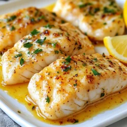 To make Lemon Garlic Butter Cod, you need: - 4 cod fillets (about 6 oz each) - 4 tablespoons unsalted butter, divided - 3 cloves garlic, minced - 1 lemon (zested and juiced) - 2 tablespoons fresh parsley, chopped - Salt and pepper to taste - Lemon wedges for serving When choosing cod, look for fillets that are firm and moist. Fresh cod has a clean smell and bright white flesh. If you can, buy from local fish markets. This way, you support local business and get fresher fish. Look for cod that has a shiny skin. Frozen cod can also work, but make sure it is properly stored. To keep your cod fresh, store it in the coldest part of your fridge. Use it within two days for the best taste. If you can’t find cod, you can use other mild white fish, like haddock or pollock. These fish have a similar texture and flavor. For a fun twist, you might even try salmon for a richer taste. Always remember to adjust cooking time based on the fish you choose. {{ingredient_image_1}} First, gather your ingredients. You will need: - 4 cod fillets (about 6 oz each) - 4 tablespoons unsalted butter, divided - 3 cloves garlic, minced - 1 lemon (zested and juiced) - 2 tablespoons fresh parsley, chopped - Salt and pepper to taste - Lemon wedges for serving Next, preheat your oven to 400°F (200°C). This step ensures even cooking. While the oven heats, melt 2 tablespoons of butter in a small saucepan over medium heat. Once the butter melts, add the minced garlic. Sauté for about 1 minute until it smells great. Do not let it burn; burnt garlic can ruin the dish. After that, stir in the lemon juice and zest. Remove the saucepan from heat. Now, take a baking dish and place the cod fillets inside. Season each fillet with salt and pepper. Make sure to cover all sides for the best taste. Pour the lemon garlic butter sauce evenly over the cod. Cut the remaining 2 tablespoons of butter into small pieces. Dot each fillet with these butter pieces. This will add extra flavor as it melts. Now, place the baking dish in the preheated oven and bake for 12-15 minutes. The cod is done when it looks opaque and flakes easily with a fork. After baking, take the dish out of the oven. Sprinkle fresh parsley on top of the cod for a lovely touch. For a bright presentation, serve the cod on a warm plate. Drizzle some of the melted lemon garlic butter from the dish over the fillets. Add a few lemon wedges on the side. These wedges add a fresh kick when squeezed over the fish. Enjoy your tasty Lemon Garlic Butter Cod! To make this dish quick, start by preheating your oven to 400°F (200°C). This helps cook the cod just right. You only need 12 to 15 minutes for cooking. Check it at 12 minutes to see if it flakes easily. To avoid overcooking, use fresh cod fillets. Look for a bright color and firm texture. The fish is done when it turns opaque and flakes easily. If you cook it too long, it becomes dry. Keep an eye on the time. You can add more herbs for a flavor boost. Fresh dill or thyme work well with lemon. Just chop them finely and sprinkle on top before cooking. This adds a nice touch and extra taste. Try mixing in some red pepper flakes for a bit of heat. Pro Tips Choose Fresh Cod: Always select fresh cod fillets for the best flavor and texture. Look for fillets that are firm to the touch and have a mild, ocean-like scent. Control the Heat: When sautéing garlic, keep the heat at medium to prevent burning. Burnt garlic can impart a bitter taste to your dish. Butter Timing: Adding cold butter pieces on top of the cod before baking helps create a rich, buttery sauce as it melts during cooking. Flake Test: To ensure the cod is perfectly cooked, use a fork to gently flake the fish at the thickest part. It should be opaque and flake easily when done. {{image_2}} You can swap cod for other fish. Try salmon or tilapia for a new twist. Salmon offers a richer taste, while tilapia has a mild flavor. Both work well with lemon garlic butter. Just adjust cooking times based on the fish you choose. Salmon may take a bit longer, about 15-18 minutes. Tilapia cooks faster, around 10-12 minutes. Adding vegetables can make this dish even better. You can roast asparagus, broccoli, or green beans alongside the cod. Simply toss them in olive oil, salt, and pepper. Place them in the oven for about the same time as the cod. You can also serve the cod over a bed of rice or quinoa for a hearty meal. To change the flavor, add spices or herbs. For a spicy kick, mix in red pepper flakes with the garlic. You can make it creamy by adding a splash of heavy cream to the butter sauce. Fresh herbs like dill or thyme can also add a new layer of flavor. Experiment to find what you like best! After you enjoy your Lemon Garlic Butter Cod, store any leftovers right away. Place the cod in an airtight container. Make sure to cover it well to keep it fresh. It will stay good in the fridge for about 2 to 3 days. If you want to keep it longer, freezing is a great option. To reheat your cod, use the oven for the best results. Preheat your oven to 350°F (175°C). Place the cod in a baking dish and cover it with foil. Heat it for about 10 minutes or until warm. You can also use a microwave, but the oven keeps it moist and tasty. If you want to freeze your cod, wrap each fillet tightly in plastic wrap. Then, place the wrapped fillets in a freezer bag. Make sure to remove as much air as possible. This way, the cod can last up to 3 months in the freezer. When you're ready to eat, thaw it in the fridge overnight before reheating. You can tell cod is fully cooked when it is opaque and flakes easily with a fork. Cod should reach an internal temperature of 145°F (63°C). If you press the fish slightly, it should feel firm. The flesh should no longer look translucent. When you achieve this, your cod is ready to enjoy. Yes, you can use frozen cod. Just make sure to thaw it before cooking. You can thaw it overnight in the fridge or run it under cold water for about 30 minutes. Once thawed, pat it dry with paper towels. This step helps the fish absorb the lemon garlic butter better. Lemon Garlic Butter Cod pairs well with many sides. Here are some great options: - Steamed vegetables, like broccoli or green beans - Roasted potatoes or mashed potatoes - Rice, especially lemon or herb-flavored - A fresh salad with a light vinaigrette These sides will complement the flavors and make your meal balanced and filling. To make this recipe dairy-free, replace butter with a dairy-free alternative. You can use olive oil, coconut oil, or vegan butter. These options will give you a similar taste and texture. Just follow the same steps in the recipe, and you’ll have a delicious dairy-free dish! In this blog post, we explored the joy of cooking cod. We went from selecting quality ingredients to step-by-step cooking methods. I shared tips to enhance flavor and avoid common pitfalls. We also discussed tasty variations and smart ways to store leftovers. Cooking should be fun and easy. With these tips, you can create delicious meals that impress. Remember to enjoy the process and make it your own!