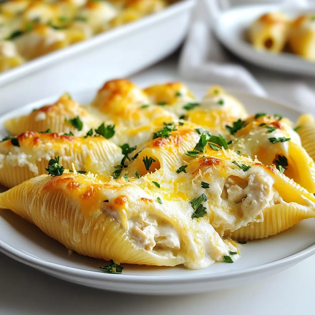 For Chicken Alfredo Stuffed Shells, you need simple, tasty ingredients. Here’s the list: - 20 jumbo pasta shells - 2 cups cooked chicken, shredded - 1 cup ricotta cheese - 1 cup mozzarella cheese, shredded - 1/2 cup Parmesan cheese, grated - 2 cups Alfredo sauce (store-bought or homemade) - 1 teaspoon garlic powder - 1 teaspoon Italian seasoning - Salt and pepper to taste - Fresh parsley, chopped (for garnish) These ingredients create a creamy, flavorful dish that warms your heart. The jumbo shells hold the filling well. You can use any cooked chicken, like rotisserie or grilled. Ricotta brings creaminess, while mozzarella adds stretch and flavor. Parmesan gives a nice depth of taste. You can choose store-bought Alfredo sauce for quick prep. If you have time, making your own sauce adds a personal touch. The seasonings enhance the dish and make it shine. Fresh parsley on top adds a pop of color and freshness. These ingredients work together to make a dish that feels special, yet it is easy to prepare. Each bite is rich, creamy, and full of flavor. Enjoy cooking and savoring this wonderful meal! {{ingredient_image_1}} Start by preheating your oven to 375°F (190°C). This step is key. A hot oven helps the cheese melt and the flavors to blend well. Next, fill a large pot with water and add salt. Bring it to a boil. Once boiling, add your jumbo pasta shells. Cook them according to the package directions until they are al dente. This means they should be firm but cooked. After cooking, drain the shells and let them cool for a bit. In a mixing bowl, combine the cooked, shredded chicken with ricotta cheese. Add half of the mozzarella cheese and the grated Parmesan cheese. Next, sprinkle in garlic powder, Italian seasoning, salt, and pepper. Mix everything well until all the ingredients are combined. This filling is creamy and packed with flavor. Now, take each cooled pasta shell. Use a spoon to fill each shell with a generous amount of the chicken mixture. Make sure each shell is well-filled. This is where the magic happens, as each bite will be a burst of taste. Grab a 9x13-inch baking dish. Spread 1 cup of Alfredo sauce evenly on the bottom. This will keep the shells from sticking. Place the stuffed shells on top of the sauce. Once arranged, pour the remaining Alfredo sauce over the shells. This adds creaminess throughout the dish. Cover the baking dish with aluminum foil. Bake in the preheated oven for 25 minutes. After that, remove the foil and bake for another 10-15 minutes. You want the cheese to be bubbling and golden. This step creates a lovely crust on top. Enjoy the aroma that fills your kitchen! To cook pasta shells well, start with a big pot. Use plenty of water and add salt. This helps the shells gain flavor. Bring the water to a boil before adding the shells. Cook them until they are al dente, which means they have a slight bite. Drain them gently, so they do not break. Let them cool for a short time. This helps when you stuff them. To ensure the cheese melts just right, use fresh cheeses. Fresh mozzarella works best for a gooey texture. Mix the cheese with the filling well. When you bake the shells, cover them with foil for the first part of baking. This keeps moisture in and helps the cheese melt. Remove the foil later to let the cheese brown and get bubbly. If you're short on time, using store-bought Alfredo sauce is a great choice. It saves a lot of prep time. You can also use rotisserie chicken for the filling. This makes the recipe quick and easy. Pre-cooked chicken adds flavor without extra work. Look for a good quality sauce for the best taste. Pro Tips Use Homemade Alfredo Sauce: For a richer flavor, consider making your own Alfredo sauce. It’s simple and can elevate the dish significantly. Don’t Overcook the Shells: Cook the pasta shells until al dente, as they will continue to cook in the oven. This prevents mushy shells. Experiment with Cheese: Feel free to mix different types of cheese like provolone or fontina for a unique flavor profile. Let it Rest: Allow the dish to cool for a few minutes before serving. This helps the sauce thicken and makes it easier to serve. {{image_2}} If you want a meatless dish, try using vegetables. Spinach, mushrooms, and zucchini make great fillings. You can mix these veggies with ricotta and mozzarella. This keeps the dish creamy and tasty. You can also add herbs like basil for more flavor. You can switch up the protein in these stuffed shells. Ground turkey or beef works well instead of chicken. Just cook it first, then mix it with the cheeses. For a smoky flavor, try shredded BBQ chicken. You can even use cooked shrimp for a seafood twist. While Alfredo sauce is rich, you can try other sauces too. Marinara sauce adds a nice tomato flavor. You can layer it under the shells like you would with Alfredo. Pesto is another tasty option. It gives a fresh, herby taste that pairs well with stuffed shells. Store your Chicken Alfredo stuffed shells in an airtight container. Make sure to let them cool first. Place a layer of plastic wrap over the food before sealing the container. This helps keep the shells fresh. You can store them in the fridge for up to three days. To reheat, preheat your oven to 350°F (175°C). Place the stuffed shells in a baking dish. Cover them with foil to keep moisture in. Heat for about 20 minutes. If you want a crispy top, remove the foil for the last five minutes. You can also microwave individual shells for quick meals. Just add a splash of water to keep them moist. You can freeze Chicken Alfredo stuffed shells for later. Make sure to cool them completely first. Arrange them in a single layer on a baking sheet. Freeze until firm, then transfer them to a freezer-safe bag. Label the bag with the date. They will last for up to three months. When ready to eat, thaw in the fridge overnight. Bake them straight from the freezer, adding a bit more time to heat through. Yes, you can use other pasta shapes. Try using penne or farfalle. Just make sure they can hold the filling. The cooking time may change, so check the package. You can use cottage cheese or cream cheese. Both options work well and add creaminess. You can also try Greek yogurt for a tangy flavor. These stuffed shells last for about three to four days in the fridge. Store them in an airtight container. Make sure they cool completely before storing. Yes, you can use low-fat cheese and a lighter Alfredo sauce. You can also add more veggies, like spinach or zucchini, to boost nutrition. This post covered making tasty stuffed pasta shells. We discussed key ingredients like jumbo shells, chicken, and cheeses. I shared steps from cooking shells to baking the dish. Tips helped ensure perfect cheese melt and quicker prep. I also explored fun variations, like vegetarian choices and marinara sauce. For leftovers, I provided smart storage tips, too. Stuffed shells are versatile and crowd-pleasing. Enjoy creating your own unique dish!