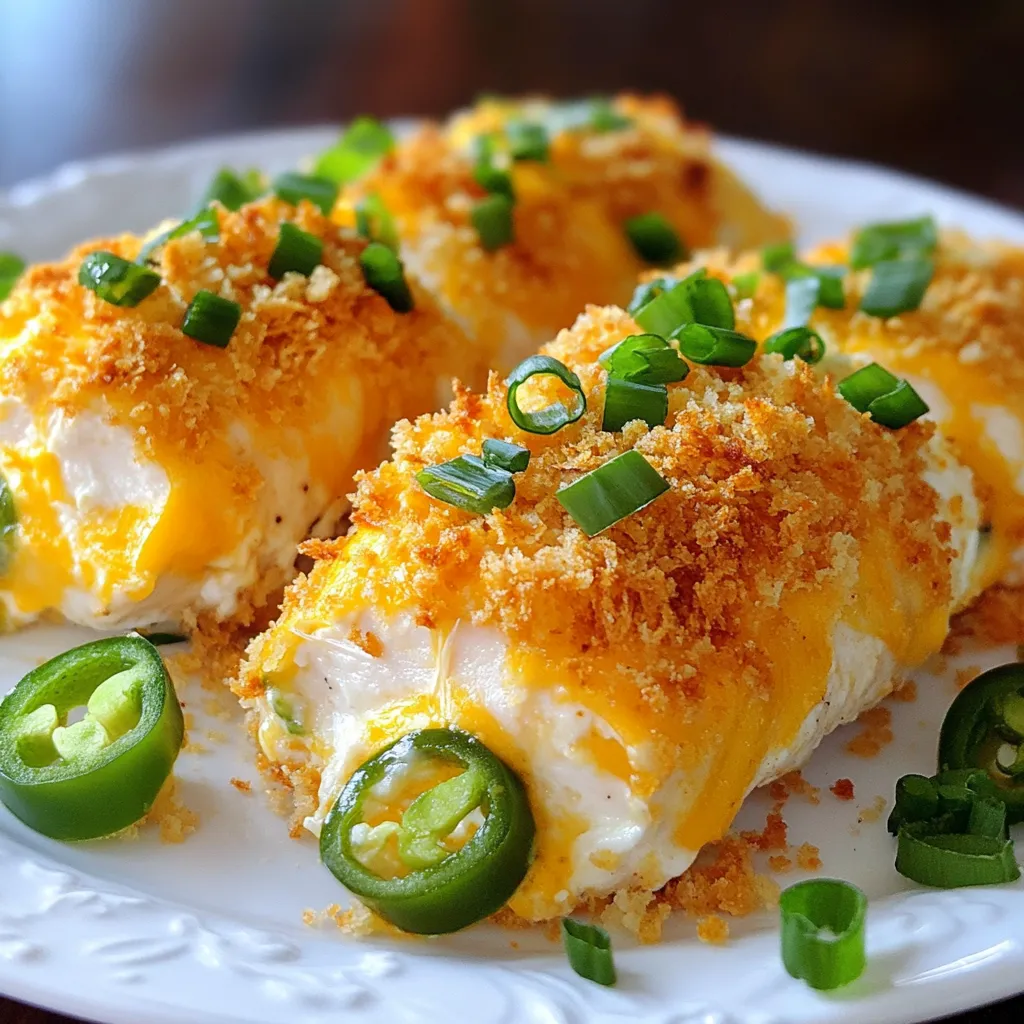 - 4 boneless, skinless chicken breasts - 1 cup cream cheese, softened - 1 cup shredded sharp cheddar cheese - 1/2 cup diced fresh jalapeños (seeds removed for milder heat) - 1/2 cup breadcrumbs - 1/4 cup green onions, chopped - 2 tablespoons olive oil - 1 teaspoon garlic powder - 1 teaspoon onion powder - Salt and pepper to taste Gathering your ingredients sets the stage for a tasty Jalapeño Popper Chicken Bake. Each item plays a key role in building flavor. The chicken breasts act as a canvas, holding the creamy, cheesy filling. Cream cheese adds richness, while sharp cheddar brings a bold flavor. Fresh jalapeños give a spicy kick, but you can remove the seeds for less heat. - Alternative cheese varieties: You can swap in mozzarella for a milder taste. - Options for lower-fat cream cheese: Look for reduced-fat cream cheese if you want a lighter dish. - Non-dairy alternatives: Use cashew cheese or vegan cream cheese for a dairy-free option. Feel free to adjust based on your taste or dietary needs. The key is to keep the flavor vibrant and enjoyable. {{ingredient_image_1}} First, preheat your oven to 400°F (200°C). This high heat will give your chicken a nice finish. Next, grab your chicken breasts and place them in a greased 9x13 inch baking dish. Season both sides with salt, pepper, garlic powder, and onion powder. This step adds great flavor to the chicken before you stuff it. Now, let’s make the filling. In a mixing bowl, combine 1 cup of softened cream cheese, 1 cup of shredded sharp cheddar cheese, and 1/2 cup of diced fresh jalapeños. If you want less heat, make sure to remove the seeds from the jalapeños. Add in 1/4 cup of chopped green onions. Mix everything well until it’s smooth and creamy. The filling should be thick but spreadable, so it fits nicely in the chicken. To stuff the chicken, use a sharp knife to create a pocket in each breast. Take the filling and generously fill each pocket, pressing it down gently. This helps secure the filling inside. For the topping, mix 1/2 cup of breadcrumbs with 2 tablespoons of olive oil in a small bowl. This will help the breadcrumbs brown nicely. Sprinkle the breadcrumb mixture evenly over the stuffed chicken breasts. Now, place the baking dish in the preheated oven. Bake for 25-30 minutes. Check if the chicken is cooked through and the breadcrumbs are golden brown. The chicken should reach an internal temperature of 165°F. Let it rest for 5 minutes after baking, then serve. Enjoy your flavorful Jalapeño Popper Chicken Bake! To keep your chicken juicy, start by seasoning it well. Use salt, pepper, garlic powder, and onion powder. This adds great flavor. Make sure not to overcook it. Chicken should reach 165°F (75°C) at its thickest part. To achieve crispy breadcrumbs, mix them with olive oil. This helps them brown nicely in the oven. For extra flavor, try adding spices like paprika or cumin. These spices kick up the taste. You can use fresh jalapeños for a bright flavor. Pickled jalapeños add a tangy twist. Choose based on your heat preference. Garnish your dish with chopped green onions or slices of jalapeños. This adds color and freshness. Pair the bake with a fresh garden salad or rice. These sides balance the richness of the dish. Pro Tips Choose Your Heat Level: If you prefer a milder dish, deseed and devein the jalapeños. For more heat, leave some seeds in or use a spicier pepper variety. Ensure Even Cooking: Pound the chicken breasts to an even thickness before stuffing to ensure they cook uniformly and remain juicy. Experiment with Cheeses: Try mixing different cheeses like pepper jack or mozzarella for a unique flavor twist. Resting is Key: Let the chicken rest for at least 5 minutes after baking to allow the juices to redistribute, keeping the meat tender. {{image_2}} You can mix things up with Jalapeño Popper Chicken Bake! Try adding veggies like spinach or bell peppers. They add color and flavor. You can also substitute proteins. Use turkey or tofu for a twist. Both options keep it tasty and fun. If you need gluten-free options, use gluten-free breadcrumbs. They work well without losing crunch. For those on a keto diet, swap regular breadcrumbs for almond flour. This keeps your dish low in carbs but full of flavor. You can also cook this dish using a slow cooker or Instant Pot. This method makes it easy and keeps the chicken moist. For a smoky flavor, try grilling the chicken instead. Just make sure to keep the filling inside. This will create a great outdoor meal. To keep your Jalapeño Popper Chicken Bake fresh, store it properly. Once cooled, place leftovers in an airtight container. You can refrigerate them for up to three days. If you want to save some for later, freezing is a great option. Wrap the chicken bake tightly in plastic wrap and then place it in a freezer bag. It can last up to three months in the freezer. Just remember to label it with the date! When you are ready to enjoy your leftovers, reheating is key. The best way to reheat this dish is in the oven. Preheat your oven to 350°F (175°C). Place the chicken bake in an oven-safe dish and cover it with foil to keep it moist. Heat for about 20 minutes. You can also reheat it in the microwave, but the oven keeps the texture better. If using the microwave, heat in short intervals to avoid drying it out. Keeping that creamy filling smooth and the breadcrumbs crunchy is the goal! How long does it take to bake the chicken? It takes about 25-30 minutes to bake the chicken. You want it to reach 165°F (75°C) to be safe. Can I prepare this dish in advance? Yes, you can prepare it ahead of time. Just stuff the chicken and cover it. Store it in the fridge for 1-2 days before baking. What can I substitute for cream cheese? You can use Greek yogurt or cottage cheese for a lighter option. Both will add creaminess. Is it possible to make this dish spicy? Absolutely! Keep the seeds in the jalapeños for more heat. You can also add hot sauce to the filling. Can leftovers be frozen? Yes, leftovers freeze well. Place them in an airtight container. They can last for up to 3 months in the freezer. This blog post covered how to make a tasty jalapeño popper chicken bake. We explored all the needed ingredients, easy step-by-step instructions, and useful tips. You learned how to adapt the recipe for various diets and cooking methods. This dish checks all the boxes for flavor, fun, and flexibility. I hope you feel inspired to try this recipe. With the right care, your chicken bake can shine at any meal. Enjoy this delicious dish with family and friends!