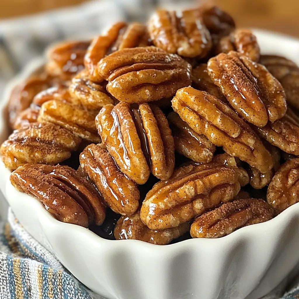 For Maple Cinnamon Roasted Pecans, you will need: - 2 cups pecan halves - 1/4 cup pure maple syrup - 1 teaspoon ground cinnamon - 1/2 teaspoon vanilla extract - 1/4 teaspoon salt - 1/4 teaspoon cayenne pepper (optional) When measuring ingredients, use dry measuring cups for solids. For liquids, use a liquid measuring cup. Always level off the tops for precise amounts. This ensures that your pecans will roast evenly and taste just right. If you don’t have pecans, walnuts or almonds work well. You can swap maple syrup for honey if needed. For a different spice, try nutmeg or allspice instead of cinnamon. If you prefer no spice, just omit the cayenne. Each change can give a fun twist to your snack! {{ingredient_image_1}} Start by preheating your oven to 350°F (175°C). This step is key for even roasting. Next, take a baking sheet and line it with parchment paper. This will help prevent sticking. Now, grab a large mixing bowl. In it, combine the following ingredients: - 1/4 cup pure maple syrup - 1 teaspoon ground cinnamon - 1/2 teaspoon vanilla extract - 1/4 teaspoon salt - 1/4 teaspoon cayenne pepper (optional) Mix these ingredients well until they blend nicely. This mix gives the pecans their sweet and spicy flavor. Once your mixture is ready, add 2 cups of pecan halves to the bowl. Toss the pecans until they’re fully coated with the maple mixture. This ensures every bite is tasty. Then, spread the pecans in a single layer on your prepared baking sheet. Now, it’s time to roast! Place the baking sheet in the oven. Roast the pecans for about 10 to 12 minutes. Stir them halfway through to ensure they roast evenly. Keep an eye on them. You want them golden brown and fragrant, not burnt. After roasting, remove the baking sheet from the oven. Let the pecans cool completely on the sheet. They will become crunchy as they cool. If you see any clusters, break them apart gently. Now, you can store your pecans in an airtight container. They make a great snack or topping for salads and desserts. For serving, place them in a decorative bowl. A sprinkle of cinnamon on top adds a nice touch. Enjoy your delicious Maple Cinnamon Roasted Pecans! To get the best flavor and crunch, watch the roasting time closely. Set your oven to 350°F. Spread the pecans evenly on the baking sheet. Stir them halfway through cooking. This helps them roast evenly. Aim for a golden color. They should smell great, too. If they smell burnt, take them out right away. This snack needs just 10-12 minutes to reach perfection. Once your pecans cool, store them in an airtight container. This keeps them fresh and crunchy. They can last for about two weeks at room temperature. If you want, you can freeze them for longer storage. Just make sure they are in a tight bag or container. When you are ready to eat them again, let them thaw at room temperature. Want to add some extra flavor? You can mix in spices like nutmeg or ginger. A pinch of sea salt brings out the sweetness, too. If you like heat, cayenne pepper works well. Just use it lightly, so it does not overpower the maple taste. Feel free to experiment and find your favorite mix! Pro Tips Watch the Roasting Time: Keep a close eye on the pecans while roasting, as they can go from perfectly toasted to burnt very quickly. Stirring halfway through helps ensure even cooking. Customize Your Spice Level: If you love a bit of heat, don’t hesitate to increase the amount of cayenne pepper or even add a pinch of smoked paprika for a smoky flavor. Try Different Nuts: This recipe isn’t just for pecans! Experiment with walnuts or almonds for a delightful twist on flavors and textures. Storage Tips: Once cooled, store the roasted pecans in an airtight container at room temperature for up to two weeks to maintain their crunchiness. {{image_2}} You can add fun flavors by using herbs. Try rosemary or thyme for a twist. Just mix 1-2 teaspoons of chopped herbs into the maple syrup mix. This adds a savory touch. It’s great for a snack or a salad topping. The herbs balance the sweet maple and cinnamon. Want to make your pecans even sweeter? You can mix in chocolate or coconut. For chocolate, add mini chocolate chips after roasting. This gives a rich, sweet taste. If you love coconut, sprinkle in some shredded coconut before roasting. This adds a chewy texture and tropical flavor. Pecans are just one choice. You can mix in other nuts too! Try almonds, walnuts, or cashews. Use equal parts of each nut for a tasty mix. This brings different flavors and crunch to your snack. It’s a fun way to enjoy your roasted nuts! To keep your Maple Cinnamon Roasted Pecans fresh, store them in an airtight container. Make sure the container is dry and clean. Place it in a cool, dark place, like a pantry or cupboard. Avoid areas with heat and moisture, as they can make the pecans soft. When stored properly, roasted pecans can last up to two weeks. After that, they may lose their crunch and flavor. If you want them to last longer, consider freezing them. In the freezer, they can stay fresh for up to six months. If your pecans lose some crispness, you can easily bring that back. Preheat your oven to 350°F (175°C). Spread the pecans on a baking sheet in a single layer. Heat them for about 5 to 7 minutes. Keep an eye on them to avoid burning. Once they smell great and look golden, they're ready to enjoy again! Yes, you can use raw pecans. However, roasting brings out their flavor and crunch. The recipe works best with raw pecans, as you will add the maple mixture before roasting them. Watch for the color and smell. The pecans should be golden brown and smell nutty. They usually take about 10-12 minutes to roast. Stir them halfway to ensure even cooking. Yes, these pecans are a healthy snack! Pecans are full of good fats, fiber, and protein. Maple syrup adds sweetness without refined sugar. Just remember to enjoy them in moderation. This recipe cannot be made completely nut-free. However, you can swap pecans with seeds like pumpkin or sunflower. Keep in mind that the flavor and texture will change. This blog post covered how to roast pecans with ease. You learned about key ingredients, measurements, and useful substitutions. I provided step-by-step instructions, plus tips for perfect roasting and storing leftovers. You can add savory herbs or sweet treats for variations. Remember ideal conditions for storage and how to reheat your nuts. By following these tips, you can enjoy delicious roasted pecans anytime! Happy cooking!