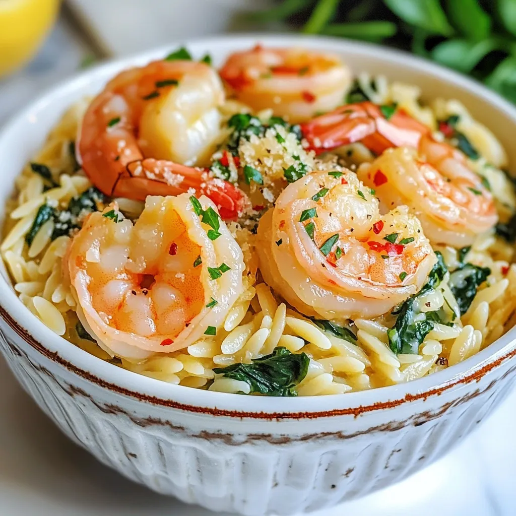 To make Lemon Garlic Shrimp Orzo, gather these items: - 1 cup orzo pasta - 1 pound large shrimp, peeled and deveined - 3 tablespoons olive oil - 4 cloves garlic, minced - 1 teaspoon red pepper flakes (adjust to taste) - Juice of 2 lemons - Zest of 1 lemon - 2 cups spinach, roughly chopped - 1/4 cup fresh parsley, chopped - Salt and pepper to taste - Grated Parmesan cheese (optional, for serving) Each ingredient plays a role in creating a fresh and zesty dish. The shrimp adds protein, while orzo brings a hearty base. Not all ingredients must be exact. Here are some swaps: - Orzo pasta: You can use any small pasta like couscous or quinoa. - Shrimp: Chicken or tofu works well if you want a different protein. - Olive oil: Avocado oil or butter can replace olive oil. - Spinach: Kale or arugula can stand in for spinach. - Lemon juice: Lime juice gives a different twist. These substitutions let you adapt the recipe to your pantry. Quality matters in cooking. Here are some brands I trust: - Orzo pasta: De Cecco or Barilla offer great options. - Shrimp: Look for wild-caught shrimp from places like Whole Foods. - Olive oil: Extra virgin olive oil from California is top-notch. - Parmesan cheese: Grana Padano is a good choice if you can't find Parmesan. Using good ingredients makes a big difference in taste and quality. Always check the labels for freshness and sourcing. {{ingredient_image_1}} 1. Start by boiling a large pot of salted water. This helps the orzo taste great. 2. Add 1 cup of orzo pasta to the water. Cook it until it is al dente, about 8-10 minutes. 3. Drain the orzo but save about 1/2 cup of the water. This water helps bring the dish together later. 4. In a big skillet, heat 2 tablespoons of olive oil over medium-high heat. 5. Add 4 cloves of minced garlic and 1 teaspoon of red pepper flakes. Sauté for about 30 seconds. This brings out the flavor. 6. Now, add 1 pound of large shrimp to the skillet. Cook for 2-3 minutes until they turn pink on one side. 7. Flip the shrimp and squeeze the juice of one lemon over them. Season with salt and pepper. 8. Once the shrimp are fully cooked, add the drained orzo to the skillet. 9. Pour in the remaining tablespoon of olive oil, the lemon zest, and the reserved pasta water. Toss everything well. 10. Gently mix in 2 cups of chopped spinach and 1/4 cup of chopped parsley. Cook just until the spinach wilts. 11. Taste and adjust the seasoning with more salt, pepper, or lemon juice if you want. 12. Serve the dish right away. You can add more parsley and grated Parmesan cheese on top if you like. - Always salt the water before cooking orzo. This adds flavor to the pasta. - Do not overcook the shrimp. They should be pink and firm, not rubbery. - Reserve some pasta water. It helps with the sauce for the dish. - Make sure to toss everything well. This ensures every bite is tasty. - A large pot for boiling orzo. - A big skillet for cooking the shrimp. - A colander for draining the orzo. - A citrus juicer for squeezing lemons. - A cutting board and knife for chopping garlic, spinach, and parsley. Following these steps helps you create a Lemon Garlic Shrimp Orzo that is both simple and delightful. Enjoy your meal! To boost the taste of your Lemon Garlic Shrimp Orzo, focus on fresh ingredients. Use fresh garlic instead of powdered garlic for a bold flavor. Adding freshly squeezed lemon juice brightens the dish. You can also experiment with herbs. Fresh parsley adds a nice touch, but you might try basil or dill for a twist. If you love heat, increase the red pepper flakes. Just a pinch can elevate the dish. Cooking shrimp just right is key. Start with medium-high heat. Cook the shrimp for about 2-3 minutes on each side. Look for that lovely pink color. If you overcook them, they become rubbery. To avoid this, keep an eye on the time and the color. Remember, shrimp cook fast! Also, add the lemon juice after flipping them. This keeps the shrimp juicy and full of flavor. Many home cooks make simple errors. One big mistake is overcrowding the pan. If you add too many shrimp at once, they will steam instead of sear. This will ruin that great texture you want. Another mistake is not seasoning well. Salt and pepper are your friends. Taste as you go, and don’t skip the lemon juice. Finally, make sure to reserve some pasta water. It helps bind the orzo and shrimp together, making the dish creamy without heavy sauces. Pro Tips Use Fresh Shrimp: Fresh shrimp not only taste better but also have a firmer texture. If possible, buy shrimp from a reputable fish market. Adjust the Spice: The red pepper flakes can be adjusted based on your spice tolerance. Start with a small amount and add more if you prefer a spicier dish. Perfectly Cooked Orzo: Make sure to cook the orzo until al dente to prevent it from becoming mushy when mixed with the shrimp and sauce. Garnish for Flavor: Adding fresh parsley and grated Parmesan cheese not only enhances the dish visually but also adds a burst of flavor. {{image_2}} If you need a gluten-free version, swap orzo with rice or quinoa. Both work well and keep the dish light. For a vegan twist, replace shrimp with chickpeas or tofu. Use vegetable broth instead of water for cooking grains and skip the cheese. These swaps maintain great flavor while meeting dietary needs. You can play with flavors by changing a few ingredients. Instead of shrimp, try scallops or chicken for a different protein. For a kick, use garlic powder or onion powder. Instead of spinach, add kale or arugula for a peppery taste. If you want a richer flavor, add sun-dried tomatoes or olives. Lemon garlic shrimp orzo pairs well with many sides. A simple green salad with a light vinaigrette complements the meal. Roasted veggies, like asparagus or bell peppers, add color and nutrients. For a heartier option, serve with crusty bread to soak up the sauce. Each choice enhances the dish while keeping it balanced. To keep your Lemon Garlic Shrimp Orzo fresh, use an airtight container. Let the dish cool to room temperature first. Then, store it in the fridge. If you plan to enjoy leftovers later, divide the orzo and shrimp into smaller portions. This way, you can take out just what you need. When you are ready to reheat, you have a few options. The microwave works well. Place the orzo in a microwave-safe dish, cover it loosely, and heat for 1-2 minutes. Stir halfway through. You can also use a skillet. Add a splash of water or broth to keep it moist. Heat over low to medium heat, stirring gently until warm. Lemon Garlic Shrimp Orzo lasts about 3 days in the fridge. Check for freshness before eating. If you see any change in color or smell, it is best to discard it. You can also freeze the orzo for up to 3 months. Just remember, the shrimp may change texture after freezing. You can add more red pepper flakes to the dish. Start with an extra half teaspoon. For even more heat, try adding diced jalapeños or hot sauce. These options bring a kick without altering the dish's flavor. Just remember to adjust slowly, tasting as you go. Yes, you can use frozen shrimp. Just make sure to thaw them first. Place the shrimp in cold water for about 15 minutes. This method works well and saves time. Once thawed, follow the recipe as usual. The shrimp will cook up just as fresh ones do. If you can't find orzo, consider using rice or quinoa. Both options work well and have a nice texture. You can also use any small pasta shape, like ditalini or couscous. These substitutes can give your dish a unique twist while keeping it delicious. In this blog post, I covered how to make Lemon Garlic Shrimp Orzo. We started with a full list of ingredients and the best substitutes. Then, I provided a step-by-step guide, along with essential tips and tools. I shared ways to enhance flavors and avoid common mistakes. You can also explore dietary modifications and serving suggestions. Finally, we discussed how to store and reheat leftovers. With these insights, you're ready to cook and enjoy a delicious meal. Make it your own, and happy cooking!