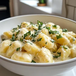 To make this creamy dish, gather these key ingredients: - 1 package (16 oz) cauliflower gnocchi (store-bought) - 2 cups cauliflower florets (fresh or frozen) - 1 cup vegetable broth - 1 cup heavy cream (or coconut cream for a dairy-free option) - 1 cup grated parmesan cheese (or nutritional yeast for a vegan option) - 2 garlic cloves, minced - 1 tablespoon olive oil - 1 teaspoon onion powder - 1/2 teaspoon nutmeg - Salt and pepper to taste - Fresh parsley, chopped for garnish These ingredients work together to create a rich and smooth sauce. The cauliflower gnocchi gives a great texture. The heavy cream adds depth. Parmesan cheese brings umami flavor, while garlic and nutmeg enhance the taste. You can make this dish your own with these optional ingredients: - Fresh herbs like basil or thyme - Lemon zest for brightness - Red pepper flakes for heat - Cooked chicken or shrimp for protein Feel free to add any of these ingredients to fit your taste. Fresh herbs can elevate the dish. Lemon zest adds a nice zing. Red pepper flakes can bring a fun kick. If you want a dairy-free or vegan option, try these substitutions: - Use coconut cream instead of heavy cream. - Swap parmesan cheese for nutritional yeast. These changes keep the dish creamy and delicious. You won’t miss the dairy. The flavors remain rich and satisfying. Enjoy your meal without worry! {{ingredient_image_1}} First, we need to cook the cauliflower. If you use fresh cauliflower, cut it into florets. Steam them until tender, which takes about 8 to 10 minutes. If you choose frozen cauliflower, follow the package instructions for boiling or steaming. This step is key for a smooth sauce. Next, transfer the cooked cauliflower to a blender. Add 1 cup of vegetable broth and 1 cup of heavy cream, or coconut cream if you want a dairy-free dish. Toss in 2 minced garlic cloves, 1 teaspoon of onion powder, and 1/2 teaspoon of nutmeg. Season with salt and pepper. Blend until it becomes smooth and creamy. Taste the sauce and adjust the seasoning as needed. In a large pot, bring salted water to a boil. Once boiling, add the package of cauliflower gnocchi. Cook according to the package instructions, which is usually about 2 to 3 minutes. The gnocchi are done when they float to the top. Drain them and set aside for later. Now, heat 1 tablespoon of olive oil in a pan over medium heat. Pour in your creamy cauliflower sauce and stir it until warm. Add 1 cup of grated parmesan cheese, stirring until melted and combined. Finally, gently fold in the cooked gnocchi, coating them evenly with the sauce. Let everything simmer together for another 2 to 3 minutes. This melds the flavors beautifully. To serve, spoon the Cauliflower Gnocchi Alfredo into bowls. For a nice touch, garnish with chopped fresh parsley and extra parmesan cheese if you like. This dish not only looks great but tastes even better! To cook cauliflower gnocchi well, bring a large pot of salted water to a boil. Once it's boiling, add the gnocchi. Watch them closely. They usually take about 2-3 minutes. You know they are done when they float to the top. This means they are ready. Drain them gently and set aside. This step helps keep their shape and texture. For a smooth and creamy sauce, steam the cauliflower florets until they are tender. This takes about 8-10 minutes for fresh cauliflower. If you use frozen, follow the package instructions. After cooking, transfer the florets to a blender. Add vegetable broth, heavy cream, minced garlic, onion powder, nutmeg, salt, and pepper. Blend until completely smooth. If the sauce seems too thick, add a bit more broth or cream. Adjust the seasoning to taste before combining with the gnocchi. For a beautiful finish, garnish your dish with fresh chopped parsley. This adds a nice pop of color. You can also sprinkle extra parmesan cheese on top for added flavor. If you want more crunch, consider adding toasted pine nuts or walnuts. These toppings not only look good but also enhance the taste. Serve your Cauliflower Gnocchi Alfredo in bright bowls to make it even more appealing. Pro Tips Use Fresh Cauliflower: For the best flavor and texture, opt for fresh cauliflower instead of frozen. It will enhance the creaminess of your sauce. Blend for Texture: Ensure your cauliflower sauce is thoroughly blended for a silky-smooth texture that mimics traditional Alfredo sauce. Adjust Creaminess: If you prefer a richer sauce, feel free to add more heavy cream or coconut cream until you reach your desired consistency. Garnish Creatively: Elevate your dish with unique garnishes like toasted pine nuts or a sprinkle of red pepper flakes for added flavor and visual appeal. {{image_2}} You can change the flavor of the sauce to fit your taste. For a richer taste, add more parmesan cheese. You can swap heavy cream for coconut cream if you want it dairy-free. Want a garlic kick? Add more minced garlic! You can also mix in herbs like basil or thyme for freshness. Adding veggies can make this dish healthier. Try spinach, broccoli, or mushrooms. Sauté them lightly before mixing them into the sauce. If you want protein, grilled chicken or shrimp works great. You can also add chickpeas for a plant-based option. Just mix them in when combining the gnocchi and sauce. If you like spice, add red pepper flakes to your sauce. Start with a pinch and taste. You can also use hot sauce to kick it up a notch. For a smoky flavor, try adding chipotle powder. Adding these ingredients can make your Cauliflower Gnocchi Alfredo exciting and bold. After enjoying your Cauliflower Gnocchi Alfredo, you may have some tasty leftovers. To store them, let the dish cool down first. Transfer it to an airtight container. Keep it in the fridge for up to three days. This way, the flavors stay fresh, and the gnocchi remains soft. To reheat your leftovers, I recommend using the stove. Place the gnocchi in a pan over low heat. Add a splash of vegetable broth or cream to keep it moist. Stir gently until warmed through. This method helps maintain the creamy texture and rich flavor. Avoid using a microwave, as it can make the gnocchi tough. If you want to save some for later, freezing is a great option. First, let the dish cool completely. Then, portion it into freezer-safe bags or containers. Remove as much air as possible before sealing. You can freeze the gnocchi Alfredo for up to three months. When you’re ready to eat, thaw it overnight in the fridge. Reheat on the stove for the best taste. Cauliflower gnocchi is a tasty twist on the classic potato version. It uses cauliflower as the main ingredient. This makes it lighter and lower in carbs. You can buy it ready-made at many stores. It has a soft, pillowy texture. It pairs well with many sauces, like the creamy Alfredo in this recipe. Yes, you can prepare parts of this dish ahead. You can cook the cauliflower and blend the sauce earlier. Store the sauce in the fridge for up to three days. When you want to eat, cook the gnocchi and warm the sauce. This saves time on busy nights. This recipe is naturally gluten-free if you use store-bought cauliflower gnocchi. Always check the label to be safe. If you choose to make your own gnocchi, use gluten-free flour. This keeps the dish safe for anyone with gluten allergies. Cauliflower gnocchi offers many health benefits. It has fewer carbs than regular gnocchi. It also adds extra fiber to your meal. Cauliflower is rich in vitamins C and K, which support your immune system. This dish is a great way to enjoy comfort food without feeling heavy. You learned how to make delicious cauliflower gnocchi Alfredo. We covered key ingredients, cooking steps, and tips for the best results. You can also explore variations and storage tips to enjoy this dish later. Don't forget, this recipe can fit your dietary needs with simple swaps. With its creamy sauce and endless possibilities, cooking becomes fun and tasty. I hope you feel inspired to try making this dish and experiment with your flavors! Enjoy your cooking journey!