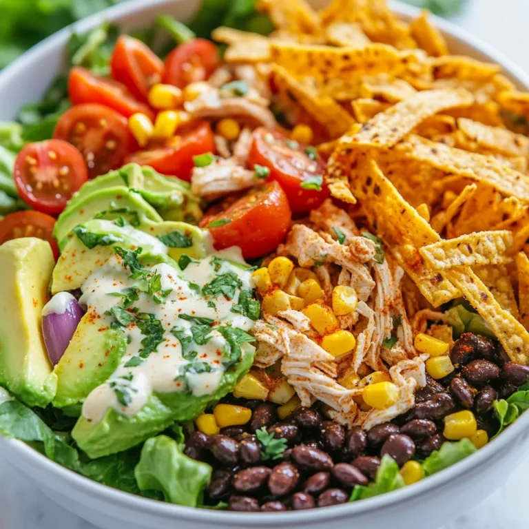 To make a tasty Southwest Chicken Salad, gather these items: - 2 cups cooked, shredded chicken breast - 1 can (15 oz) black beans, rinsed and drained - 1 cup cherry tomatoes, halved - 1 cup corn (fresh or frozen) - 1 red bell pepper, diced - 1 avocado, diced - ½ cup red onion, finely chopped - 1 cup romaine lettuce, chopped - ½ cup cilantro, chopped - ½ cup Greek yogurt (as a dressing base) - 2 tablespoons lime juice - 1 teaspoon chili powder - 1 teaspoon cumin - Salt and pepper to taste - Tortilla strips for garnish You can change things up in this salad. Here are some ideas: - Use grilled chicken instead of boiled. - Swap black beans for kidney or pinto beans. - Add jalapeños for heat. - Replace Greek yogurt with sour cream or avocado dressing. - Use any lettuce you like, such as spinach or mixed greens. This salad is not just tasty, but also good for you. Here’s a quick look at its nutrition: - Chicken: Great source of protein. - Black Beans: Rich in fiber and iron. - Avocado: Packed with healthy fats. - Corn: Provides vitamins and a sweet crunch. - Vegetables: Add vitamins, minerals, and fiber. - Greek Yogurt: Offers protein and probiotics. This salad keeps you full and nourished. Enjoy making and eating it! {{ingredient_image_1}} 1. Start with a large bowl. Add the shredded chicken, black beans, cherry tomatoes, corn, red bell pepper, diced avocado, red onion, and chopped romaine lettuce. 2. Mix all the ingredients gently. You want everything to blend well but stay whole. 3. Once mixed, set the bowl aside. This lets the flavors mingle as you prepare the dressing. 4. Chill the salad in the fridge for 15-20 minutes. This step makes it taste even better! - Use leftover chicken for ease. It saves time and adds flavor. - If you cook chicken fresh, boil it first. Cook it until it’s no longer pink. - After cooking, let it cool slightly. Then, use two forks to shred it easily. - For a fun twist, try using a stand mixer. Just a few seconds on low speed works wonders! 1. Take a small bowl. Add Greek yogurt, lime juice, chili powder, cumin, salt, and pepper. 2. Mix these ingredients until they turn smooth and creamy. A whisk works best for this. 3. Taste the dressing. Adjust salt or lime juice as you like. The flavor should be fresh and zesty. 4. Drizzle the creamy dressing over the chicken salad. Toss gently to coat all ingredients evenly. Enjoy the process and have fun with your Southwest Chicken Salad! To boost the taste of your salad, add spices. Try smoked paprika for a smoky kick. You can also mix in garlic powder or onion powder for depth. A pinch of cayenne pepper adds heat without overpowering. Always taste as you go. Adjust spices based on your preference. You can prep this salad a day in advance. Mix all the salad ingredients except the avocado and tortilla strips. Store them in a bowl, cover tightly, and place in the fridge. Make the dressing and keep it separate. Before serving, add the avocado and dressing. This keeps everything fresh and tasty. Serve this salad in a colorful bowl. It looks great with vibrant veggies. You can also add extra toppings. Crumbled feta or sliced jalapeños add flair. Pair it with lime wedges for a fresh burst. Guests will love the crunch of tortilla strips on top. Pro Tips Use Fresh Ingredients: For the best flavor, opt for fresh vegetables and herbs. They enhance the taste and texture of the salad. Customize Your Protein: Feel free to substitute the chicken with grilled shrimp or blackened tofu for a different protein source. Make It Ahead: Prepare the salad a few hours in advance and store it in the fridge to allow the flavors to meld beautifully. Spice It Up: Adjust the chili powder and cumin according to your spice preference. Add jalapeños for an extra kick! {{image_2}} You can make this salad without chicken. Use black beans or chickpeas for protein. Add grilled veggies for flavor. Roasted corn or sweet potatoes work well, too. You might enjoy using quinoa as a base. It adds a nice texture and is very filling. If you want more protein, try adding shrimp or tofu. Grilled shrimp adds a nice touch. Tofu can soak up the dressing well. You can also use turkey or pulled pork instead of chicken. Each choice adds a unique flavor twist to your salad. Mixing in different flavors can make your salad special. Try adding diced mango or pineapple for sweetness. A bit of jalapeño can add heat. Consider a sprinkle of feta cheese for a salty kick. You can also switch the dressing. A lime vinaigrette or a spicy ranch can change things up. To keep your Southwest Chicken Salad fresh, store it in an airtight container. This prevents air and moisture from making the salad soggy. If you plan to add tortilla strips, keep them separate. This way, they stay crisp until serving. In the fridge, your salad lasts about three to four days. However, the avocado may brown, so eat it sooner if possible. Check for any off smells or changes in texture before eating. You can freeze the salad, but it's best to freeze only the chicken and beans. Place them in a freezer-safe bag or container. Use them within three months for the best taste. When ready, thaw in the fridge overnight. Add fresh veggies and dressing before serving for a tasty meal. You can use sour cream as a substitute for Greek yogurt. It has a similar texture and tang. If you want a dairy-free option, try using avocado or hummus. Both options add creaminess to the salad. You can also use a dairy-free yogurt made from almond or coconut. Yes, you can use many types of beans. Pinto beans and kidney beans work well in this salad. You can also try chickpeas for a different taste. Just make sure to rinse and drain any canned beans. This keeps your salad fresh and tasty. You can find great Southwest Chicken Salad at many restaurants. Look for places that focus on fresh ingredients. Local diners and cafes often make tasty salads. You can also make it at home for a fresher option. The recipe we shared is easy and fun to make! This blog post covered all you need for a tasty Southwest chicken salad. We explored the key and optional ingredients, step-by-step instructions, and tips for great flavor. You can also find ways to make it ahead and customize it. Don't forget about storage methods to keep leftovers fresh. Enjoy all the delicious options and variations this salad offers. Get creative and make it suit your taste!