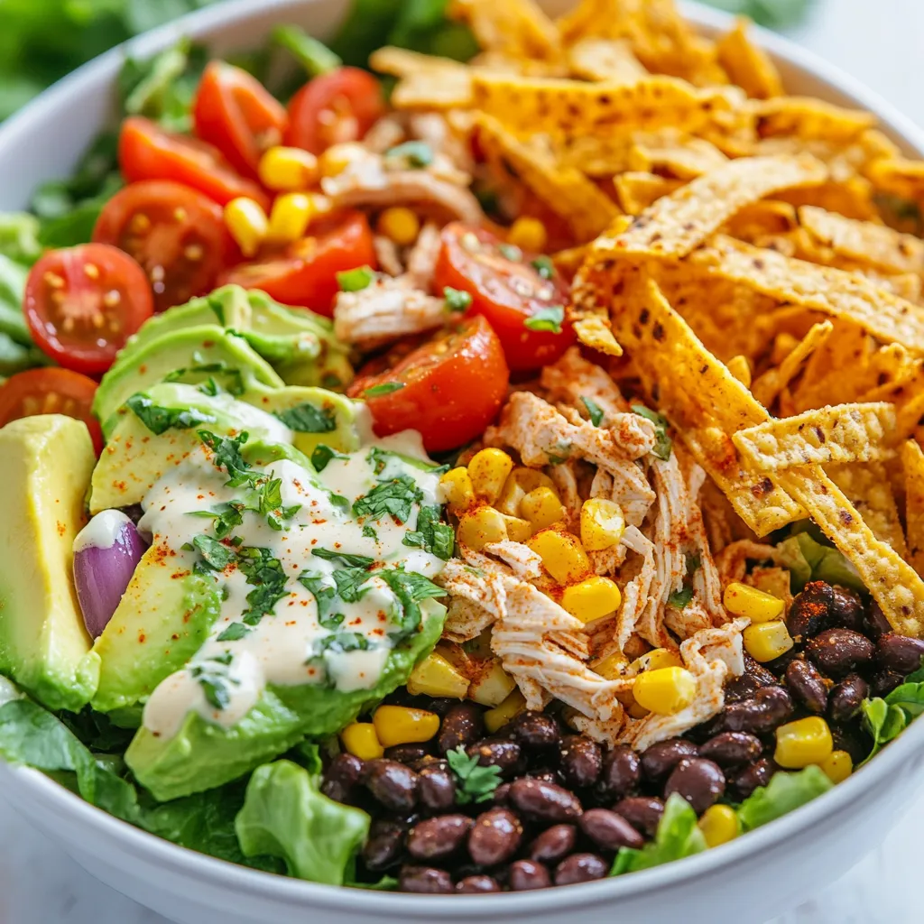 To make a tasty Southwest Chicken Salad, gather these items: - 2 cups cooked, shredded chicken breast - 1 can (15 oz) black beans, rinsed and drained - 1 cup cherry tomatoes, halved - 1 cup corn (fresh or frozen) - 1 red bell pepper, diced - 1 avocado, diced - ½ cup red onion, finely chopped - 1 cup romaine lettuce, chopped - ½ cup cilantro, chopped - ½ cup Greek yogurt (as a dressing base) - 2 tablespoons lime juice - 1 teaspoon chili powder - 1 teaspoon cumin - Salt and pepper to taste - Tortilla strips for garnish You can change things up in this salad. Here are some ideas: - Use grilled chicken instead of boiled. - Swap black beans for kidney or pinto beans. - Add jalapeños for heat. - Replace Greek yogurt with sour cream or avocado dressing. - Use any lettuce you like, such as spinach or mixed greens. This salad is not just tasty, but also good for you. Here’s a quick look at its nutrition: - Chicken: Great source of protein. - Black Beans: Rich in fiber and iron. - Avocado: Packed with healthy fats. - Corn: Provides vitamins and a sweet crunch. - Vegetables: Add vitamins, minerals, and fiber. - Greek Yogurt: Offers protein and probiotics. This salad keeps you full and nourished. Enjoy making and eating it! {{ingredient_image_1}} 1. Start with a large bowl. Add the shredded chicken, black beans, cherry tomatoes, corn, red bell pepper, diced avocado, red onion, and chopped romaine lettuce. 2. Mix all the ingredients gently. You want everything to blend well but stay whole. 3. Once mixed, set the bowl aside. This lets the flavors mingle as you prepare the dressing. 4. Chill the salad in the fridge for 15-20 minutes. This step makes it taste even better! - Use leftover chicken for ease. It saves time and adds flavor. - If you cook chicken fresh, boil it first. Cook it until it’s no longer pink. - After cooking, let it cool slightly. Then, use two forks to shred it easily. - For a fun twist, try using a stand mixer. Just a few seconds on low speed works wonders! 1. Take a small bowl. Add Greek yogurt, lime juice, chili powder, cumin, salt, and pepper. 2. Mix these ingredients until they turn smooth and creamy. A whisk works best for this. 3. Taste the dressing. Adjust salt or lime juice as you like. The flavor should be fresh and zesty. 4. Drizzle the creamy dressing over the chicken salad. Toss gently to coat all ingredients evenly. Enjoy the process and have fun with your Southwest Chicken Salad! To boost the taste of your salad, add spices. Try smoked paprika for a smoky kick. You can also mix in garlic powder or onion powder for depth. A pinch of cayenne pepper adds heat without overpowering. Always taste as you go. Adjust spices based on your preference. You can prep this salad a day in advance. Mix all the salad ingredients except the avocado and tortilla strips. Store them in a bowl, cover tightly, and place in the fridge. Make the dressing and keep it separate. Before serving, add the avocado and dressing. This keeps everything fresh and tasty. Serve this salad in a colorful bowl. It looks great with vibrant veggies. You can also add extra toppings. Crumbled feta or sliced jalapeños add flair. Pair it with lime wedges for a fresh burst. Guests will love the crunch of tortilla strips on top. Pro Tips Use Fresh Ingredients: For the best flavor, opt for fresh vegetables and herbs. They enhance the taste and texture of the salad. Customize Your Protein: Feel free to substitute the chicken with grilled shrimp or blackened tofu for a different protein source. Make It Ahead: Prepare the salad a few hours in advance and store it in the fridge to allow the flavors to meld beautifully. Spice It Up: Adjust the chili powder and cumin according to your spice preference. Add jalapeños for an extra kick! {{image_2}} You can make this salad without chicken. Use black beans or chickpeas for protein. Add grilled veggies for flavor. Roasted corn or sweet potatoes work well, too. You might enjoy using quinoa as a base. It adds a nice texture and is very filling. If you want more protein, try adding shrimp or tofu. Grilled shrimp adds a nice touch. Tofu can soak up the dressing well. You can also use turkey or pulled pork instead of chicken. Each choice adds a unique flavor twist to your salad. Mixing in different flavors can make your salad special. Try adding diced mango or pineapple for sweetness. A bit of jalapeño can add heat. Consider a sprinkle of feta cheese for a salty kick. You can also switch the dressing. A lime vinaigrette or a spicy ranch can change things up. To keep your Southwest Chicken Salad fresh, store it in an airtight container. This prevents air and moisture from making the salad soggy. If you plan to add tortilla strips, keep them separate. This way, they stay crisp until serving. In the fridge, your salad lasts about three to four days. However, the avocado may brown, so eat it sooner if possible. Check for any off smells or changes in texture before eating. You can freeze the salad, but it's best to freeze only the chicken and beans. Place them in a freezer-safe bag or container. Use them within three months for the best taste. When ready, thaw in the fridge overnight. Add fresh veggies and dressing before serving for a tasty meal. You can use sour cream as a substitute for Greek yogurt. It has a similar texture and tang. If you want a dairy-free option, try using avocado or hummus. Both options add creaminess to the salad. You can also use a dairy-free yogurt made from almond or coconut. Yes, you can use many types of beans. Pinto beans and kidney beans work well in this salad. You can also try chickpeas for a different taste. Just make sure to rinse and drain any canned beans. This keeps your salad fresh and tasty. You can find great Southwest Chicken Salad at many restaurants. Look for places that focus on fresh ingredients. Local diners and cafes often make tasty salads. You can also make it at home for a fresher option. The recipe we shared is easy and fun to make! This blog post covered all you need for a tasty Southwest chicken salad. We explored the key and optional ingredients, step-by-step instructions, and tips for great flavor. You can also find ways to make it ahead and customize it. Don't forget about storage methods to keep leftovers fresh. Enjoy all the delicious options and variations this salad offers. Get creative and make it suit your taste!