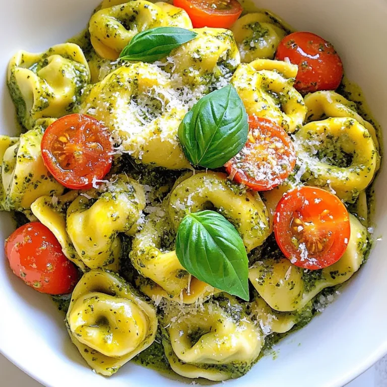 - 12 oz cheese tortellini - 1 cup heavy cream - 1/2 cup basil pesto - 1/4 cup grated Parmesan cheese - 2 tablespoons olive oil - 3 cloves garlic, minced - 1 cup cherry tomatoes, halved - Salt and pepper to taste - Fresh basil leaves for garnish To make this creamy pesto tortellini, start with the main ingredients. Cheese tortellini brings a rich flavor. Heavy cream adds a smooth texture. Basil pesto gives that fresh herb taste we all love. Grated Parmesan cheese adds saltiness and depth. Next, gather additional ingredients. Olive oil is great for sautéing. Minced garlic adds a lovely aroma. Cherry tomatoes bring sweetness and color. Don’t forget salt and pepper; they enhance all the flavors. Fresh basil leaves are perfect for garnish. Now you’re ready to dive into cooking! Each ingredient plays a role in making this dish rich and tasty. Use fresh ingredients for the best flavor. Enjoy each bite of this delightful meal! {{ingredient_image_1}} To cook the tortellini, start by bringing a large pot of salted water to a boil. Add 12 ounces of cheese tortellini to the boiling water. Cook it according to the package instructions until it is al dente. This usually takes about 2 to 3 minutes. Al dente means the pasta is firm but cooked through. Don't overcook it! Once done, drain the tortellini and set it aside. In a large skillet, heat 2 tablespoons of olive oil over medium heat. Add 3 minced garlic cloves and sauté them for about 1 minute until they smell nice. Be careful not to burn the garlic. Next, add 1 cup of halved cherry tomatoes and cook for 3 to 4 minutes until they soften. Then, reduce the heat to low. Pour in 1 cup of heavy cream, stirring gently to mix it with the garlic and tomatoes. Gradually add in 1/2 cup of basil pesto, stirring until it blends well with the cream. Now it's time to toss the cooked tortellini in the creamy sauce. Add the drained tortellini to the skillet and mix it gently to coat each piece with the sauce. Stir in 1/4 cup of grated Parmesan cheese and season with salt and pepper to taste. Let everything cook for an extra 2 to 3 minutes to heat through. When serving, garnish each plate with fresh basil leaves and a sprinkle of Parmesan cheese for a nice finish. Enjoy your meal! - Choosing the right pesto: Select a fresh basil pesto for the best taste. Look for brands with quality ingredients. You can also make your own for a personal touch. - Adding spices or herbs: To boost flavor, add a pinch of red pepper flakes. Fresh herbs like parsley or thyme can also elevate the dish. - Tips for perfect garlic sautéing: Heat the olive oil first before adding garlic. Sauté for just a minute until fragrant. Avoid burning the garlic for a better taste. - Thickening the sauce: If your sauce is too thin, let it simmer longer. This helps the cream reduce and thicken up nicely. - Best ways to serve creamy pesto tortellini: Serve the tortellini in shallow bowls for a lovely presentation. This allows the sauce to shine. - Garnishing ideas: Top with fresh basil leaves and an extra sprinkle of Parmesan. This adds a pop of color and flavor. Pro Tips Perfectly Cook Pasta: Always cook tortellini in a large pot of boiling, salted water to ensure even cooking and prevent sticking. Enhance Flavor: Consider adding a pinch of red pepper flakes to the garlic while sautéing for an extra kick of heat. Customize Your Sauce: Feel free to mix in additional vegetables like spinach or bell peppers for added nutrition and flavor. Make It Creamy: For an even creamier sauce, substitute half of the heavy cream with cream cheese or mascarpone. {{image_2}} You can switch up the tortellini flavors. Try spinach or mushroom tortellini for a twist. If you want a dairy-free option, use coconut cream or cashew cream. Both give a rich texture without dairy. To make your dish heartier, add protein. Chicken or shrimp works great. Just cook them in the skillet before adding the garlic. For more veggies, toss in spinach or bell peppers. They add color and nutrients to your meal. If you want a creamless option, use vegetable broth instead of cream. This keeps the flavor but cuts down on calories. You can also experiment with different types of pesto. Try sun-dried tomato pesto or arugula pesto for new flavors. To store leftovers of creamy pesto tortellini, let it cool first. Transfer it into an airtight container. Make sure to keep it in the fridge. It can last up to three days. When you want to reheat, use a skillet over low heat. Add a splash of cream or water to keep it moist. Stir occasionally to heat evenly. You can also use the microwave. Heat in short bursts, stirring in between. Freezing creamy pesto tortellini is easy. First, let it cool completely. Then, put it in a freezer-safe container. Label the container with the date. It can stay frozen for up to three months. To thaw, move it to the fridge overnight. For quicker thawing, place it in cold water. After thawing, reheat in a skillet with a bit of cream. Stir often to warm it through. Enjoy your tasty meal later! To make this dish vegetarian, skip any meat. The cheese tortellini adds great flavor. You can add more veggies like spinach, zucchini, or bell peppers. They will cook quickly and add extra color. A sprinkle of nuts, like pine nuts, can add crunch too. This meal pairs well with several sides. A simple green salad adds freshness. Garlic bread is a great choice for some crunch. You can also serve steamed veggies, like broccoli or green beans, for added nutrition. A light soup can round out the meal nicely. Yes, store-bought pesto works well. Choose a high-quality brand for the best taste. Check the ingredients, and pick one with fresh basil and no added preservatives. Just mix it into the cream as you would with homemade pesto. This saves time and still delivers great flavor. This blog post showed you how to make creamy pesto tortellini. We covered the main and additional ingredients, plus step-by-step cooking instructions. You learned tips for enhancing flavor and different ways to serve this dish. We also discussed variations and storage options. I hope you feel ready to create your own pasta dish. Enjoy experimenting with flavors and sharing this meal with others. Cooking can be simple and fun!