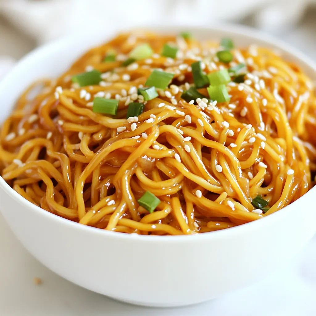 - 8 oz (225g) spaghetti or any noodle of choice - 4 tablespoons sesame oil - 4 garlic cloves, minced - 1 inch piece ginger, grated - 2 tablespoons soy sauce - 2 tablespoons rice vinegar The main ingredients form the base of your dish. The noodles provide the heartiness. Sesame oil adds a nutty flavor. Garlic and ginger give it a rich aroma. Soy sauce and rice vinegar bring in umami and tang. - 2 tablespoons chili paste (adjust for heat preference) - 1 tablespoon honey or maple syrup - 1 tablespoon toasted sesame seeds - 3 green onions, sliced - Fresh cilantro, for garnish (optional) Optional ingredients allow you to customize your dish. Chili paste boosts the heat. Honey or maple syrup adds sweetness. Toppings like toasted sesame seeds and green onions add crunch and flavor. Fresh cilantro brightens the dish. - Large pot for boiling noodles - Skillet for sauce preparation - Measuring cups and spoons Having the right tools makes cooking easier. A large pot helps boil noodles properly. A skillet is key for making your sauce. Measuring cups and spoons ensure you use the right amounts. {{ingredient_image_1}} To cook the noodles, start by bringing a large pot of salted water to a boil. This step is key for flavor. Once boiling, add your 8 oz of spaghetti or your chosen noodle. Stir often to prevent sticking. Boil the noodles for about 8-10 minutes, or until they are al dente. Al dente means they should be firm when you bite them. This texture holds up well when tossed with the sauce. After cooking, drain the noodles but save about a cup of the pasta water. This water will help adjust the sauce later. Next, heat 2 tablespoons of sesame oil in a large skillet over medium heat. Add 4 minced garlic cloves and 1 inch grated ginger. Sauté them for 1-2 minutes. You want them fragrant, not browned. Browning can change the flavor. After that, stir in 2 tablespoons of soy sauce, 2 tablespoons of rice vinegar, 2 tablespoons of chili paste, and 1 tablespoon of honey or maple syrup. Mix these well and let them simmer for about 2 minutes. This helps the flavors blend nicely. Now, add the drained noodles to the skillet. Toss them gently to coat in the spicy garlic sauce. If the mixture seems dry, slowly add some reserved pasta water. This will help the sauce stick better and reach your preferred consistency. Remove the skillet from the heat. Stir in the remaining sesame oil, 1 tablespoon of toasted sesame seeds, and 3 sliced green onions. Season with salt and pepper to taste. Now, your spicy garlic sesame noodles are ready to serve! To make your spicy garlic sesame noodles shine, start with the chili paste. You can adjust the heat by adding more or less. If you love spice, add an extra tablespoon. If you prefer mild, use less. Taste as you go to find your perfect level. Balancing sweetness is key, too. Honey or maple syrup can help with that. Use one tablespoon to start. If the sauce is too spicy, add a bit more sweetener. This mix makes the dish well-rounded and delicious. Never forget to reserve some pasta water. This starchy water helps sauce stick to the noodles. If your dish feels dry, add a little pasta water. It brings everything together. Also, try switching the order of adding ingredients. Start with the garlic and ginger, then add the liquids. This lets those flavors bloom before you add the noodles, making everything taste better. Garnishing with herbs makes your dish pop. Fresh cilantro works well, adding color and flavor. Sprinkle some on just before serving to impress your guests. When serving, think about the dish type. Bowls keep the noodles warm and cozy. Plates can show off the noodles' presentation. Choose what fits your style! Pro Tips Use Fresh Ingredients: Fresh garlic and ginger will enhance the flavors significantly compared to their dried counterparts. Adjust the Heat: Feel free to modify the amount of chili paste according to your heat preference; start with less and add more as needed. Perfect Pasta Texture: Ensure to cook the noodles al dente for the best texture that holds up in the sauce. Garnish for Freshness: Adding fresh cilantro or lime juice just before serving can brighten the dish and add a fresh flavor contrast. {{image_2}} You can use different noodles for this recipe. Whole wheat noodles add fiber and a nutty flavor. They also work great with the sauce. Gluten-free noodles are a good choice if you avoid gluten. They come in many shapes and flavors. Rice noodles are another option. They soak up the sauce well. Just make sure to cook them according to the package. Want to change the heat? You can make it less spicy. Just add less chili paste. Start with one tablespoon, then taste. If you like more heat, add more chili paste. You can also try red pepper flakes for a different kind of heat. Sriracha is another option. Adjust it to match your taste. Pairing these noodles with protein makes a great meal. Chicken, tofu, or shrimp all work well. Cook them in the skillet before adding the noodles. This way, they soak up the sauce. Adding veggies can make your dish even better. Try broccoli, bell peppers, or snap peas. They add color and nutrition. Just sauté them with the garlic and ginger. To store leftovers, let the noodles cool first. Place them in an airtight container. Use glass or plastic containers that seal well. Store them in the fridge for up to three days. This keeps the flavors fresh and safe to eat. The best way to reheat noodles is in a skillet. Add a splash of water or broth to keep them moist. Heat on low, stirring often to prevent sticking. You can also use a microwave. Place the noodles in a bowl, cover, and heat in short bursts. Stir between each burst to warm evenly. Yes, Spicy Garlic Sesame Noodles can be frozen. To freeze, cool the noodles completely. Place them in a freezer-safe bag or container. Remove as much air as possible to avoid freezer burn. To thaw, move the noodles to the fridge overnight. Reheat them in a skillet with a bit of water or broth for the best taste. Yes, you can use many types of noodles! Spaghetti works well, but you can also try rice noodles, udon, or whole wheat pasta. Each noodle type brings a unique taste and texture. If you want gluten-free options, look for rice or quinoa noodles. Just make sure to cook them according to the package instructions. This way, you get the best results for your dish. You can easily make this dish vegan. Instead of honey, use maple syrup for sweetness. Make sure to choose a vegan chili paste, as some may contain fish sauce. For the soy sauce, choose a gluten-free version if needed. This keeps the flavor while making it plant-based. Enjoy delicious, spicy garlic sesame noodles without any animal products. Yes, this dish is great for meal prep. You can cook a big batch and store it for later. Divide the noodles into portions and keep them in airtight containers. It stays fresh in the fridge for up to four days. When you’re ready to eat, just reheat in the microwave or on the stove. Add a splash of water to keep it moist. This makes weeknight dinners quick and easy. You now have a tasty recipe for Spicy Garlic Sesame Noodles. You've learned about the main and optional ingredients, kitchen tools needed, and step-by-step instructions. I shared tips that help enhance flavor and ideas for different variations. Remember, you can store and reheat leftovers easily. This dish is perfect for meal prep and can suit many diets. Experiment with flavors and ingredients to make it your own. Enjoy your cooking adventure!