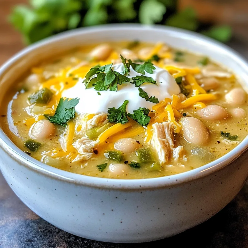 To make a delicious white chicken chili, gather these key ingredients: - 2 cups cooked chicken, shredded - 1 can (15 oz) white beans, drained and rinsed - 1 can (4 oz) green chilies, diced - 1 medium onion, diced - 2 cloves garlic, minced - 1 teaspoon ground cumin - 1 teaspoon chili powder - 1/2 teaspoon smoked paprika - 4 cups chicken broth - 1 cup sour cream - 1 cup shredded Monterey Jack cheese - Salt and pepper to taste - Chopped cilantro for garnish These ingredients create a hearty and creamy dish. The cooked chicken gives it protein and flavor. White beans add a nice texture. Green chilies bring some heat, while spices like cumin and chili powder add depth. Using chicken broth as a base keeps the chili rich and savory. Sour cream and Monterey Jack cheese make it creamy and indulgent. Don’t forget to garnish with cilantro! It adds freshness and color to your bowl. These ingredients come together to create a meal that warms your heart and fills your stomach. {{ingredient_image_1}} To make your white chicken chili, follow these easy steps. - Heat olive oil and sauté onion: Start by adding a tablespoon of olive oil to a large pot. Turn the heat to medium. Once the oil is hot, toss in the diced onion. Cook for about five minutes, stirring often, until the onion turns soft and clear. - Add garlic and cook until fragrant: Next, add the minced garlic. Stir it in and let it cook for one more minute. You will smell the lovely aroma of garlic. - Combine all ingredients in the pot: Now, it’s time to add the fun stuff! Toss in the shredded chicken, drained white beans, diced green chilies, ground cumin, chili powder, smoked paprika, salt, and pepper. Mix everything well. - Bring to a boil, then simmer: Pour in the chicken broth next. Turn up the heat to high and bring the chili to a boil. Once it’s boiling, lower the heat to low. Let it simmer for 20 minutes. This helps the flavors blend together. - Stir in sour cream and cheese: After simmering, add the sour cream and shredded Monterey Jack cheese. Stir until everything is creamy and well mixed. Heat for another five minutes, but don’t let it boil. - Adjust seasoning and serve: Finally, taste your chili. If it needs more flavor, add some salt or pepper. Serve the chili hot, and enjoy your meal! - How to shred chicken quickly To shred chicken fast, use two forks. Hold one fork in each hand. Pinch the chicken with one fork and pull with the other. This gives you nice, even shreds. - Best practices for seasoning Start with a light hand. Add salt and pepper little by little. Taste your chili as it cooks. You can always add more, but you can’t take it out. Use fresh herbs like cilantro for a bright touch. - Techniques for a creamier texture For a rich texture, stir in the sour cream slowly. Add it just before serving to keep it smooth. You can also mix in some extra cheese for added creaminess. - Toppings to enhance flavor Top your chili with chopped cilantro and extra cheese. Sliced jalapeños add a great kick. Try a dollop of sour cream for extra richness. - Pairing options with side dishes Serve your chili with warm tortilla chips for crunch. Cornbread is another tasty choice. A fresh salad can balance the meal nicely. - Presentation tips for serving Use deep bowls for a cozy look. Sprinkle toppings right before serving. This keeps them fresh and colorful. Place tortilla chips on the side for an inviting display. Pro Tips Use Rotisserie Chicken: For a quicker preparation, consider using store-bought rotisserie chicken to save time without sacrificing flavor. Adjust the Spice Level: If you prefer a milder chili, reduce the amount of chili powder or omit the green chilies entirely. Thicken the Chili: For a thicker consistency, you can mash some of the white beans before adding them to the pot. Add Fresh Herbs: Enhance the flavor by adding fresh herbs like cilantro or parsley at the end of cooking for a vibrant finish. {{image_2}} You can change up the protein in your chili. Turkey works well instead of chicken. For a meatless option, use beans like kidney or black beans. These swaps add flavor and change the texture. If you want to skip dairy, try coconut cream or cashew cream. These are great for a creamy base without milk. You can also use almond milk for a lighter option. To add more kick, sprinkle in some cayenne pepper or crushed red pepper. This brings a nice heat to the dish. You can also try adding a squeeze of lime juice for a tangy twist. Incorporating veggies boosts nutrition and color. Try adding bell peppers, zucchini, or corn. These add texture and taste. You can also toss in some spinach or kale for extra greens. To keep your white chicken chili fresh, store it in an airtight container. Make sure the chili cools first before sealing. Place it in the fridge for up to three days. If you want to save it longer, freezing is a great option. Use freezer-safe bags or containers. Leave some space for the chili to expand as it freezes. Chili can last for about three months in the freezer. You can reheat your chili on the stovetop or in the microwave. For the stovetop, pour the chili into a pot. Heat it over medium heat and stir often until warm. If using a microwave, place the chili in a microwave-safe bowl. Cover it to avoid spills and heat in short bursts, stirring in between. To keep the texture nice, avoid boiling the chili. If it seems too thick, stir in a little broth or water. This helps it stay creamy and delicious. What can I use instead of chicken? You can use cooked turkey instead of chicken. It works well and tastes great. If you want a plant-based option, try using canned chickpeas or lentils. These options are nutritious and filling, just like chicken. Can I make this chili in a slow cooker? Yes, you can make this chili in a slow cooker. Start by sautéing the onion and garlic on the stove. Then, add all the other ingredients to the slow cooker. Cook on low for six to eight hours. Stir in the sour cream and cheese before serving. How do I make white chicken chili spicier? To add spice, include diced jalapeños or add some hot sauce. You can also increase the chili powder. Another option is to use spicy green chilies. Just adjust to your taste for the right heat level. This post covered a simple white chicken chili recipe. You now know the ingredients, cooking steps, and some clever tips. You can swap ingredients and create variations that fit your taste. Remember to store leftovers properly to enjoy them later. Cooking this chili can be fun and rewarding. I hope you try it and enjoy every warm spoonful. Happy cooking!