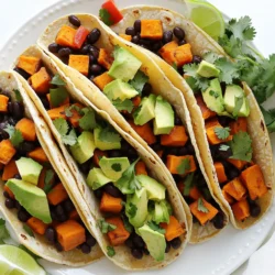 - 2 medium sweet potatoes, peeled and cubed - 1 can (15 oz) black beans, rinsed and drained - 1 red bell pepper, diced Sweet potatoes are the star of this dish. They add natural sweetness and a creamy texture. Black beans provide protein and fiber, making these tacos filling. The red bell pepper adds a nice crunch and color. - 1 tsp cumin - 1 tsp chili powder - 1/2 tsp smoked paprika Cumin brings warmth and earthiness. Chili powder adds a bit of heat and depth. Smoked paprika gives a nice smoky flavor. Together, these spices create a well-rounded taste that enhances the veggies. - 8 small corn tortillas - 1 avocado, sliced - Fresh cilantro, for garnish - Lime wedges Corn tortillas are soft and perfect for holding the filling. Sliced avocado adds creaminess and richness. Fresh cilantro gives a burst of flavor and color. Lime wedges add brightness to every bite. Enjoy these tacos with your favorite toppings for a fresh meal! - Set your oven to 425°F (220°C). This high heat helps the sweet potatoes caramelize. - Prepare a large sheet pan by lining it with parchment paper for easy cleanup. - In a big bowl, toss together the cubed sweet potatoes, black beans, and diced red bell pepper. - Drizzle in 2 tablespoons of olive oil. Add 1 teaspoon of cumin, 1 teaspoon of chili powder, and 1/2 teaspoon of smoked paprika. Sprinkle salt and pepper to your taste. Mix well until everything is coated. - Spread the mixture evenly on the prepared sheet pan. Bake for 25-30 minutes. Stir halfway through for even cooking. - While it bakes, warm 8 small corn tortillas in a dry skillet. Heat them for about 1 minute on each side until they are soft. - When the sweet potato and black bean mixture is done, take it out of the oven. - To build your tacos, place a few spoonfuls of the mixture on each tortilla. - Finish with sliced avocado and fresh cilantro. Squeeze some lime juice over each taco for a tasty kick. To make your sweet potatoes tender and caramelized, cut them into even cubes. This helps them cook evenly. After 15 minutes in the oven, take a moment to stir the mix. This lets the heat reach all sides and promotes caramelization. To boost flavor, consider adding a pinch of smoked paprika or a dash of garlic powder. Both spices enhance the dish's depth. For toppings, add fresh avocado slices or a sprinkle of crumbled feta. These add creaminess and a salty kick. Serve your tacos on a bright platter. This makes your meal pop visually. Garnish with extra avocado slices and fresh lime wedges for added flair. You can also add a few cilantro sprigs on top for color and freshness. {{image_2}} You can switch out the beans or veggies in this recipe. Try pinto beans or kidney beans if you want. For veggies, zucchini or corn works well. If you like a kick, you can add jalapeños or hot sauce for more heat. These tacos can easily fit many diets. They are naturally vegan, so no need for changes there. If you're gluten-free, use corn tortillas. Always check labels to ensure your ingredients meet your needs. If you need to change the serving sizes, it’s simple. Just double or halve the ingredients based on how many people you have. For a larger group, you can bake two sheet pans at once. Just keep an eye on the cooking time. To keep your tacos fresh, place them in the fridge. Use an airtight container for best results. Make sure to store the filling and tortillas separately. This helps keep the tortillas from getting soggy. Enjoy your leftovers within three days for the best taste. When you're ready to enjoy your leftovers, you have a few options. You can use the microwave for quick reheating. Just place the filling in a bowl and heat for 1-2 minutes. If you want to keep the texture, use a skillet. Heat it on medium-low, stirring until warm. For the tortillas, warm them in a dry skillet for about 30 seconds on each side. This will help them stay soft and tasty. You can freeze the filling for later use! Let it cool completely before freezing. Use a freezer-safe bag or container, and remove excess air. When you're ready to eat, thaw it overnight in the fridge. To reheat, follow the skillet method mentioned earlier. This way, you can enjoy these tasty tacos anytime! Yes, you can prepare these tacos ahead. Cook the sweet potatoes and black beans first. Let them cool and store in an airtight container. Keep the tortillas separate to avoid sogginess. You can reheat the filling in a pan. Warm the tortillas just before serving. This way, the tacos stay fresh and tasty. To add heat, try these tips: - Add chopped jalapeños or serrano peppers to the mix. - Use a spicy chili powder instead of regular. - Drizzle hot sauce on top before serving. - Sprinkle red pepper flakes on the filling. These options will give your tacos a nice kick without losing flavor. Yes, there are many gluten-free tortillas. Look for corn tortillas, which are naturally gluten-free. You can also find brands that make gluten-free flour tortillas. Check labels to ensure they meet your needs. These options will keep your tacos delicious and safe for those with gluten sensitivities. This blog post shared a tasty taco recipe with sweet potatoes, black beans, and spices. You learned how to prep, bake, and assemble these delicious tacos. Plus, I offered tips for texture, flavor, and presentation. We explored ingredient swaps for variety and how to store leftovers. Remember, cooking should be fun and creative. Enjoy making these tacos your own! With simple changes, you can create a dish that pleases everyone. Dive in and savor your culinary adventure!