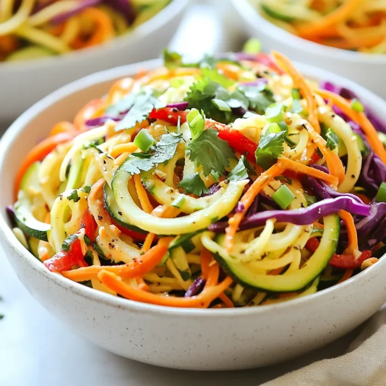 - 2 medium zucchinis (spiralized into zoodles) - 1 cup carrots (shredded) - 1 red bell pepper (thinly sliced) - 1 cup red cabbage (thinly sliced) - 1/4 cup fresh cilantro (chopped) - 1/4 cup green onions (chopped) To start our Spicy Peanut Zoodle Salad, we need fresh veggies. Zucchini is the star here. Spiralizing it gives you fun zoodles. These are healthy and light. Carrots add a nice crunch. The bright red bell pepper brings color and sweetness. Red cabbage adds a bit of crunch and a pop of purple. Fresh cilantro and green onions finish off this mix with a burst of flavor. - 1/3 cup natural peanut butter - 2 tablespoons soy sauce - 1 tablespoon honey or maple syrup - 1 tablespoon rice vinegar - 1 tablespoon sesame oil - 1 teaspoon sriracha - Warm water (1-2 tablespoons to thin the dressing) Now, let’s whip up the spicy peanut dressing. Start with peanut butter. It gives a creamy base. Soy sauce adds saltiness. Honey or maple syrup adds sweetness. Rice vinegar gives a tangy twist. Sesame oil adds a nutty flavor. Sriracha? It brings the heat. If the dressing is too thick, warm water helps thin it out. This dressing coats the veggies perfectly, making every bite tasty. {{ingredient_image_1}} To start, gather your dressing ingredients. Combine the following in a medium bowl: - 1/3 cup natural peanut butter - 2 tablespoons soy sauce - 1 tablespoon honey or maple syrup - 1 tablespoon rice vinegar - 1 tablespoon sesame oil - 1 teaspoon sriracha Whisk these together until smooth. If your dressing feels thick, add warm water a tablespoon at a time. Keep whisking until you reach a nice, pourable consistency. Now, let’s make the salad! Take a large mixing bowl and add: - 2 medium zucchinis, spiralized into noodles - 1 cup shredded carrots - 1 red bell pepper, thinly sliced - 1 cup red cabbage, thinly sliced Pour the spicy peanut dressing over the veggies. Toss everything gently to ensure all the ingredients are well coated. Next, add in: - 1/4 cup chopped fresh cilantro - 1/4 cup chopped green onions Toss again to mix these fresh herbs evenly. Let the salad sit for about 10 minutes. This waiting time helps the flavors blend and allows the zoodles to soften a bit. Just before serving, give the salad one last toss to refresh it. Enjoy the burst of flavors in every bite! You can change the sriracha amount to suit your taste. If you want more heat, add more sriracha. For less spice, use only a bit. You can also add a splash of lime juice for a bright flavor without the heat. If the salad is too spicy, try adding more zoodles or veggies to balance it out. Garnish the salad with sesame seeds for a nice crunch. Fresh herbs like cilantro or mint make great toppings too. Serve the salad in big bowls to show off its colors. You can also plate it on large platters for gatherings. You can make the salad and dressing ahead of time. Keep the dressing in the fridge for up to a week. Store the salad without dressing to keep it fresh. Toss it with the dressing right before serving. The salad will stay crisp for about two hours after you dress it. Pro Tips Choosing the Right Zucchini: Select firm zucchinis with shiny skin for the best texture and flavor. Avoid any that are soft or wrinkled. Adjusting Spiciness: If you prefer a milder dressing, start with less sriracha and taste as you go. You can always add more for extra heat! Meal Prep Tips: This salad can be made ahead of time. Just keep the dressing separate until you're ready to serve to maintain the crispness of the veggies. Garnish Ideas: Enhance your salad with toppings like crushed peanuts, sesame seeds, or a squeeze of lime for added flavor and texture. {{image_2}} You can make your Spicy Peanut Zoodle Salad more filling by adding proteins. Shredded chicken, tofu, or chickpeas work well. If you add chicken or chickpeas, I like to keep the dressing as is. For tofu, you may want to add a touch more soy sauce to enhance the flavor. This way, your salad stays tasty and satisfying. Zoodles are great, but you can mix in other veggies too. Try adding bell peppers, snap peas, or radishes. These veggies keep your salad crunchy and fresh. If you want a twist, swap zoodles for spiralized carrots or sweet potatoes. They add unique flavors and colors to your dish. To make your salad gluten-free, choose tamari instead of soy sauce. This simple swap keeps the flavor while meeting dietary needs. For vegan options, stick with maple syrup in the dressing. You can also enhance flavor with lime juice or sesame seeds. These additions make your salad even more delicious and suitable for everyone. To keep your spicy peanut zoodle salad fresh, store it in an airtight container. This method prevents moisture loss and keeps the flavors intact. Make sure the salad is cool before sealing the container. Store it in the fridge, where it’s safe and cool. If you do not have an airtight container, you can use plastic wrap. Just cover the bowl tightly to keep out air. You can enjoy the zoodle salad cold or at room temperature. If you prefer it warm, gently reheat it on the stove. Use low heat and stir occasionally to avoid overcooking. You can also add a splash of water to keep it moist. If you have leftover salad, try adding it to an omelet or mixing it with rice. This way, you create a new meal from the leftovers. The spicy peanut zoodle salad lasts about 3-4 days in the fridge. The dressing can stay fresh for up to a week if stored separately. Always check for signs of spoilage before eating. Look for any off smells or changes in color. If something seems off, it’s best to throw it away. Keeping track of storage times helps you enjoy your zoodle salad at its best! Yes, you can prepare Spicy Peanut Zoodle Salad in advance. Make the dressing and store it in the fridge. Keep the zoodles and vegetables separate until you are ready to serve. This keeps everything fresh and crunchy. You can mix them together just before eating. If you store it, use an airtight container. It stays fresh for about two hours in the fridge. Yes, this salad is gluten-free. The main ingredients, like zucchini and vegetables, do not contain gluten. The soy sauce can have gluten, so you should use gluten-free soy sauce. This way, everyone can enjoy the salad without worry. Always check labels to be sure. If you need a substitute for peanut butter, try almond butter or sunflower seed butter. Both options work well in the dressing. They add a nice flavor and keep it creamy. If you have a nut allergy, sunflower seed butter is a great choice. You can also use tahini for a different taste. This blog post tackled how to make a vibrant Spicy Peanut Zoodle Salad. We covered fresh veggies, a zesty dressing, and tips for adjustments. You can vary the ingredients to fit your taste and dietary needs. Remember, this salad is easy to prepare and stays fresh for days. Keep it colorful and flavorful, and don’t hesitate to get creative with proteins or spices. Enjoy making this simple, delicious dish that’s perfect for any meal!