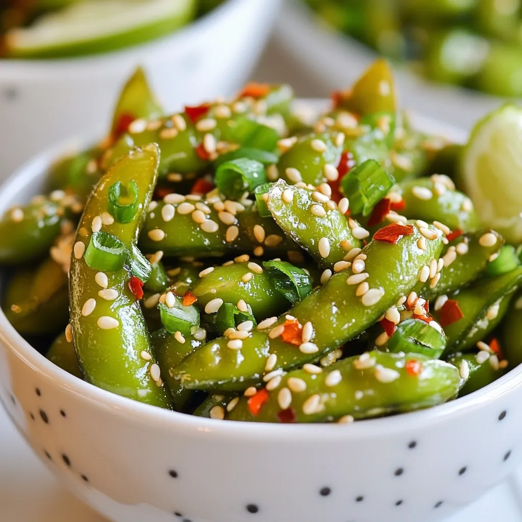 To make spicy garlic edamame, gather these simple items: - 2 cups edamame in pods (fresh or frozen) - 3 tablespoons olive oil - 5 cloves garlic, minced - 1 teaspoon red pepper flakes (adjust to taste) - 1 tablespoon soy sauce - 1 tablespoon sesame oil - 1 teaspoon toasted sesame seeds - Salt, to taste These ingredients mix well to create a tasty snack. Edamame packs protein and fiber. The garlic adds a rich flavor. Red pepper flakes give it a spicy kick. Garnishes can take your dish to the next level: - Chopped green onions - Lime wedges Chopped green onions add color and crunch. Lime wedges bring a zesty touch. Use them to make your dish even more inviting. To find the best edamame, look for bright green pods. They should feel firm and plump. Avoid any pods that look dull or shriveled. If you buy frozen edamame, check for no ice crystals. This means they are fresh and well-stored. Enjoy the process of picking the best ingredients for your dish! {{ingredient_image_1}} If you have frozen edamame, cooking it is simple. First, follow the package instructions. Usually, you will boil them for about 5-7 minutes. After cooking, drain the edamame well. Set them aside to cool a bit. If you use fresh edamame, wash them under cold water before cooking. Next, take a large skillet and heat 3 tablespoons of olive oil over medium heat. Once the oil is hot, add 5 minced garlic cloves. Sauté for 1-2 minutes. You want the garlic to smell great but not turn brown. Then, add 1 teaspoon of red pepper flakes. Stir for another minute. This helps the oil soak up the spicy flavor. Now it's time to add the cooked edamame pods to the skillet. Toss them in the garlic and oil mixture. Make sure they get well-coated. Drizzle in 1 tablespoon of soy sauce and 1 tablespoon of sesame oil. Stir everything together. Let it cook for 3-4 more minutes. This allows the edamame to soak in all the tasty flavors. When done, sprinkle with toasted sesame seeds and add salt to taste. Finish by garnishing with chopped green onions. Enjoy your spicy garlic edamame! To sauté edamame well, start with good oil. I use olive oil for its rich flavor. Heat it in a large skillet over medium heat. Add minced garlic and sauté until it smells nice, about one to two minutes. Be careful not to let it brown. After that, stir in red pepper flakes. This step adds heat to your oil. Then, add the edamame pods. Toss them well so they soak up the garlic and oil. Cook for another three to four minutes to build the taste. If you like it spicy, add more red pepper flakes. Start with one teaspoon and taste. You can always add more if you want. If you prefer less heat, use less than one teaspoon. You can also skip the flakes altogether for a milder version. Always adjust spice based on your taste. Cooking should be fun and tailored to what you love! To make your dish look great, serve it in a nice bowl. The bright green of the edamame stands out. Sprinkle toasted sesame seeds on top for a nice touch. Add chopped green onions for color and flavor. You can also place lime wedges on the side. This gives a fresh pop when you squeeze them over the edamame. Enjoy the beauty of your dish as much as the taste! Pro Tips Perfect Garlic Sauté: Make sure not to brown the garlic as it can turn bitter. Sauté just until fragrant for the best flavor. Adjusting Spice Levels: Feel free to adjust the amount of red pepper flakes according to your heat preference. Start with less and add more if you like it spicier. Fresh Edamame: If possible, use fresh edamame pods for a sweeter, more vibrant flavor compared to frozen. Just be sure to cook them until tender. Garnishing for Flavor: Don’t skip the green onions! They add a fresh crunch and vibrant color that enhances the dish's presentation and taste. {{image_2}} You can easily swap some ingredients to fit your diet. For a vegan option, use vegetable oil instead of olive oil. If you need gluten-free, make sure to select gluten-free soy sauce. You can also replace soy sauce with tamari. If you are allergic to sesame, skip the sesame oil and seeds. These changes keep the dish tasty while meeting your needs. Want to spice things up? Add lime juice for a fresh zing. A splash of rice vinegar gives a nice tang. You can also toss in some chopped bell peppers or carrots for crunch. For a sweet twist, add a teaspoon of honey or agave syrup. Experiment with these flavors to find your perfect mix! Spicy garlic edamame makes a fun snack at parties. Serve it in a big bowl for sharing. You can also use small bowls for individual servings. Pair it with drinks like beer or sake. For a unique touch, serve with lime wedges and a side of dipping sauce. This dish works great as a starter or a light main dish, too! To store leftover spicy garlic edamame, let it cool first. Place it in an airtight container. This keeps the flavors fresh and prevents drying out. Stored this way, it can last up to three days in the fridge. Always check for any off smells or textures before eating. If you want to keep your edamame for longer, freezing is the way to go. Start by letting it cool completely. Then, spread the edamame in a single layer on a baking sheet. Freeze until solid, about an hour. Once frozen, transfer them into a freezer bag. This method preserves both taste and texture for up to three months. To reheat the edamame, you can use the stovetop or microwave. For the stovetop, heat a little olive oil in a pan. Add the edamame, stirring for a few minutes until warm. In the microwave, heat in short bursts to avoid overcooking. This keeps the edamame tender and flavorful. Always taste and adjust seasoning if needed after reheating. Edamame is young soybeans, often found in pods. They are rich in protein, fiber, and many vitamins. These nutrients aid in muscle growth and digestion. Eating edamame may lower cholesterol levels and help maintain a healthy weight. It also offers antioxidants that support heart health. Yes, you can use different oils. Grapeseed oil or avocado oil work well too. These oils have high smoke points and good flavors. Experimenting with oils can change the taste of your dish. Just keep in mind that the flavor may vary slightly. You can find pre-made spicy garlic edamame at many grocery stores. Check the frozen food aisle or the snack section. Some restaurants also serve it as an appetizer. Look for brands that use fresh ingredients for the best taste. This blog post covered how to make spicy garlic edamame. We looked at main ingredients and options for garnishes. I shared step-by-step cooking methods and tips for sautéing. You learned how to adjust spice levels and present your dish. I also provided variations to fit dietary needs, plus storage tips. Enjoy trying these ideas for a tasty snack or appetizer! Eating edamame is easy and fun. You'll impress everyone with your tasty dish.