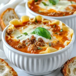 - 1 lb ground beef or Italian sausage - 1 medium onion, diced - 3 cloves garlic, minced - 1 (28 oz) can crushed tomatoes - 4 cups chicken or vegetable broth - 8 ounces uncooked lasagna noodles, broken into pieces - 1 cup ricotta cheese - 2 cups shredded mozzarella cheese - 1/2 cup grated Parmesan cheese The base of this soup is rich and hearty. I love using ground beef or Italian sausage for a savory kick. The diced onion and minced garlic add a sweet and fragrant aroma as they cook. Crushed tomatoes and broth create a lovely, warm sauce. Breaking the lasagna noodles into smaller pieces helps them cook evenly. Finally, the mix of ricotta, mozzarella, and Parmesan transforms this dish into a cheesy delight. - 1 teaspoon red pepper flakes - Fresh basil leaves, for garnish If you like a little heat, add red pepper flakes. They give the soup a nice kick. Fresh basil leaves on top not only make it pretty but also add a burst of flavor. You can toss them in right before serving for the best taste. - 2 teaspoons dried Italian herbs (oregano, basil, thyme) - Salt and pepper, to taste To season the soup, I use dried Italian herbs. They blend perfectly with the meat and tomatoes. Salt and pepper help bring all the flavors to life. Always taste the soup as it cooks to adjust the seasoning. This step is key to making your soup truly delicious. {{ingredient_image_1}} First, heat a large pot over medium heat. Add 1 pound of ground beef or Italian sausage. Cook until the meat is fully browned. This should take about 5 to 7 minutes. Make sure to break up the meat into small pieces. Once the meat is cooked, drain any excess fat. This step keeps the soup from being greasy. Next, add 1 diced medium onion and 3 minced garlic cloves to the pot. SautΓ© them together for about 3 to 4 minutes. You want the onion to be soft and translucent. This adds a nice depth of flavor to your soup. Now, stir in 1 (28 oz) can of crushed tomatoes and 4 cups of chicken or vegetable broth. Add 2 teaspoons of dried Italian herbs and 1 teaspoon of red pepper flakes if you want some heat. Bring this mixture to a boil. Once boiling, add in 8 ounces of uncooked lasagna noodles that you have broken into pieces. Reduce the heat to medium-low. Let it simmer for about 10 to 12 minutes. Stir occasionally to keep the noodles from sticking together. To avoid mushy noodles, break your lasagna noodles into smaller pieces. This helps them cook evenly and stay firm. Always add the noodles to the pot when the soup is boiling. This quick cooking method prevents them from soaking up too much broth. Stirring is key. I like to stir gently and often when cooking the noodles. This helps them cook without sticking together. If you notice sticking, add a splash of broth or water to loosen them up. Adding extra herbs or spices can take your soup to the next level. I love adding more dried Italian herbs. You can also try fresh herbs like basil or parsley. They add bright flavor and color. Incorporating vegetables boosts the nutrition of your soup. Try adding spinach, zucchini, or bell peppers. Chop them small and stir them in when you add the noodles. They will cook quickly and blend well with the soup. For even cheese distribution, mix the ricotta and some mozzarella directly into the soup. This helps it melt smoothly throughout. To get that gooey texture, I recommend adding cheese in layers. After mixing some in, sprinkle more on top. When you serve the soup, the heat will melt it perfectly, making each bowl extra cheesy. Pro Tips Use Fresh Herbs: Fresh basil adds a vibrant flavor that dried herbs can't match. Stir in some right before serving for the best taste. Choose the Right Meat: For a richer flavor, use Italian sausage instead of ground beef. It will add a delicious depth to your soup. Adjust the Spice Level: If you prefer a milder soup, omit the red pepper flakes or reduce the amount to suit your taste. Make it Ahead: This soup stores well in the fridge for up to 3 days. Reheat gently, adding a splash of broth if it thickens too much. {{image_2}} You can switch the ground beef or sausage for ground turkey or chicken. These options are leaner and still tasty. If you want a meat-free meal, try lentils or mushrooms. Both add flavor and texture, making your soup just as satisfying. If you need a dairy-free soup, use dairy-free cheese like cashew or almond cheese. These options melt well and taste great. For a lighter soup, reduce the amount of cheese. You can skip the ricotta or use less mozzarella. This keeps it creamy without being too heavy. To control the spice, reduce or leave out the red pepper flakes. This makes the soup mild and kid-friendly. If you want it spicier, add more red pepper flakes or a dash of hot sauce. You can also try adding smoked paprika for a warm kick. Different herbs, like cayenne or chili powder, can also change the flavor profile. To keep your One Pot Lasagna Soup fresh, use airtight containers. Glass containers work well because you can see the soup inside. Plastic containers are lighter and also a good choice. Store the leftovers in the fridge for up to three days. If you want to save some soup for later, freeze it in portions. Use freezer-safe bags or containers for best results. When ready to eat, take out a portion and let it thaw overnight in the fridge. You can also reheat it straight from the freezer. Just add a bit of broth or water to help it heat evenly. After cooking, clean your pot right away. Soak it in warm, soapy water for easy cleaning. For non-stick pans, avoid using metal utensils. They can scratch the surface. Use silicone or wooden utensils to keep your pans in great shape. Yes, you can use no-cook lasagna noodles in this soup. They save time and effort. These noodles soften as the soup cooks. You will not need to boil them separately. Just break them into pieces and add them directly to the pot. This method makes it easy and keeps the flavors rich. Just make sure to follow the package instructions for the best results. You can serve One Pot Lasagna Soup with a few great sides. A simple green salad pairs well. You can also enjoy it with garlic bread or crusty rolls. These options add texture and balance to the meal. A sprinkle of fresh basil on top enhances flavor, too. Consider a light dessert to finish the meal, like fruit or sorbet. Reheating soup is easy and quick. You can use the microwave or stovetop. For the microwave, pour soup into a bowl. Heat for 1-2 minutes, stirring halfway. This keeps it warm and tasty. For stovetop, pour soup into a pot. Heat on low, stirring often until hot. This method prevents sticking and burns. Always check the temperature before serving. In this guide, we covered the main ingredients for One Pot Lasagna Soup, including ground beef, onions, and cheeses. I explained easy steps for cooking meat, sautΓ©ing veggies, and combining flavors. You learned tips for perfect texture and flavor enhancements. I also shared variations, storage methods, and answered common questions. Try these tips to make your soup amazing. Enjoy the rich flavors and ease of this dish!