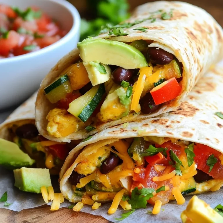 - 4 large whole wheat tortillas - 1 cup black beans, rinsed and drained - 1 cup bell peppers (red, yellow, green), diced - 1 small red onion, diced - 1 cup spinach, chopped - 1 medium zucchini, diced - 4 large eggs (or 1 cup egg substitute) - 1/4 cup milk (or non-dairy alternative) - 1 teaspoon ground cumin - 1 teaspoon chili powder - Salt and pepper to taste - 1 cup shredded cheese (cheddar or Mexican blend) - 1 avocado, sliced - Fresh salsa, for serving Gathering the right ingredients makes all the difference. Whole wheat tortillas serve as a healthy base. Black beans add protein and fiber, making your burrito filling. Bell peppers bring color and crunch, while red onion adds a nice bite. Spinach boosts nutrition and flavor. Zucchini adds moisture and a light texture. For the egg mixture, you can use real eggs or an egg substitute if you prefer. Add milk, either regular or a non-dairy type, to make it creamy. Ground cumin and chili powder enhance the taste, giving your burrito a warm kick. Don't forget salt and pepper to round out the flavors, along with shredded cheese on top for that gooey goodness. Finally, sliced avocado and fresh salsa take your burrito to the next level with creaminess and zest. Enjoy creating a tasty and healthy meal! {{ingredient_image_1}} Start by heating some oil in a large skillet over medium heat. Once it's hot, add the diced onions and bell peppers. Sauté these for about 3 to 4 minutes until they soften. Next, add the diced zucchini. This adds a nice crunch. Cook it for 2 to 3 minutes until it gets tender. Then, stir in the chopped spinach and black beans. Cook for another minute until the spinach wilts and everything warms up. In a separate bowl, crack the eggs and add the milk. You can use a non-dairy option if you prefer. Add ground cumin, chili powder, salt, and pepper. Whisk until everything is well combined and fluffy. Pour this egg mixture into the skillet with the veggies. Stir gently as it cooks for about 5 minutes. You want the eggs to scramble and cook through without burning. Now it’s time to fill the tortillas. Warm them in a dry skillet or microwave until they are soft. Lay each tortilla flat and scoop some of the veggie-egg mixture onto the center. Top with shredded cheese and a few slices of avocado for creaminess. Roll the tortilla tightly, tucking in the ends as you go. If you want a crispy finish, toast the rolled burritos in the skillet for 1 to 2 minutes on each side. This adds a lovely crunch. Finally, slice each burrito in half and serve with fresh salsa on the side. Enjoy your veggie-loaded breakfast burritos! - Recommended cooking oils: I suggest using olive oil or avocado oil. Both oils add flavor and are great for sautéing veggies. They also help in achieving that nice golden color. - Achieving the right egg consistency: Whisk your eggs with milk or a non-dairy milk. This helps make the eggs fluffy. Cook them gently in the skillet, stirring often. You want soft, creamy eggs, not dry ones. - Ensuring even distribution of fillings: After cooking the veggies and eggs, make sure to mix them well. This way, each burrito gets a good mix of flavors. When filling the tortillas, place the mixture in the center. Don’t overfill; this helps in rolling them tightly. - Pairing with fresh salsa: Fresh salsa adds a burst of flavor. Use store-bought or make your own. Chopped tomatoes, onions, cilantro, and lime juice make a great combo. - Optimal side dishes for breakfast burritos: Consider serving with a side of fruit or a light salad. They balance the meal and add freshness. You can also serve with a dollop of Greek yogurt for extra creaminess. Pro Tips Use Fresh Ingredients: Fresh vegetables will enhance the flavor and nutrition of your burritos. Try to use seasonal produce for the best taste. Customize Your Fillings: Feel free to add or swap in different vegetables or proteins like mushrooms, corn, or even cooked sausage to suit your taste. Perfectly Scrambled Eggs: Cook the eggs on low heat and stir gently to achieve a fluffy texture without overcooking them. Keep Burritos Warm: If you're making multiple burritos, keep them warm in a low oven (about 200°F) until you're ready to serve. {{image_2}} You can change up the veggies for your breakfast burritos. Consider adding: - Mushrooms for a hearty bite - Cherry tomatoes for a pop of flavor - Kale for extra nutrients - Corn for sweetness You can also try different proteins. If you want alternatives to eggs and beans, consider: - Tofu for a plant-based option - Cooked chicken for a meatier burrito - Quinoa for added fiber and protein If you want vegan breakfast burritos, simply swap eggs for tofu. Use a non-dairy milk like almond or oat milk. This keeps the taste great while staying plant-based. For gluten-free burritos, look for gluten-free tortillas. Many stores offer these now. Just check the labels to be sure. You can still enjoy a tasty and healthy meal while sticking to your diet. To keep your breakfast burritos fresh, follow these tips: - Refrigerating: Wrap each burrito tightly in plastic wrap. Place them in an airtight container. They stay fresh for up to 3 days. - Freezing: For long-term storage, wrap each burrito in foil first. Then, place them in a freezer-safe bag. They can last up to 3 months in the freezer. Reheating your burritos correctly keeps them tasty. Here’s how: - Microwave: Remove any foil and place the burrito on a microwave-safe plate. Heat for 1-2 minutes, flipping halfway through. This warms the inside without drying it out. - Oven: Preheat your oven to 350°F (175°C). Wrap the burrito in foil and heat for about 15-20 minutes. This method helps retain the burrito's texture. These steps ensure every bite stays delicious! How can I make these burritos spicier? To spice up your burritos, add jalapeños or hot sauce. You can mix in red pepper flakes for a kick. Consider using spicy black beans or adding a pinch of cayenne pepper to the egg mixture. These simple changes will fire up your breakfast. Can I prepare the filling ahead of time? Yes, you can prep the filling in advance! Cook the veggies and eggs, then store them in the fridge for up to three days. Just reheat them before you fill the tortillas. This saves time in the morning. What toppings work best with veggie-loaded burritos? Fresh salsa is a great choice. You can also add sliced avocado or a dollop of Greek yogurt. Chopped cilantro and lime juice bring fresh flavor. For cheese lovers, sprinkle extra shredded cheese on top for a creamy finish. This blog post covered how to make tasty breakfast burritos from scratch. You learned about the ingredients, cooking steps, and easy tips for great results. The variations section helps you customize your burritos for any diet. Finally, proper storage and reheating ensure your meal stays fresh. Now, you can enjoy delicious breakfast burritos at home. Dive in and try these steps to impress yourself and others! Enjoy the process and experiment with flavors you love. Your breakfast will never be the same again.