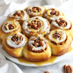 To make these delightful rolls, you need a few key ingredients. Here’s what you need: - 2 cups all-purpose flour, plus extra for dusting - 2 tablespoons granulated sugar - 1 packet (2 ¼ teaspoons) active dry yeast - ¾ cup milk, warmed to about 110°F - 3 tablespoons unsalted butter, melted - 1 large egg - ½ teaspoon salt - ½ cup packed brown sugar - 1 tablespoon ground cinnamon - ½ cup chopped pecans - ½ cup caramel sauce These ingredients work together to create a soft, sweet dough filled with rich flavors. While the essential ingredients are great, adding a few extras can elevate your rolls. Consider these options: - Cream cheese frosting for drizzling - Extra chopped pecans for topping These additions can enhance the taste and look of your cinnamon rolls. To bake these caramel pecan cinnamon rolls, gather the right tools: - Mixing bowls - Measuring cups and spoons - Rolling pin - Baking dish (9x13 inches) - Kitchen towel - Oven Having the right equipment makes the process smooth and easy. Enjoy your baking! {{ingredient_image_1}} To start, activate the yeast. In a small bowl, mix the warm milk with the active dry yeast. Let it sit for 5-10 minutes. You want it to get frothy. This step wakes up the yeast and helps your rolls rise. In a large mixing bowl, combine 2 cups of all-purpose flour, 2 tablespoons of granulated sugar, and ½ teaspoon of salt. Make a well in the center. Pour in the yeast mixture, 3 tablespoons of melted butter, and 1 large egg. Mix everything until a dough forms. Knead the dough on a floured surface for about 5-7 minutes. It should feel smooth and elastic. After kneading, place the dough in a greased bowl. Cover it with a damp cloth and let it rise in a warm spot for 1 hour. It should double in size. After the dough rises, punch it down gently. Roll it out into a rectangle of about 12x18 inches. Spread the remaining melted butter over the dough. In a small bowl, mix ½ cup of packed brown sugar and 1 tablespoon of ground cinnamon. Sprinkle this mixture evenly on the dough. Then, add ½ cup of chopped pecans on top of the cinnamon sugar. From one edge, tightly roll the dough into a log. Slice this log into 12 equal rolls. Grease a 9x13-inch baking dish. Drizzle ¼ cup of caramel sauce at the bottom. Place the cinnamon rolls cut side up in the dish. Cover them with a towel and let them rise for another 30 minutes. Preheat your oven to 350°F. Once the rolls have risen, bake them for 25-30 minutes. They should turn golden brown. When they come out of the oven, drizzle the remaining caramel sauce while they are warm. If you like, add a drizzle of cream cheese frosting for extra sweetness. Enjoy these warm, gooey delights! One main mistake is not letting the dough rise enough. Yeast needs time to work. If your rolls don't rise, they won’t be fluffy. Always check that your yeast is fresh. If it doesn’t foam in warm milk, it’s too old. Also, don’t skip the kneading step. Kneading helps develop gluten, making the rolls light. To ensure your rolls are fluffy, use warm milk but not hot. Milk should be about 110°F. This temperature helps the yeast grow. Knead the dough until smooth and elastic. Rolling your dough to the right thickness is key. Aim for ¼ inch thick. This helps to create nice layers when you roll it up. For a stunning presentation, serve your rolls warm on a large platter. Arrange them in a circular pattern. Drizzle extra caramel and cream cheese frosting over the top. Add some chopped pecans for extra crunch. This makes your treat look inviting and delicious. Pair these rolls with a hot cup of coffee or tea for a perfect snack. Pro Tips Perfect Dough Consistency: Make sure your dough is smooth and elastic by kneading it adequately. If it's too sticky, gradually add more flour while kneading until you achieve the right texture. Optimal Rising Environment: To ensure your dough rises properly, find a warm spot in your kitchen, such as near a preheated oven or in a turned-off microwave. Cover the bowl with a damp cloth to retain moisture. Cinnamon-Sugar Distribution: For even flavor, make sure to sprinkle the cinnamon-sugar mixture evenly across the melted butter before adding the pecans. This ensures every roll is equally delicious. Serving Warm: For the best experience, serve your cinnamon rolls warm right out of the oven. Drizzle with caramel sauce and cream cheese frosting just before serving for a delightful treat. {{image_2}} You can change the flavor of your caramel pecan cinnamon rolls easily. One fun option is to add chocolate. Just sprinkle mini chocolate chips over the cinnamon sugar before rolling. This adds a rich, sweet touch. Fruits can also brighten your rolls. Try adding fresh berries or sliced apples. Just mix them in with the pecans. The fruit adds a fresh taste and a nice color. Nuts are great too! While pecans are delicious, you can swap them for walnuts or hazelnuts. Each nut brings a different crunch and flavor. If you want a healthier twist, you can use whole wheat flour. This adds fiber and a nutty flavor. Just replace half of the all-purpose flour with whole wheat flour. You can also cut back on sugar. Use less brown sugar in the filling or try a sugar substitute. This helps reduce calories but still keeps your rolls tasty. Another option is to use unsweetened applesauce instead of some butter. This keeps the rolls moist while lowering fat content. While caramel sauce is a must, you can explore other toppings. A simple glaze made from powdered sugar and milk is light and sweet. It complements the rolls well without being too heavy. For a fruity touch, try a berry compote. Just cook down your favorite berries with a bit of sugar. Drizzle it over the rolls for a fresh burst of flavor. If you want something richer, cream cheese frosting is a classic choice. Mix cream cheese with a bit of butter and powdered sugar for a creamy topping. This adds a nice tang that pairs well with the sweet rolls. To keep your caramel pecan cinnamon rolls fresh, store them properly. First, let the rolls cool completely. This helps prevent moisture from forming. Place the rolls in an airtight container. If you do not have one, wrap them tightly in plastic wrap. Store them at room temperature for up to three days. You can also place them in the fridge if you want them to last a bit longer. They will stay fresh for about a week in the fridge. Freezing these tasty treats is a great way to save them for later. After the rolls cool, place them in an airtight container or freezer bag. Try to remove as much air as possible to avoid freezer burn. You can freeze them for up to three months. If you want to freeze them before baking, do so after you shape the rolls. Cover the rolls tightly and freeze. When you are ready to bake, let them rise in the fridge overnight before baking. When you want to enjoy your leftover rolls, reheating is key. Preheat your oven to 350°F (175°C). Place the rolls on a baking sheet lined with parchment paper. Cover them loosely with aluminum foil to keep them moist. Heat for about 10-15 minutes. If you prefer, you can also reheat them in the microwave. Heat them in 15-second intervals until warm. Drizzle some extra caramel sauce on top for that fresh-baked taste! You can use instant yeast as a substitute. Instant yeast does not need to be dissolved in water first. Just mix it directly into your dry ingredients. You may also use fresh yeast. Use about 0.6 ounces of fresh yeast for every packet of active dry yeast. Yes, you can make these rolls ahead of time. Prepare the dough and shape the rolls. Place them in the baking dish and cover tightly. Store in the fridge overnight. Just let them rise for about 30 minutes before baking. Your rolls are done when they turn golden brown. Insert a toothpick into the center of a roll. If it comes out clean, they are ready. The internal temperature should reach about 190°F for perfect rolls. Yes, you can make vegan caramel pecan cinnamon rolls. Substitute the egg with a flax or chia egg. Use almond milk or soy milk in place of regular milk. Replace the butter with coconut oil or a plant-based butter. Caramel pecan cinnamon rolls are a delightful treat. We covered the essential ingredients and helpful equipment for baking. You learned the step-by-step process for activating yeast, preparing dough, and shaping rolls. We shared tips to avoid common mistakes and ways to make your rolls fluffy. Flavor variations and storage tips ensure you can enjoy these rolls later. Remember, practice makes perfect. Enjoy your baking journey and share these rolls with others!