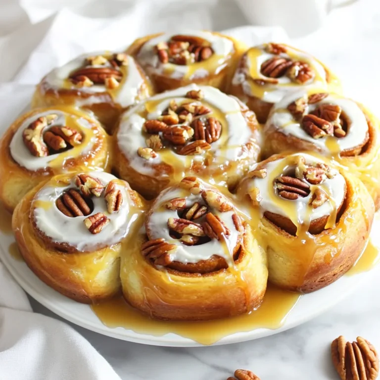 To make these delightful rolls, you need a few key ingredients. Here’s what you need: - 2 cups all-purpose flour, plus extra for dusting - 2 tablespoons granulated sugar - 1 packet (2 ¼ teaspoons) active dry yeast - ¾ cup milk, warmed to about 110°F - 3 tablespoons unsalted butter, melted - 1 large egg - ½ teaspoon salt - ½ cup packed brown sugar - 1 tablespoon ground cinnamon - ½ cup chopped pecans - ½ cup caramel sauce These ingredients work together to create a soft, sweet dough filled with rich flavors. While the essential ingredients are great, adding a few extras can elevate your rolls. Consider these options: - Cream cheese frosting for drizzling - Extra chopped pecans for topping These additions can enhance the taste and look of your cinnamon rolls. To bake these caramel pecan cinnamon rolls, gather the right tools: - Mixing bowls - Measuring cups and spoons - Rolling pin - Baking dish (9x13 inches) - Kitchen towel - Oven Having the right equipment makes the process smooth and easy. Enjoy your baking! {{ingredient_image_1}} To start, activate the yeast. In a small bowl, mix the warm milk with the active dry yeast. Let it sit for 5-10 minutes. You want it to get frothy. This step wakes up the yeast and helps your rolls rise. In a large mixing bowl, combine 2 cups of all-purpose flour, 2 tablespoons of granulated sugar, and ½ teaspoon of salt. Make a well in the center. Pour in the yeast mixture, 3 tablespoons of melted butter, and 1 large egg. Mix everything until a dough forms. Knead the dough on a floured surface for about 5-7 minutes. It should feel smooth and elastic. After kneading, place the dough in a greased bowl. Cover it with a damp cloth and let it rise in a warm spot for 1 hour. It should double in size. After the dough rises, punch it down gently. Roll it out into a rectangle of about 12x18 inches. Spread the remaining melted butter over the dough. In a small bowl, mix ½ cup of packed brown sugar and 1 tablespoon of ground cinnamon. Sprinkle this mixture evenly on the dough. Then, add ½ cup of chopped pecans on top of the cinnamon sugar. From one edge, tightly roll the dough into a log. Slice this log into 12 equal rolls. Grease a 9x13-inch baking dish. Drizzle ¼ cup of caramel sauce at the bottom. Place the cinnamon rolls cut side up in the dish. Cover them with a towel and let them rise for another 30 minutes. Preheat your oven to 350°F. Once the rolls have risen, bake them for 25-30 minutes. They should turn golden brown. When they come out of the oven, drizzle the remaining caramel sauce while they are warm. If you like, add a drizzle of cream cheese frosting for extra sweetness. Enjoy these warm, gooey delights! One main mistake is not letting the dough rise enough. Yeast needs time to work. If your rolls don't rise, they won’t be fluffy. Always check that your yeast is fresh. If it doesn’t foam in warm milk, it’s too old. Also, don’t skip the kneading step. Kneading helps develop gluten, making the rolls light. To ensure your rolls are fluffy, use warm milk but not hot. Milk should be about 110°F. This temperature helps the yeast grow. Knead the dough until smooth and elastic. Rolling your dough to the right thickness is key. Aim for ¼ inch thick. This helps to create nice layers when you roll it up. For a stunning presentation, serve your rolls warm on a large platter. Arrange them in a circular pattern. Drizzle extra caramel and cream cheese frosting over the top. Add some chopped pecans for extra crunch. This makes your treat look inviting and delicious. Pair these rolls with a hot cup of coffee or tea for a perfect snack. Pro Tips Perfect Dough Consistency: Make sure your dough is smooth and elastic by kneading it adequately. If it's too sticky, gradually add more flour while kneading until you achieve the right texture. Optimal Rising Environment: To ensure your dough rises properly, find a warm spot in your kitchen, such as near a preheated oven or in a turned-off microwave. Cover the bowl with a damp cloth to retain moisture. Cinnamon-Sugar Distribution: For even flavor, make sure to sprinkle the cinnamon-sugar mixture evenly across the melted butter before adding the pecans. This ensures every roll is equally delicious. Serving Warm: For the best experience, serve your cinnamon rolls warm right out of the oven. Drizzle with caramel sauce and cream cheese frosting just before serving for a delightful treat. {{image_2}} You can change the flavor of your caramel pecan cinnamon rolls easily. One fun option is to add chocolate. Just sprinkle mini chocolate chips over the cinnamon sugar before rolling. This adds a rich, sweet touch. Fruits can also brighten your rolls. Try adding fresh berries or sliced apples. Just mix them in with the pecans. The fruit adds a fresh taste and a nice color. Nuts are great too! While pecans are delicious, you can swap them for walnuts or hazelnuts. Each nut brings a different crunch and flavor. If you want a healthier twist, you can use whole wheat flour. This adds fiber and a nutty flavor. Just replace half of the all-purpose flour with whole wheat flour. You can also cut back on sugar. Use less brown sugar in the filling or try a sugar substitute. This helps reduce calories but still keeps your rolls tasty. Another option is to use unsweetened applesauce instead of some butter. This keeps the rolls moist while lowering fat content. While caramel sauce is a must, you can explore other toppings. A simple glaze made from powdered sugar and milk is light and sweet. It complements the rolls well without being too heavy. For a fruity touch, try a berry compote. Just cook down your favorite berries with a bit of sugar. Drizzle it over the rolls for a fresh burst of flavor. If you want something richer, cream cheese frosting is a classic choice. Mix cream cheese with a bit of butter and powdered sugar for a creamy topping. This adds a nice tang that pairs well with the sweet rolls. To keep your caramel pecan cinnamon rolls fresh, store them properly. First, let the rolls cool completely. This helps prevent moisture from forming. Place the rolls in an airtight container. If you do not have one, wrap them tightly in plastic wrap. Store them at room temperature for up to three days. You can also place them in the fridge if you want them to last a bit longer. They will stay fresh for about a week in the fridge. Freezing these tasty treats is a great way to save them for later. After the rolls cool, place them in an airtight container or freezer bag. Try to remove as much air as possible to avoid freezer burn. You can freeze them for up to three months. If you want to freeze them before baking, do so after you shape the rolls. Cover the rolls tightly and freeze. When you are ready to bake, let them rise in the fridge overnight before baking. When you want to enjoy your leftover rolls, reheating is key. Preheat your oven to 350°F (175°C). Place the rolls on a baking sheet lined with parchment paper. Cover them loosely with aluminum foil to keep them moist. Heat for about 10-15 minutes. If you prefer, you can also reheat them in the microwave. Heat them in 15-second intervals until warm. Drizzle some extra caramel sauce on top for that fresh-baked taste! You can use instant yeast as a substitute. Instant yeast does not need to be dissolved in water first. Just mix it directly into your dry ingredients. You may also use fresh yeast. Use about 0.6 ounces of fresh yeast for every packet of active dry yeast. Yes, you can make these rolls ahead of time. Prepare the dough and shape the rolls. Place them in the baking dish and cover tightly. Store in the fridge overnight. Just let them rise for about 30 minutes before baking. Your rolls are done when they turn golden brown. Insert a toothpick into the center of a roll. If it comes out clean, they are ready. The internal temperature should reach about 190°F for perfect rolls. Yes, you can make vegan caramel pecan cinnamon rolls. Substitute the egg with a flax or chia egg. Use almond milk or soy milk in place of regular milk. Replace the butter with coconut oil or a plant-based butter. Caramel pecan cinnamon rolls are a delightful treat. We covered the essential ingredients and helpful equipment for baking. You learned the step-by-step process for activating yeast, preparing dough, and shaping rolls. We shared tips to avoid common mistakes and ways to make your rolls fluffy. Flavor variations and storage tips ensure you can enjoy these rolls later. Remember, practice makes perfect. Enjoy your baking journey and share these rolls with others!