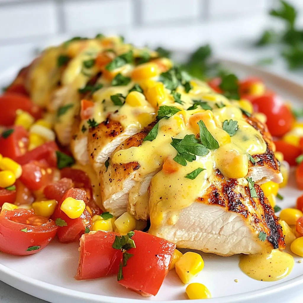 To make Mexican chicken with cheese sauce, you need a few key ingredients. Here’s what you'll need: - 4 boneless, skinless chicken breasts - 1 teaspoon cumin - 1 teaspoon paprika - 1 teaspoon garlic powder - 1 teaspoon onion powder - Salt and pepper to taste - 2 tablespoons olive oil - 1 cup diced tomatoes (fresh or canned) - 1 cup corn kernels (fresh or frozen) - 1 jalapeño, finely chopped (optional for heat) - 1 cup shredded Mexican cheese blend (Monterey Jack, Cheddar, Queso Blanco) - 1 cup heavy cream - Fresh cilantro for garnish These ingredients come together to create a dish full of flavor. The chicken provides protein, while the cheese sauce adds richness. The seasoning is vital for this dish. Cumin and paprika add warmth and depth. Garlic and onion powder boost the taste without being too strong. Salt and pepper help enhance all the flavors. You can adjust these seasonings based on your taste. Add more for a bolder flavor, or keep it mild. You can customize this dish with optional ingredients. Adding jalapeño gives a spicy kick. You could also toss in bell peppers or black beans for added texture. Fresh herbs like cilantro brighten the dish. Each option adds a unique twist, making it your own. Enjoy experimenting! {{ingredient_image_1}} To start, take your four chicken breasts and lay them on a cutting board. Season both sides with cumin, paprika, garlic powder, onion powder, salt, and pepper. This mix gives the chicken great flavor. Make sure to coat them well. Let them sit for a few minutes so the spices soak in. Next, heat two tablespoons of olive oil in a large skillet over medium-high heat. Once the oil is hot, add the seasoned chicken breasts. Cook each side for six to seven minutes until they turn golden brown and cook through. Use a meat thermometer to check that the internal temperature is 165°F. Remove the chicken from the skillet and set it aside on a plate. In the same skillet, add one cup of diced tomatoes and one cup of corn kernels. If you like heat, add one finely chopped jalapeño. Sauté these ingredients for three to four minutes. This step helps the tomatoes soften and release their juices. Then, lower the heat and pour in one cup of heavy cream. Stir this mixture well and let it simmer for two to three minutes. Now, it's time to make the cheese sauce creamy. Gradually add one cup of shredded Mexican cheese blend to the cream mixture. Stir constantly until it melts and becomes smooth. Taste the sauce and adjust with salt and pepper if needed. Next, slice the cooked chicken and return it to the skillet. Coat the chicken in the cheese sauce. Let it simmer together for another two to three minutes so the flavors blend nicely. Serve the Mexican chicken hot, garnished with fresh cilantro on top. This adds a lovely color and fresh taste. You can pair it with rice, tortillas, or a crisp salad. Enjoy your tasty meal! To make sure your chicken cooks just right, start with even pieces. You can pound them to a uniform thickness. Season both sides well with cumin, paprika, garlic powder, onion powder, salt, and pepper. Heat olive oil in a large skillet over medium-high heat. Cook the chicken for 6-7 minutes on each side. Look for a nice golden color and check the internal temperature. It should reach 165°F (75°C). This ensures juicy and safe chicken. To keep your cheese sauce smooth, use heavy cream. This cream has a high fat content, which helps prevent curdling. When you add cheese, do it slowly. Stir constantly as you add it to the warm cream. Keep the heat low to avoid burning. If your sauce seems too thick, just add a splash of water or more cream. This will help keep it creamy and delicious. Garnish your dish with fresh cilantro for a bright touch. It adds a nice flavor contrast. Consider serving with rice, beans, or tortilla chips on the side. These sides complement the flavors well. You can also add a fresh salad or sautéed vegetables for extra color and nutrition. Enjoy your meal with a squeeze of lime for a zesty kick! Pro Tips Use Fresh Ingredients: Fresh tomatoes and corn will enhance the flavor of the dish significantly compared to canned options. Customize the Heat: Adjust the amount of jalapeño based on your heat preference; you can also remove the seeds for a milder taste. Let the Sauce Simmer: Allowing the cheese sauce to simmer for a few extra minutes helps the flavors meld together beautifully. Garnish for Freshness: Adding fresh cilantro at the end not only adds a pop of color but also brings a refreshing flavor that brightens the dish. {{image_2}} If you want to spice up your Mexican chicken, add more jalapeños. Use two or three jalapeños for a fiery kick. You can also add a pinch of cayenne pepper to the cheese sauce. This adds heat without too much effort. If you love the flavor of chipotle, try using chipotle powder instead. It gives a smoky taste that pairs well with chicken. You can easily make this dish vegetarian. Swap chicken breasts for hearty vegetables. Use sliced zucchini, bell peppers, or mushrooms. Cook the veggies just like the chicken for 6-7 minutes. You will want to season them the same way. This keeps the flavor strong. You can also add black beans or chickpeas for protein. They pair well with the cheese sauce too. This recipe is naturally gluten-free. Make sure your cheese blend does not contain any gluten. Always check the labels before buying. If you want to serve this over rice, use gluten-free rice options. Quinoa is another great choice. It adds texture and protein without gluten. Enjoy your meal without worry! To store leftovers, let the dish cool down. Place the chicken and cheese sauce in an airtight container. This keeps the flavors fresh. You can store it in the fridge for up to three days. Make sure to cover it well to prevent any odor from other foods. When you're ready to eat, reheat the chicken in a skillet over medium heat. Add a splash of cream or water to help the sauce stay creamy. Stir often to warm it evenly. You can also use the microwave. Heat it in short bursts, stirring in between to avoid hot spots. If you want to freeze it, do so right after cooking. Let it cool first, then place it in a freezer-safe container. It can stay good for up to three months. To eat, thaw it overnight in the fridge. Reheat it slowly on the stove for the best texture. Yes, you can use different cheeses. Try using mozzarella or gouda. Both melt well. You can mix them with the Mexican cheese blend for more flavor. Each cheese adds its own taste. Experiment and find what you like best. To make this dish healthier, use less cheese and cream. You can substitute Greek yogurt for the heavy cream. This swap adds protein and cuts fat. Also, add more veggies like bell peppers or spinach. They boost nutrition and flavor without extra calories. Many sides go well with this dish. Here are some great options: - Mexican rice - Refried beans - Grilled vegetables - Fresh guacamole - A green salad These sides complement the creamy chicken and add freshness to your meal. Yes, you can prepare this dish ahead of time. Cook the chicken and make the cheese sauce. Store them separately in the fridge. When ready to serve, heat them together. This way, you save time on busy days while enjoying a tasty meal. This blog post covered all you need for Mexican chicken. I shared essential ingredients and tips for perfect cooking. You learned how to make a creamy cheese sauce and ideas for serving. Don't forget the variations and storage tips for leftovers. Overall, this dish is easy to adapt and fun to serve. Enjoy making it your own!