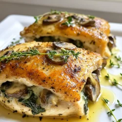 - 4 boneless, skinless chicken breasts - 2 cups fresh spinach, chopped - 1 cup mushrooms, finely diced - 1 cup cream cheese, softened - 1/2 cup grated Parmesan cheese - 2 cloves garlic, minced - 1 teaspoon onion powder - 1 teaspoon dried thyme - Salt and pepper, to taste - 2 tablespoons olive oil - 1/4 cup breadcrumbs (optional, for topping) You can swap fresh spinach for frozen spinach. Just make sure to thaw and drain it well. Instead of cream cheese, try ricotta for a lighter option. If you want a dairy-free version, use a nut-based cream cheese. For mushrooms, you can use any type you like, such as button, shiitake, or portobello. Lastly, if you don’t have Parmesan, you can use any hard cheese like Pecorino or Grana Padano. Always choose fresh, high-quality ingredients for the best flavor. Look for bright green spinach and firm mushrooms. When buying chicken, aim for organic or free-range options. This ensures better taste and supports ethical farming practices. If using cheese, buy from local dairies or well-known brands for better quality. Fresh ingredients not only taste better but also provide more nutrients. {{ingredient_image_1}} First, set your oven to 375°F (190°C). This helps cook the chicken just right. Gather your ingredients and keep everything close. Having all your tools ready makes the process smooth. You will need a cutting board, a sharp knife, and a skillet. In a skillet, heat 1 tablespoon of olive oil over medium heat. Add minced garlic and finely diced mushrooms. Sauté for about 5-7 minutes until they soften. Then, toss in the chopped spinach. Cook until it wilts, which takes about 2-3 minutes. Remove the skillet from heat and let the mix cool a bit. In a bowl, mix the sautéed veggies with softened cream cheese, Parmesan cheese, onion powder, thyme, salt, and pepper. Stir until it blends well. Carefully slice a pocket into each boneless chicken breast. Do not cut all the way through. Season both sides of each breast with salt and pepper. Take the mushroom and spinach mixture and stuff it into each chicken pocket. If needed, use toothpicks to hold the openings shut. In a large oven-safe skillet, heat the last tablespoon of olive oil over medium-high heat. Once hot, add the stuffed chicken breasts. Sear them for about 3-4 minutes on each side until golden brown. If you like, sprinkle breadcrumbs on top after searing. Transfer the skillet to your preheated oven. Bake for 25-30 minutes until the chicken reaches an internal temperature of 165°F (75°C). After cooking, let it rest for 5 minutes before slicing. Enjoy your meal! Seasoning is key to great flavor. Start by using salt and pepper. Always taste your filling before stuffing the chicken. You can add more garlic or thyme if you like. Use fresh herbs when possible. They bring out the best taste. Don't forget to season the outside of the chicken too. You’ll need a few tools for this dish. A sharp knife helps you cut pockets in the chicken. Use a cutting board for safety. A skillet is great for cooking the filling. A mixing bowl is perfect for combining ingredients. An oven-safe skillet helps you go from stovetop to oven. Don't forget toothpicks to secure the chicken if needed. To check if your chicken is done, use a meat thermometer. Insert it into the thickest part without touching the bone. The chicken should reach 165°F (75°C). If you don’t have a thermometer, cut into the chicken. The meat should be white, not pink. Let the chicken rest for 5 minutes after cooking. This helps keep it juicy. Pro Tips Use Fresh Ingredients: Fresh spinach and mushrooms will enhance the flavor and texture of the stuffing, making your dish more vibrant and delicious. Customize Your Stuffing: Feel free to add other ingredients like sun-dried tomatoes or feta cheese to the stuffing for an extra burst of flavor. Check for Doneness: Use a meat thermometer to ensure your chicken reaches an internal temperature of 165°F (75°C) for safe consumption. Rest Before Slicing: Let the chicken rest for 5 minutes before slicing to allow the juices to redistribute, ensuring a moist and tender chicken breast. {{image_2}} You can change the filling to fit your taste. Instead of mushrooms, try using zucchini or bell peppers. They add a nice crunch and flavor. For a twist, add sun-dried tomatoes or artichokes. These ingredients bring a bright taste. You could also use cooked quinoa or rice for extra heartiness. Mix in herbs like basil or cilantro for a fresh kick. To make this dish low-carb, skip the breadcrumbs. You can also use cream cheese and Parmesan, which are low in carbs. Replace the chicken with turkey or pork if you prefer. These meats work well too. For the veggies, use more spinach and add cauliflower or broccoli. These swaps keep the dish tasty while cutting down on carbs. Cheese can change the flavor of your stuffed chicken. Cream cheese is great for a rich base. You might try mozzarella for a gooey texture. Feta adds a salty twist, while goat cheese brings creaminess. For a sharper flavor, use cheddar or Gruyère. Each cheese adds its own charm to the dish. Mix and match to find your favorite combination! To store leftovers, let the chicken cool first. Place the stuffed chicken in an airtight container. You can keep it in the fridge for up to three days. Make sure you cover it well to keep it fresh. If you want to prevent drying, add a splash of broth before sealing. For reheating, use the oven for best results. Preheat your oven to 350°F (175°C). Place the chicken in a baking dish. Add a little broth or water to keep it moist. Cover it with foil to trap steam. Heat for about 15-20 minutes or until warm. You can also use a microwave, but the oven keeps it juicier. You can freeze the stuffed chicken for later. Wrap each piece tightly in plastic wrap, then place them in a freezer bag. Label the bag with the date. It can stay in the freezer for up to three months. When you're ready to eat, thaw it in the fridge overnight before reheating. Yes, you can use frozen spinach. Just thaw and drain it well before using. Frozen spinach has a different texture, but it will work. Cook it until it is warm and mix it with the other filling ingredients. This saves time and is easy to find. Many sides go well with this dish. Here are some great options: - Roasted vegetables like carrots and zucchini - A fresh green salad with a light vinaigrette - Garlic mashed potatoes or rice - Quinoa for a healthy grain option These sides will balance the rich flavors of the stuffed chicken. To keep chicken moist, follow these tips: - Do not overcook the chicken; use a meat thermometer for accuracy. - Sear the chicken first to lock in juices. - Let the chicken rest after cooking; this helps redistribute the juices. - Consider brining the chicken before cooking to add moisture. These steps will help you achieve juicy, flavorful chicken every time. This blog post covered a delicious stuffed chicken recipe with mushroom and spinach. We discussed key ingredients, step-by-step cooking instructions, and helpful cooking tips. You learned about variations, storage, and common questions about the dish. In summary, you now have everything you need to create a tasty meal. Enjoy experimenting with the recipe and sharing it with others. Happy cooking, and may your meals be both easy and satisfying!