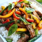 - 1 lb (450g) flank steak, thinly sliced - 2 tablespoons vegetable oil - 4 cloves garlic, minced - 1 red bell pepper, thinly sliced - 1 small zucchini, thinly sliced - 1 cup green beans, trimmed - 1 tablespoon soy sauce - 1 tablespoon oyster sauce - 1 tablespoon fish sauce - 1 teaspoon sugar - 1 cup fresh Thai basil leaves - 1 red chili, sliced (optional, for heat) - Cooked jasmine rice, for serving You can add a red chili for heat. If you like more spice, use two! Try some sliced green onions on top for crunch and color. A squeeze of lime adds fresh zest. If you cannot find flank steak, use sirloin or top round. They work well too! For a veggie option, swap the meat with tofu or tempeh. Both absorb flavor nicely. If you don’t have Thai basil, sweet basil or regular basil can do in a pinch. {{ingredient_image_1}} To start, take 1 pound of flank steak. Slice it thinly against the grain. This helps keep the meat tender. Place the beef in a bowl. Add 1 tablespoon of soy sauce, 1 tablespoon of oyster sauce, 1 tablespoon of fish sauce, and 1 teaspoon of sugar. Mix well. Let it marinate for 15 minutes. This step builds great flavor and makes the beef juicy. Next, heat 2 tablespoons of vegetable oil in a large wok over medium-high heat. Wait until the oil shimmers. Add 4 minced garlic cloves. Stir-fry for about 30 seconds. Don't let the garlic burn. Then, toss in the red bell pepper, zucchini, and green beans. Stir-fry these veggies for 3-5 minutes. They should stay tender-crisp. Now, push the veggies to the side of the wok. Add the marinated beef to the center. Let it sear for 1-2 minutes without stirring. This helps develop a nice brown crust. After that, mix the beef with the veggies. Cook until the beef is browned and fully cooked, which takes about 3-4 minutes. Finally, add 1 cup of fresh Thai basil leaves and sliced red chili if you want heat. Toss everything together for about a minute. This lets the basil wilt and release its aroma. Remove the wok from heat. Serve the stir fry hot over cooked jasmine rice. You can garnish with more basil leaves if you like. This dish is colorful and full of bold flavors. The fresh taste of Thai basil makes it a standout meal. Enjoy your flavorful dinner delight! To marinate beef, mix soy sauce, oyster sauce, fish sauce, and sugar. Place thinly sliced flank steak in the mixture. Let it sit for about 15 minutes. This step makes the beef tasty and tender. You can also add minced garlic for more flavor. Always use a bowl that can fit the meat well. Heat your wok or skillet on medium-high heat. Add the vegetable oil until it shimmers. Start with garlic; it adds great aroma. Then, add vegetables like bell pepper, zucchini, and green beans. Stir-fry for about 3 to 5 minutes. Keep them crunchy, not mushy. If you want more color, add a red chili for heat. For a flavor boost, think about adding black pepper or a pinch of cayenne. A splash of lime juice can brighten the dish. Always taste as you cook. This way, you can adjust the seasonings. Fresh herbs like cilantro can also add a refreshing touch. Mixing in these spices makes your dish unique and fun! Pro Tips Marinate for Maximum Flavor: Allow the beef to marinate for at least 15 minutes to enhance the flavors and tenderize the meat. High Heat is Key: Ensure your wok or skillet is hot before adding ingredients. This helps achieve a nice sear on the beef and keeps the vegetables crisp. Use Fresh Basil: Fresh Thai basil is essential for this dish. Add it at the end of cooking to maintain its vibrant flavor and aroma. Customize Your Heat: If you enjoy spicy dishes, don't hesitate to add more red chili or even a dash of chili sauce to amp up the heat level. {{image_2}} You can swap the flank steak for chicken, pork, or shrimp. Each protein brings its own flavor. Chicken thighs work well, as they stay juicy. Pork tenderloin adds richness, while shrimp cooks fast and tastes fresh. Just keep the same marinade for best results. To make a vegetarian version, use tofu or tempeh. Both options soak up flavors well. Cut tofu into cubes and press out moisture. Stir-fry it until golden. You can also add mushrooms for a meaty texture. This keeps the dish satisfying without meat. Feel free to change up the veggies based on what's fresh. In spring, use snap peas and asparagus. Summer is great for zucchini and bell peppers. Fall brings in squash and carrots. Winter can feature broccoli and bok choy. This keeps the dish lively and fun. To keep your Thai basil beef fresh, store it in an airtight container. Place it in the fridge if you plan to eat it within three days. This will keep the flavors intact. Make sure to let the dish cool before sealing it. This prevents condensation, which can make the food soggy. When you are ready to eat your leftovers, reheat them gently. Use a pan over medium heat for best results. Add a splash of water or broth to keep it moist. Stir often until it is hot. You can also use the microwave. Heat it in short bursts to avoid overcooking. If you want to save your beef stir fry for later, freezing is a great option. Let the dish cool completely. Then, scoop it into freezer-safe bags or containers. Be sure to remove as much air as possible to prevent freezer burn. It can last up to three months. When you’re ready to eat, thaw it in the fridge overnight before reheating. For stir frying, flank steak works best. It is thin and tender. This cut absorbs flavors well. Slice it against the grain for a softer bite. Sirloin or ribeye also make great choices. They add more flavor and tenderness. You can use dried basil, but fresh is better. Fresh Thai basil offers a unique taste. It adds a bright and fragrant note. If you must use dried, use less. About one teaspoon of dried basil is enough. The spiciness can be mild or hot. It depends on the red chili you use. If you like it spicy, add more chili. For mild flavor, leave it out. Adjust the heat to fit your taste. Serve Thai Basil Beef with jasmine rice. The rice soaks up the tasty sauce. You can also add a side of stir-fried veggies. A light cucumber salad pairs well too. Add it for some crunch and freshness. You learned about the key ingredients for making a delicious Thai Basil Beef Stir Fry. We covered prep steps, cooking tips, and how to store leftovers. I shared options for custom flavors and ways to make this dish both meaty and vegetarian. Explore these ideas in your kitchen. Try new flavors. Enjoy your meals more with this fun stir fry. Your dishes will impress everyone!
