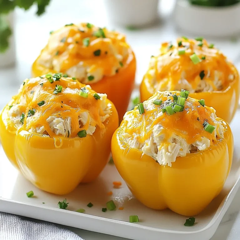 To make Buffalo Chicken Stuffed Peppers, you need these key items: - 4 large bell peppers (any color) - 2 cups shredded cooked chicken - 1/2 cup buffalo sauce (adjust to taste) - 1 cup cream cheese, softened - 1 cup shredded cheddar cheese - 1/2 cup diced celery - 1/4 cup diced green onions - Salt and pepper to taste These ingredients come together for a tasty dish. The mix of flavors and textures makes each bite a delight. You can add a few garnishes to enhance your dish: - Ranch dressing - Extra green onions for a sprinkle These toppings add flavor and a nice touch to your plate. If you need to change things up, here are some swaps: - Use cooked turkey instead of chicken. - Try spicy or mild buffalo sauce for different heat levels. - Swap cream cheese for Greek yogurt for a lighter option. - Choose a dairy-free cheese for a vegan version. These substitutions keep the essence of the dish while catering to your needs or preferences. Enjoy making it your own! {{ingredient_image_1}} Start by preheating your oven to 375°F (190°C). This step warms the oven for baking. Next, take your bell peppers and slice off the tops. Remove the seeds and membranes inside each pepper. This makes the peppers ready for stuffing. Lightly sprinkle salt inside each pepper. This adds flavor to the peppers. In a medium mixing bowl, combine 2 cups of shredded cooked chicken and 1/2 cup of buffalo sauce. You can adjust the buffalo sauce to make it spicier or milder. Add 1 cup of softened cream cheese to the mix. Then, toss in 1/2 cup of diced celery and 1/4 cup of diced green onions. Mix everything well. Stir in half of the shredded cheddar cheese, saving the rest for later. Don’t forget to season with salt and pepper to taste. Your filling should be creamy and flavorful. Carefully stuff each bell pepper with the buffalo chicken mixture. Pack the filling gently until it's full to the top. Place the stuffed peppers upright in a baking dish. If they are wobbly, use crumpled aluminum foil to keep them steady. Cover the dish with aluminum foil. Bake in the preheated oven for 30 minutes. After that, remove the foil and sprinkle the remaining cheddar cheese on top. Return the dish to the oven for another 10 minutes. Wait until the cheese melts and bubbles. Once done, take the peppers out and let them cool for a few minutes. Serve warm with ranch dressing and extra green onion if desired. To stuff the peppers well, you want to pack the filling tightly. This helps keep the shape and adds flavor. Make sure to fill each pepper to the top. If you have extra filling, use it as a side dish. It tastes great on its own! To ensure even cooking, place your stuffed peppers upright in a baking dish. If they wobble, use crumpled aluminum foil to support them. Cover the dish with foil for the first 30 minutes. This traps steam and helps cook the peppers evenly. After that, remove the foil to let the cheese melt and brown. For the best cheese melt, add it towards the end of cooking. Sprinkle the remaining cheddar cheese on top after the first baking phase. Return the dish to the oven for just 10 minutes. Keep an eye on it to avoid burning. You want it nice and bubbly, not charred! Pro Tips Choose the Right Peppers: Select firm, vibrant bell peppers that can stand upright to hold the filling better. Mix It Up: Feel free to add other ingredients like black beans or corn for additional flavor and texture. Adjust the Spice Level: Modify the amount of buffalo sauce to suit your taste; you can also mix in some ranch dressing for a milder flavor. Make Ahead: Prepare the stuffed peppers in advance and store them in the refrigerator, then bake them just before serving for a quick meal. {{image_2}} When you make Buffalo Chicken Stuffed Peppers, you can change them up. Here are some fun ideas. You can easily make this dish lighter. Try using low-fat cream cheese. It gives you the same creamy taste but with less fat. You can also use grilled chicken instead of fried. This swap adds flavor and cuts calories. Using whole bell peppers adds fiber, too! If you want a vegetarian dish, skip the chicken. Instead, use cooked quinoa or lentils. Mix them with buffalo sauce, cream cheese, and veggies. You can add black beans for more protein. This way, you still get that great flavor without meat. You can switch up the sauces to change the taste. Try BBQ sauce for a sweet twist. Ranch dressing can also work for a creamy flavor. Hot sauce adds heat, while teriyaki sauce gives a unique taste. Experiment to find what you love best! To keep your Buffalo Chicken Stuffed Peppers fresh, let them cool completely. Use an airtight container for storage. Place a piece of parchment paper between layers if stacking. Store in the fridge for up to three days. This will keep them from getting soggy. When you are ready to enjoy your stuffed peppers again, preheat your oven to 350°F (175°C). Place the peppers in a baking dish. Cover them with foil to prevent drying out. Heat for about 20 minutes or until warm throughout. You can also use a microwave for quick reheating. Just heat for about two minutes, checking often. If you want to freeze your stuffed peppers, do it before baking them. Wrap each pepper tightly in plastic wrap, then place them in a freezer bag. This way, they can last up to three months. When you are ready to bake them, thaw overnight in the fridge. Bake as you normally would, adding extra time if needed. No, using raw chicken is not safe for this recipe. You should always use cooked chicken. Cooked chicken is easier to mix and stuff into the peppers. It also ensures the dish cooks evenly. You can use leftover chicken or rotisserie chicken for quick prep. You can store stuffed peppers in the fridge for up to four days. Make sure to cover them well to keep them fresh. If you want to keep them longer, consider freezing them. Frozen stuffed peppers can last up to three months. These stuffed peppers go great with a fresh salad or crunchy veggies. You can also serve them with rice or quinoa for a fuller meal. For a fun twist, try some crispy sweet potato fries. They add a nice touch to the meal. You learned about making Buffalo Chicken Stuffed Peppers. We discussed essential ingredients, optional garnishes, and substitutions. I shared step-by-step instructions, handy tips, and variations for different diets. In the end, stuffed peppers are a fun dish to try. You can easily make them your own. Enjoy this tasty recipe and keep experimenting with flavors and ingredients. Happy cooking!