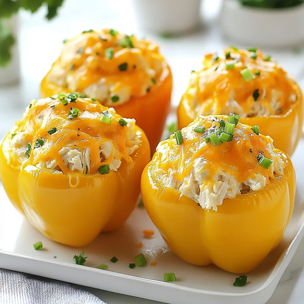 To make Buffalo Chicken Stuffed Peppers, you need these key items: - 4 large bell peppers (any color) - 2 cups shredded cooked chicken - 1/2 cup buffalo sauce (adjust to taste) - 1 cup cream cheese, softened - 1 cup shredded cheddar cheese - 1/2 cup diced celery - 1/4 cup diced green onions - Salt and pepper to taste These ingredients come together for a tasty dish. The mix of flavors and textures makes each bite a delight. You can add a few garnishes to enhance your dish: - Ranch dressing - Extra green onions for a sprinkle These toppings add flavor and a nice touch to your plate. If you need to change things up, here are some swaps: - Use cooked turkey instead of chicken. - Try spicy or mild buffalo sauce for different heat levels. - Swap cream cheese for Greek yogurt for a lighter option. - Choose a dairy-free cheese for a vegan version. These substitutions keep the essence of the dish while catering to your needs or preferences. Enjoy making it your own! {{ingredient_image_1}} Start by preheating your oven to 375°F (190°C). This step warms the oven for baking. Next, take your bell peppers and slice off the tops. Remove the seeds and membranes inside each pepper. This makes the peppers ready for stuffing. Lightly sprinkle salt inside each pepper. This adds flavor to the peppers. In a medium mixing bowl, combine 2 cups of shredded cooked chicken and 1/2 cup of buffalo sauce. You can adjust the buffalo sauce to make it spicier or milder. Add 1 cup of softened cream cheese to the mix. Then, toss in 1/2 cup of diced celery and 1/4 cup of diced green onions. Mix everything well. Stir in half of the shredded cheddar cheese, saving the rest for later. Don’t forget to season with salt and pepper to taste. Your filling should be creamy and flavorful. Carefully stuff each bell pepper with the buffalo chicken mixture. Pack the filling gently until it's full to the top. Place the stuffed peppers upright in a baking dish. If they are wobbly, use crumpled aluminum foil to keep them steady. Cover the dish with aluminum foil. Bake in the preheated oven for 30 minutes. After that, remove the foil and sprinkle the remaining cheddar cheese on top. Return the dish to the oven for another 10 minutes. Wait until the cheese melts and bubbles. Once done, take the peppers out and let them cool for a few minutes. Serve warm with ranch dressing and extra green onion if desired. To stuff the peppers well, you want to pack the filling tightly. This helps keep the shape and adds flavor. Make sure to fill each pepper to the top. If you have extra filling, use it as a side dish. It tastes great on its own! To ensure even cooking, place your stuffed peppers upright in a baking dish. If they wobble, use crumpled aluminum foil to support them. Cover the dish with foil for the first 30 minutes. This traps steam and helps cook the peppers evenly. After that, remove the foil to let the cheese melt and brown. For the best cheese melt, add it towards the end of cooking. Sprinkle the remaining cheddar cheese on top after the first baking phase. Return the dish to the oven for just 10 minutes. Keep an eye on it to avoid burning. You want it nice and bubbly, not charred! Pro Tips Choose the Right Peppers: Select firm, vibrant bell peppers that can stand upright to hold the filling better. Mix It Up: Feel free to add other ingredients like black beans or corn for additional flavor and texture. Adjust the Spice Level: Modify the amount of buffalo sauce to suit your taste; you can also mix in some ranch dressing for a milder flavor. Make Ahead: Prepare the stuffed peppers in advance and store them in the refrigerator, then bake them just before serving for a quick meal. {{image_2}} When you make Buffalo Chicken Stuffed Peppers, you can change them up. Here are some fun ideas. You can easily make this dish lighter. Try using low-fat cream cheese. It gives you the same creamy taste but with less fat. You can also use grilled chicken instead of fried. This swap adds flavor and cuts calories. Using whole bell peppers adds fiber, too! If you want a vegetarian dish, skip the chicken. Instead, use cooked quinoa or lentils. Mix them with buffalo sauce, cream cheese, and veggies. You can add black beans for more protein. This way, you still get that great flavor without meat. You can switch up the sauces to change the taste. Try BBQ sauce for a sweet twist. Ranch dressing can also work for a creamy flavor. Hot sauce adds heat, while teriyaki sauce gives a unique taste. Experiment to find what you love best! To keep your Buffalo Chicken Stuffed Peppers fresh, let them cool completely. Use an airtight container for storage. Place a piece of parchment paper between layers if stacking. Store in the fridge for up to three days. This will keep them from getting soggy. When you are ready to enjoy your stuffed peppers again, preheat your oven to 350°F (175°C). Place the peppers in a baking dish. Cover them with foil to prevent drying out. Heat for about 20 minutes or until warm throughout. You can also use a microwave for quick reheating. Just heat for about two minutes, checking often. If you want to freeze your stuffed peppers, do it before baking them. Wrap each pepper tightly in plastic wrap, then place them in a freezer bag. This way, they can last up to three months. When you are ready to bake them, thaw overnight in the fridge. Bake as you normally would, adding extra time if needed. No, using raw chicken is not safe for this recipe. You should always use cooked chicken. Cooked chicken is easier to mix and stuff into the peppers. It also ensures the dish cooks evenly. You can use leftover chicken or rotisserie chicken for quick prep. You can store stuffed peppers in the fridge for up to four days. Make sure to cover them well to keep them fresh. If you want to keep them longer, consider freezing them. Frozen stuffed peppers can last up to three months. These stuffed peppers go great with a fresh salad or crunchy veggies. You can also serve them with rice or quinoa for a fuller meal. For a fun twist, try some crispy sweet potato fries. They add a nice touch to the meal. You learned about making Buffalo Chicken Stuffed Peppers. We discussed essential ingredients, optional garnishes, and substitutions. I shared step-by-step instructions, handy tips, and variations for different diets. In the end, stuffed peppers are a fun dish to try. You can easily make them your own. Enjoy this tasty recipe and keep experimenting with flavors and ingredients. Happy cooking!