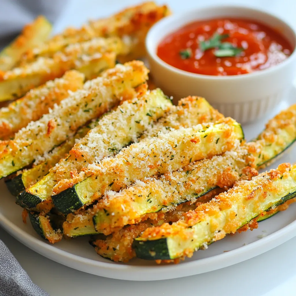 - 2 medium zucchinis, cut into fry shapes - 1 cup breadcrumbs (preferably panko for extra crunch) - ½ cup grated Parmesan cheese - 2 large eggs - 1 teaspoon garlic powder - 1 teaspoon onion powder - ½ teaspoon dried oregano - Salt and pepper to taste - Cooking spray For the zucchini, choose medium-sized ones. You can use yellow squash if you want a twist. Panko breadcrumbs give great crunch. If you need a gluten-free option, use gluten-free breadcrumbs. Grated Parmesan adds a nice flavor, but you can swap it for nutritional yeast for a vegan take. Garlic powder and onion powder boost taste. Feel free to adjust the spices based on your likes. Each serving has about 160 calories. You will find roughly 10 grams of fat and 15 grams of carbs. The zucchini provides fiber, and the Parmesan offers protein. This snack is low in calories, making it a great choice for a healthy treat. {{ingredient_image_1}} To start, wash the zucchinis well under cold water. Next, cut them into fry shapes, around 1/4 inch thick. This size helps them cook evenly. After cutting, place the zucchini fries on a paper towel. Sprinkle salt on them to pull out excess moisture. Let them sit for about 10 minutes. This step makes them crispier. Afterward, pat them dry with another paper towel. Now it’s time to set up your breading station. You’ll need two bowls. In one bowl, beat two large eggs until mixed well. In the second bowl, combine one cup of breadcrumbs with ½ cup of grated Parmesan cheese, one teaspoon of garlic powder, one teaspoon of onion powder, ½ teaspoon of dried oregano, and some salt and pepper. Make sure to mix it all together so the flavors blend well. Preheat your air fryer to 400°F (200°C) for about 5 minutes. While it heats, coat each zucchini fry. First, dip it into the beaten eggs, making sure it's fully coated. Then, roll it in the breadcrumb mix until covered. Lay the coated fries on a plate. Next, spray the air fryer basket with cooking spray. Arrange the zucchini fries in a single layer, leaving space between them. You might need to do this in batches. Lightly spray the tops of the fries again. Cook them for 10-12 minutes, flipping halfway through. When they turn golden brown and crispy, they are ready. Remove them from the air fryer and let them cool slightly before serving. Enjoy with your favorite dip! To get your zucchini fries super crispy, here are my top tips. First, salt the zucchini. This helps draw out moisture. After 10 minutes, pat them dry with a paper towel. Next, use panko breadcrumbs. They create a light and crunchy layer. Lightly spray the fries with cooking spray before air frying. This helps them brown nicely. Finally, do not overcrowd the air fryer. Give each fry space to crisp up. One common mistake is not drying the zucchini enough. If they are wet, they won’t crisp well. Another mistake is skipping the cooking spray. This can lead to soggy fries. Make sure your air fryer is preheated. This helps the fries cook evenly. Lastly, don’t skip the flipping step. Flipping helps both sides crisp up. Serve your zucchini fries warm for the best taste. Pair them with marinara sauce or ranch dressing. You can also try spicy mayo for a kick. For a fun twist, serve them with guacamole or salsa. These dips add flavor and make your snack exciting! Enjoy them as a snack or a side dish. Pro Tips Choose the Right Zucchini: Opt for firm, medium-sized zucchinis for the best texture. Avoid large zucchinis, as they tend to have more seeds and less flavor. Extra Crunch: For additional crunch, consider adding a tablespoon of cornstarch to the breadcrumb mixture before coating the zucchini fries. Batch Cooking: If making a large quantity, keep the cooked fries warm in a low oven while air frying the remaining batches to ensure they all stay crispy. Customize Your Seasoning: Feel free to experiment with different spices and herbs in the breadcrumb mixture, such as paprika, cayenne, or Italian seasoning, to suit your taste. {{image_2}} You can change the flavor of your zucchini fries by adding spices and herbs. Try adding paprika for a smoky taste. If you prefer heat, use cayenne pepper. You can also mix in Italian herbs like basil or thyme. Experimenting with spices makes each batch unique and fun. If you want a different crunch, try using crushed nuts or seeds. Almonds or pistachios add a nice nutty taste. You can also use cornmeal for a more Southern-style fry. For a cheesy twist, mix in some cheddar with the Parmesan. Each option adds a new flavor to enjoy. Zucchini fries pair well with many dips. Classic marinara or ranch dressing works great. You can also try garlic aioli for a rich taste. If you want something different, mix yogurt with herbs for a light dip. These dips will make your snack even more enjoyable. To store leftover zucchini fries, let them cool completely. Place them in an airtight container. You can keep them in the fridge for up to three days. If you want to maintain their crunch, try to avoid stacking them. A single layer is best. To reheat the fries, use your air fryer. Set it to 350°F (175°C) for about 5 minutes. This method helps restore their crunch. You can also use an oven. Preheat it to 350°F (175°C). Bake the fries for about 10 minutes, flipping halfway through. You can freeze zucchini fries for later use. First, make sure they are fully cooled. Place them in a single layer on a baking sheet. Freeze them for about 1-2 hours until firm. Once frozen, transfer them to a freezer bag. They can last up to 3 months. When ready to eat, cook them straight from the freezer in the air fryer. Adjust the cooking time to 12-15 minutes. Air-fried zucchini fries last for about 3 days in the fridge. Store them in an airtight container. The fries may lose some crunch, but they will still taste great. To enjoy them fresh again, reheat in the air fryer for a few minutes. Yes, you can use other vegetables! Carrots, eggplant, or sweet potatoes work well. Cut them into fry shapes, just like the zucchini. Adjust the cooking time if needed. Each vegetable gives a unique flavor and texture. Absolutely! To make this recipe gluten-free, use gluten-free breadcrumbs. You can find them at most grocery stores. They will provide the same crunch without the gluten. You can also use crushed nuts or seeds for a different twist! You learned about the key ingredients and how to prepare delicious air-fried zucchini fries. I shared tips for getting them crispy and avoiding common mistakes. You can change flavors with spices or use different dips for fun. To keep your fries fresh, I explained how to store and reheat them. Enjoy trying out these ideas in your kitchen! Making tasty food is simple and fun.