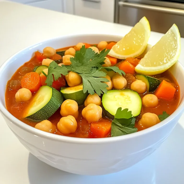 - 2 cans (15 oz each) chickpeas, drained and rinsed - 1 large onion, diced - 3 cloves garlic, minced - 2 medium carrots, diced - 1 red bell pepper, diced - 1 zucchini, diced - 1 can (14 oz) diced tomatoes - 1 cup vegetable broth - 2 tablespoons olive oil - 1 tablespoon tomato paste - 1 teaspoon ground cumin - 1 teaspoon ground coriander - 1 teaspoon ground cinnamon - 1/2 teaspoon cayenne pepper (adjust for spice preference) - Salt and pepper to taste - Fresh cilantro for garnish - Lemon wedges for serving Using the best ingredients makes a huge difference in flavor. Fresh veggies, like onions and carrots, add crunch and sweetness. Canned chickpeas provide protein and texture. I prefer high-quality olive oil for its rich taste. Each spice, like cumin and coriander, brings warmth and depth. When you use fresh, ripe tomatoes, you enhance the stew's overall taste. Good ingredients not only improve flavor but also your cooking experience. You can add a few optional ingredients to boost flavor. Consider adding: - A pinch of smoked paprika for a smoky touch. - A handful of spinach or kale for extra greens. - Dried fruits, like raisins, for a sweet contrast. - A splash of balsamic vinegar for acidity. These additions let you personalize the stew. Feel free to try new combinations. First, gather all your ingredients. This makes cooking easy and fun. You need: - 2 cans (15 oz each) chickpeas, drained and rinsed - 1 large onion, diced - 3 cloves garlic, minced - 2 medium carrots, diced - 1 red bell pepper, diced - 1 zucchini, diced - 1 can (14 oz) diced tomatoes - 1 cup vegetable broth - 2 tablespoons olive oil - 1 tablespoon tomato paste - 1 teaspoon ground cumin - 1 teaspoon ground coriander - 1 teaspoon ground cinnamon - 1/2 teaspoon cayenne pepper (adjust for spice preference) - Salt and pepper to taste - Fresh cilantro for garnish - Lemon wedges for serving Make sure everything is cut and measured before you start cooking. This will help you focus on the fun part. Next, heat 2 tablespoons of olive oil in a large pot over medium heat. Add the diced onion and cook for about 5 minutes. You want it to be soft and translucent. Then, stir in the minced garlic along with the spices: ground cumin, ground coriander, ground cinnamon, and cayenne pepper. Cook for another 1-2 minutes. This step releases the wonderful aroma of spices. Now, it’s time to add the veggies! Toss in the diced carrots, red bell pepper, and zucchini. Stir and cook for about 5-7 minutes. You want them to start softening. After that, stir in the diced tomatoes, chickpeas, tomato paste, and vegetable broth. Mix it all together and bring the stew to a gentle simmer. Taste the stew and add salt and pepper as needed. If you want more heat, add a bit more cayenne pepper. Reduce the heat to low, cover the pot, and let the stew simmer for 20-25 minutes. Stir it occasionally. If it gets too thick, add a little more broth or water. When the veggies are nice and tender, remove the pot from heat. Serve hot with fresh cilantro on top and lemon wedges on the side to squeeze over your stew. Enjoy this hearty dish! You can make this stew your own by adjusting the spices. If you like heat, add more cayenne pepper. For a milder taste, use less. Feel free to increase cumin or coriander for a richer flavor. The goal is to find a balance that suits your palate. Fresh herbs take the taste of this stew to the next level. I love adding cilantro at the end. It gives a fresh burst of flavor. You can also try parsley or mint for a different twist. Just chop them finely and stir them in just before serving. To get the best texture, don't rush the cooking. Sauté your onions until they are soft and translucent. This builds the base flavor. When adding veggies, let them cook until slightly tender but still crisp. Simmer the stew long enough for the flavors to meld. If it gets too thick, just add more broth or water. {{image_2}} You can easily make this stew vegan and gluten-free. The main ingredients are already plant-based. Chickpeas, veggies, and spices are naturally gluten-free. Use vegetable broth and check labels to avoid gluten. You can replace any animal-based stock with vegetable broth. This way, you keep all those rich flavors without animal products. If you want to add protein, consider chicken or tofu. For chicken, use boneless thighs or breasts. Cook the chicken first until it's browned. Then, remove it before adding your veggies and spices. Add it back in when you combine the stew. For tofu, use firm or extra-firm. Cube it and sauté it until golden. Mix it in during the last 10 minutes of cooking. This gives the tofu time to soak up the flavors. Feel free to switch up the veggies based on the season. In spring, add asparagus or peas for a fresh touch. Summer is perfect for eggplant or squash. Fall can bring in sweet potatoes or butternut squash. Winter calls for root veggies like parsnips or turnips. Each swap changes the stew's taste and keeps it exciting. Just remember to keep the cooking times in mind, as some vegetables may need longer to soften. After you enjoy the Moroccan chickpea stew, let it cool. Pour the leftovers into a clean, airtight container. Make sure to seal it tightly. Store it in the fridge. It will stay fresh for 3 to 4 days. When you are ready to eat the leftover stew, heat it gently. Pour the stew into a pot over medium heat. Stir it often to warm it evenly. If the stew seems thick, add a splash of vegetable broth or water. You can also microwave it in a safe bowl. Heat for 2-3 minutes, stirring halfway. If you want to save the stew for later, freezing is a great option. First, cool the stew completely. Pour it into freezer-safe containers, leaving some space at the top. Seal the containers tightly. You can freeze it for up to 3 months. When ready to eat, thaw it in the fridge overnight. Then, reheat it on the stove or microwave. Moroccan Chickpea Stew has roots in North African cuisine. It blends spices and flavors from the region. Chickpeas are a staple in Morocco, used in various dishes. The stew reflects the warm, rich flavors of Moroccan cooking. It often features cumin, coriander, and cinnamon, giving it a unique taste. Yes, you can easily make this stew in a slow cooker. Start by sautéing the onions and garlic first. This step boosts the flavor. After that, add all the other ingredients to your slow cooker. Cook on low for 6 to 8 hours or high for 3 to 4 hours. The flavors will meld beautifully, making it a great option for busy days. You can serve this stew with various sides. Here are some ideas: - Crusty bread for dipping - Couscous for a hearty base - Rice to soak up the stew's sauce - A fresh salad for a crisp contrast These pairings enhance the meal and make it more filling. Yes, Moroccan Chickpea Stew is perfect for meal prep. It stores well and tastes even better the next day. You can keep it in the fridge for up to five days. Just reheat it on the stove or in the microwave. For longer storage, freeze individual portions. This way, you have a quick, healthy meal ready to go! We explored the essential ingredients and steps for making Moroccan Chickpea Stew. Quality ingredients elevate flavor, while optional items add a personal touch. I shared key tips for perfecting your dish and variations to suit your dietary needs. Remember, storage and reheating matter for enjoying leftovers. Cooking can be fun and rewarding, so don't be afraid to experiment! Enjoy the warmth and taste of this stew in your kitchen.