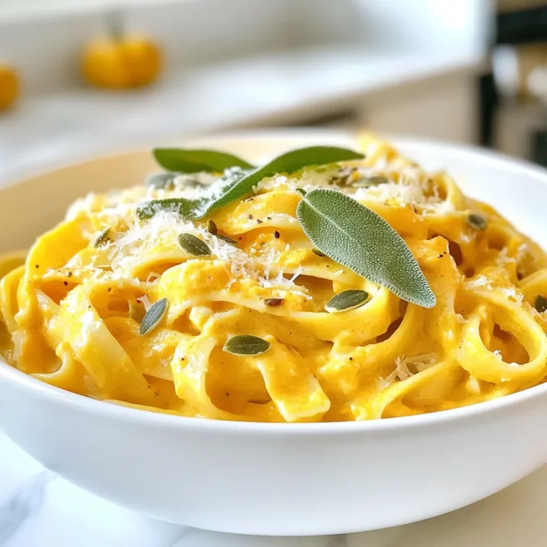 For this dish, you will need: - 12 oz pasta (fettuccine or your choice) - 1 cup pumpkin puree (canned or fresh) - 1 cup heavy cream (or a non-dairy substitute) - 1 tablespoon olive oil - 2 tablespoons unsalted butter - 3 cloves garlic, minced - 1 small onion, finely chopped - 1/2 teaspoon nutmeg - 1/2 teaspoon ground cinnamon - 1/2 cup grated Parmesan cheese (or nutritional yeast for a vegan option) - Salt and pepper to taste - 10 fresh sage leaves, chopped These ingredients create a rich and creamy sauce. The pumpkin adds a lovely sweetness, and the sage gives it depth. You might want to add: - Toasted pumpkin seeds for garnish These seeds add a nice crunch and a bit of extra flavor. They make the dish more fun and tasty. If you're looking for healthier options: - Use whole wheat pasta for more fiber. - Replace heavy cream with coconut milk for a lighter version. - Use nutritional yeast instead of Parmesan for a vegan choice. These swaps can help cater to dietary needs while keeping the dish delicious. You can enjoy the same great flavor with these changes. {{ingredient_image_1}} Start by boiling a large pot of salted water. Add your pasta and cook it until it is al dente. This usually takes about 8 to 10 minutes, but check the package for exact times. Once done, save 1 cup of the water, then drain the pasta. Set it aside for later. In a big skillet, heat olive oil and butter over medium heat. When the butter melts, add the chopped onion. Cook it for about 3 to 4 minutes until it turns soft. Next, add the minced garlic. Cook it for one more minute. Make sure not to burn the garlic; it needs to stay fragrant. Now, stir in the pumpkin puree, heavy cream, nutmeg, and cinnamon. Mix it well and let it simmer for about 5 minutes. This helps all the flavors come together nicely. Remember to season it with salt and pepper to your liking. Add the cooked pasta to your sauce. Toss the noodles so they are evenly coated in the creamy pumpkin sauce. If it seems too thick, add a bit of the reserved pasta water until you like the consistency. Finally, stir in the chopped sage and grated Parmesan cheese. Mix until the cheese melts and everything blends well. Serve the creamy pumpkin sage pasta in bowls. You can top it with extra Parmesan, more sage, and toasted pumpkin seeds for crunch. Enjoy your delightful meal! To get that rich, creamy texture, you need the right balance. Use heavy cream for a richer taste. If you want a lighter option, try a non-dairy cream. Add the pumpkin puree slowly while mixing. This helps achieve a smooth blend. If your sauce gets too thick, donβt worry! Just add a splash of the reserved pasta water. This will bring it back to life. If you have leftovers, store them in an airtight container. This keeps the pasta fresh. Make sure it cools down before sealing it. The pasta can stay in the fridge for up to three days. When reheating, add a bit of water or cream. This will help restore the creamy texture. Avoid using a microwave if possible; heat it gently on the stove instead. Feel free to play with the spices! If you love nutmeg, add a little more. If you want heat, sprinkle in some red pepper flakes. Taste as you go; this helps you find the right balance. Always season with salt and pepper last. This way, you can adjust to your liking. Don't be afraid to experiment with fresh herbs too! They can really brighten the dish. Pro Tips Use Fresh Sage: Fresh sage elevates the dish with its aromatic flavor. If possible, opt for fresh over dried for the best taste. Adjust Creaminess: If you prefer a lighter sauce, you can substitute half of the heavy cream with vegetable broth or stock for a delicious twist. Perfect Pasta Cooking: Make sure to cook your pasta al dente; it will continue to cook slightly when mixed with the sauce, ensuring the perfect texture. Garnish for Flavor: Adding toasted pumpkin seeds not only enhances the presentation but also adds a delightful crunch and nutty flavor to the dish. {{image_2}} You can easily make this dish vegan. Substitute heavy cream with coconut milk or cashew cream. Use nutritional yeast instead of Parmesan cheese. This gives a cheesy taste without dairy. You can also skip butter and use more olive oil. These swaps keep the creaminess and flavor intact. To make this pasta more filling, add protein. Cooked chicken or turkey works well. For a vegetarian option, try adding chickpeas or lentils. These options boost protein without losing flavor. You can also mix in cooked sausage for a savory kick. Just sautΓ© it with the onions and garlic for a tasty blend. Fettuccine is great, but you can use other pasta types too. Whole wheat or gluten-free pasta are good choices. If you're feeling adventurous, try using spiralized vegetables like zucchini. This lowers carbs and adds nutrients. No matter the pasta, the creamy pumpkin sage sauce will shine through. To store creamy pumpkin sage pasta, let it cool first. Place it in an airtight container. Make sure to seal it tightly. You can keep it in the fridge for up to three days. If you want to store it longer, freezing is a great option. When reheating, use a skillet for the best flavor. Add a splash of water or cream to keep it moist. Heat over medium heat and stir often. You can also use the microwave. Just cover the dish and heat it in short bursts. Stir between each burst to heat evenly. To freeze creamy pumpkin sage pasta, portion it into smaller containers. Leave some space at the top for expansion. Label the containers with the date. You can freeze it for up to three months. To thaw, place it in the fridge overnight before reheating. This keeps the flavors fresh. Fettuccine is ideal for this dish. Its wide shape holds onto the creamy sauce well. You can also use penne or tagliatelle. Both options work nicely. Choose any pasta you love! Yes, you can! Fresh pumpkin adds a lovely taste. Cut it into cubes, steam it, and blend until smooth. This way, you get a fresh flavor in your pasta. Absolutely! Use gluten-free pasta made from rice or corn. These options taste great and keep the dish creamy. Check the package for cooking times. If your sauce is too thick, add some reserved pasta water. Start with a little, then mix well. It helps thin the sauce while keeping the flavor rich. Sure! Spinach or kale works well in this dish. You can also add roasted red peppers or mushrooms. Just sautΓ© them with the onion for added flavor. Creamy pumpkin sage pasta is simple and fun to make. We covered the key ingredients and how to cook them. You learned to adjust flavors and store your meal for later. Remember, you can swap in different ingredients or pasta types to fit your needs. Enjoy this dish in many ways, including vegan or protein-packed options. With these tips, you'll impress your friends and family, making every bite memorable. Start cooking and explore your own twist on this comforting favorite!