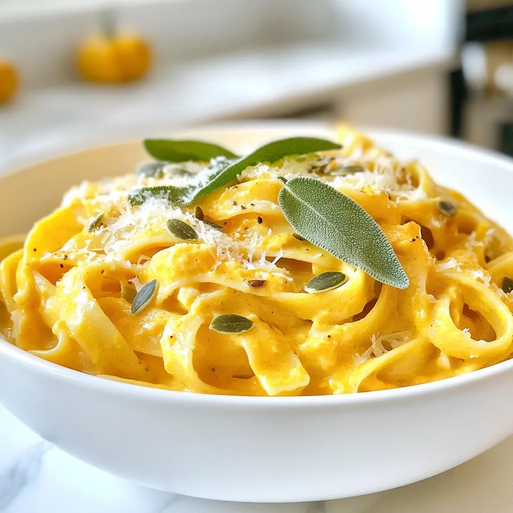 For this dish, you will need: - 12 oz pasta (fettuccine or your choice) - 1 cup pumpkin puree (canned or fresh) - 1 cup heavy cream (or a non-dairy substitute) - 1 tablespoon olive oil - 2 tablespoons unsalted butter - 3 cloves garlic, minced - 1 small onion, finely chopped - 1/2 teaspoon nutmeg - 1/2 teaspoon ground cinnamon - 1/2 cup grated Parmesan cheese (or nutritional yeast for a vegan option) - Salt and pepper to taste - 10 fresh sage leaves, chopped These ingredients create a rich and creamy sauce. The pumpkin adds a lovely sweetness, and the sage gives it depth. You might want to add: - Toasted pumpkin seeds for garnish These seeds add a nice crunch and a bit of extra flavor. They make the dish more fun and tasty. If you're looking for healthier options: - Use whole wheat pasta for more fiber. - Replace heavy cream with coconut milk for a lighter version. - Use nutritional yeast instead of Parmesan for a vegan choice. These swaps can help cater to dietary needs while keeping the dish delicious. You can enjoy the same great flavor with these changes. {{ingredient_image_1}} Start by boiling a large pot of salted water. Add your pasta and cook it until it is al dente. This usually takes about 8 to 10 minutes, but check the package for exact times. Once done, save 1 cup of the water, then drain the pasta. Set it aside for later. In a big skillet, heat olive oil and butter over medium heat. When the butter melts, add the chopped onion. Cook it for about 3 to 4 minutes until it turns soft. Next, add the minced garlic. Cook it for one more minute. Make sure not to burn the garlic; it needs to stay fragrant. Now, stir in the pumpkin puree, heavy cream, nutmeg, and cinnamon. Mix it well and let it simmer for about 5 minutes. This helps all the flavors come together nicely. Remember to season it with salt and pepper to your liking. Add the cooked pasta to your sauce. Toss the noodles so they are evenly coated in the creamy pumpkin sauce. If it seems too thick, add a bit of the reserved pasta water until you like the consistency. Finally, stir in the chopped sage and grated Parmesan cheese. Mix until the cheese melts and everything blends well. Serve the creamy pumpkin sage pasta in bowls. You can top it with extra Parmesan, more sage, and toasted pumpkin seeds for crunch. Enjoy your delightful meal! To get that rich, creamy texture, you need the right balance. Use heavy cream for a richer taste. If you want a lighter option, try a non-dairy cream. Add the pumpkin puree slowly while mixing. This helps achieve a smooth blend. If your sauce gets too thick, don’t worry! Just add a splash of the reserved pasta water. This will bring it back to life. If you have leftovers, store them in an airtight container. This keeps the pasta fresh. Make sure it cools down before sealing it. The pasta can stay in the fridge for up to three days. When reheating, add a bit of water or cream. This will help restore the creamy texture. Avoid using a microwave if possible; heat it gently on the stove instead. Feel free to play with the spices! If you love nutmeg, add a little more. If you want heat, sprinkle in some red pepper flakes. Taste as you go; this helps you find the right balance. Always season with salt and pepper last. This way, you can adjust to your liking. Don't be afraid to experiment with fresh herbs too! They can really brighten the dish. Pro Tips Use Fresh Sage: Fresh sage elevates the dish with its aromatic flavor. If possible, opt for fresh over dried for the best taste. Adjust Creaminess: If you prefer a lighter sauce, you can substitute half of the heavy cream with vegetable broth or stock for a delicious twist. Perfect Pasta Cooking: Make sure to cook your pasta al dente; it will continue to cook slightly when mixed with the sauce, ensuring the perfect texture. Garnish for Flavor: Adding toasted pumpkin seeds not only enhances the presentation but also adds a delightful crunch and nutty flavor to the dish. {{image_2}} You can easily make this dish vegan. Substitute heavy cream with coconut milk or cashew cream. Use nutritional yeast instead of Parmesan cheese. This gives a cheesy taste without dairy. You can also skip butter and use more olive oil. These swaps keep the creaminess and flavor intact. To make this pasta more filling, add protein. Cooked chicken or turkey works well. For a vegetarian option, try adding chickpeas or lentils. These options boost protein without losing flavor. You can also mix in cooked sausage for a savory kick. Just sauté it with the onions and garlic for a tasty blend. Fettuccine is great, but you can use other pasta types too. Whole wheat or gluten-free pasta are good choices. If you're feeling adventurous, try using spiralized vegetables like zucchini. This lowers carbs and adds nutrients. No matter the pasta, the creamy pumpkin sage sauce will shine through. To store creamy pumpkin sage pasta, let it cool first. Place it in an airtight container. Make sure to seal it tightly. You can keep it in the fridge for up to three days. If you want to store it longer, freezing is a great option. When reheating, use a skillet for the best flavor. Add a splash of water or cream to keep it moist. Heat over medium heat and stir often. You can also use the microwave. Just cover the dish and heat it in short bursts. Stir between each burst to heat evenly. To freeze creamy pumpkin sage pasta, portion it into smaller containers. Leave some space at the top for expansion. Label the containers with the date. You can freeze it for up to three months. To thaw, place it in the fridge overnight before reheating. This keeps the flavors fresh. Fettuccine is ideal for this dish. Its wide shape holds onto the creamy sauce well. You can also use penne or tagliatelle. Both options work nicely. Choose any pasta you love! Yes, you can! Fresh pumpkin adds a lovely taste. Cut it into cubes, steam it, and blend until smooth. This way, you get a fresh flavor in your pasta. Absolutely! Use gluten-free pasta made from rice or corn. These options taste great and keep the dish creamy. Check the package for cooking times. If your sauce is too thick, add some reserved pasta water. Start with a little, then mix well. It helps thin the sauce while keeping the flavor rich. Sure! Spinach or kale works well in this dish. You can also add roasted red peppers or mushrooms. Just sauté them with the onion for added flavor. Creamy pumpkin sage pasta is simple and fun to make. We covered the key ingredients and how to cook them. You learned to adjust flavors and store your meal for later. Remember, you can swap in different ingredients or pasta types to fit your needs. Enjoy this dish in many ways, including vegan or protein-packed options. With these tips, you'll impress your friends and family, making every bite memorable. Start cooking and explore your own twist on this comforting favorite!