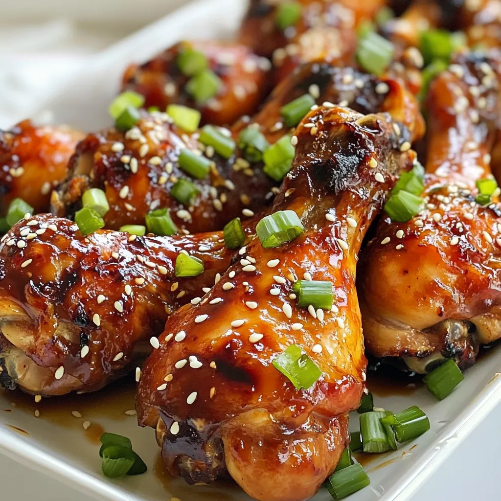 - 8 chicken drumsticks - 1/2 cup soy sauce - 1/4 cup honey - 3 tablespoons rice vinegar - 2 tablespoons sesame oil - 3 cloves garlic, minced - 1 inch ginger, grated - 1 teaspoon ground black pepper - 2 green onions, sliced (for garnish) - Sesame seeds (for garnish) Gather these ingredients to create your sweet soy glazed chicken drumsticks. The chicken drumsticks are the star of the dish. They soak up the marinade well. This gives them a great flavor. The soy sauce and honey work together to create a nice balance. Soy sauce adds saltiness, while honey adds sweetness. Rice vinegar adds a touch of tanginess. Sesame oil brings in a nice nutty flavor. Garlic and ginger add depth to the dish. Ground black pepper gives a hint of spice. For the best finish, use green onions and sesame seeds as garnishes. They not only look good but also add fresh flavor. These ingredients come together to make a delicious meal. The sweet soy glaze coats the chicken and caramelizes as it bakes. This makes the chicken crispy on the outside and tender on the inside. You will love the taste and aroma of this dish! {{ingredient_image_1}} To start, gather all your ingredients. In a mixing bowl, whisk together: - 1/2 cup soy sauce - 1/4 cup honey - 3 tablespoons rice vinegar - 2 tablespoons sesame oil - 3 cloves garlic, minced - 1 inch ginger, grated - 1 teaspoon ground black pepper Make sure the mixture is well combined. The honey should dissolve fully into the soy sauce. This marinade gives the chicken a sweet and savory flavor. Next, place your 8 chicken drumsticks in a large resealable plastic bag or a shallow dish. Pour the marinade over the drumsticks. If you use a bag, seal it tightly. If you use a dish, cover it well. This step ensures each drumstick gets coated in the yummy marinade. For the best flavor, marinate the chicken in the fridge for at least 1 hour. If you have more time, let it sit overnight. This extra time makes the chicken even tastier. Now, preheat your oven to 400°F (200°C). This temperature helps the chicken cook well. While the oven heats, line a baking tray with aluminum foil. Place a wire rack on top of the tray. Remove the drumsticks from the marinade. Let the excess marinade drip off. Arrange the drumsticks on the wire rack. This setup allows air to circulate, making the skin crispy. Finally, bake the chicken drumsticks for 35-40 minutes. You want the skin to be crispy and the internal temperature to reach 165°F (74°C). In the last 5 minutes, brush the reserved marinade over the drumsticks for a burst of flavor. To get that crispy skin, marinate the chicken for at least one hour. Longer marinating adds more flavor. This step helps tenderize the meat and makes it juicy. A wire rack is key during baking. It allows hot air to circulate around the drumsticks, cooking them evenly. For an extra burst of taste, brush the drumsticks with reserved marinade during the last five minutes of cooking. This adds a lovely glaze. You can serve these drumsticks with rice or a fresh salad. The sweet and salty flavor pairs well with simple sides. Always check the chicken's internal temperature with a meat thermometer. The safe temperature is 165°F (74°C). This ensures the chicken is fully cooked and safe to eat. It also helps avoid dry drumsticks, keeping them juicy and delicious. Pro Tips Marinate Longer for Maximum Flavor: Allow the chicken to marinate overnight for the best flavor infusion. Use a Wire Rack: Placing the drumsticks on a wire rack allows air to circulate, ensuring even cooking and crispy skin. Check the Temperature: Use a meat thermometer to ensure the internal temperature of the chicken reaches 165°F (74°C) for safe consumption. Glaze at the End: Brush the reserved marinade on the drumsticks in the last few minutes of baking for an extra boost of flavor. {{image_2}} You can switch up the chicken drumsticks for other cuts. Chicken thighs are juicier and add great flavor. You can also use chicken breasts for a leaner option. If you want a twist, try using turkey drumsticks. They work well with the sweet soy glaze too. For the marinade, feel free to experiment. Try adding orange juice for a fruity flavor. You can also use teriyaki sauce if you want a different taste. Each option adds its own unique flair. To kick up the heat, add some chili flakes to the marinade. This spice gives a nice kick without overpowering the sweet taste. If you like it spicier, mix in sriracha. Start with a small amount and adjust to your taste. You can also play with the sweetness. If you prefer a less sweet glaze, reduce the honey. Adding a splash of lime juice can balance the flavors. This creates a delicious contrast that makes every bite exciting. You can grill the chicken for a smoky flavor. Just marinate as usual and toss the drumsticks on the grill. Cook until they reach 165°F (74°C) for a crispy finish. If you prefer baking, follow the original recipe. Baking gives you that crunchy skin while keeping the meat tender. For a slow cooker option, place the drumsticks in the cooker with the marinade. Cook on low for 6-8 hours. This method makes the chicken super tender. It’s perfect for busy days when you want a tasty meal with little effort. To store your Sweet Soy Glazed Chicken Drumsticks, first let them cool down. Place any leftovers in an airtight container. You can keep them in the fridge for up to four days. If you want to enjoy them later, make sure to store them promptly. To freeze the drumsticks, wrap each one in plastic wrap. Then, place them in a freezer-safe bag. This keeps them fresh for about three months. To thaw, move them to the fridge overnight. For quick thawing, you can use the microwave on defrost mode. When reheating, bake them at 350°F (175°C) for about 15 minutes. This helps keep their crispy skin. You can also reheat them on the stovetop over low heat, covered, to keep them moist. If you want to save time, you can pre-marinate the drumsticks. Just follow the marinade steps and store them in the fridge. This allows the flavors to soak in. You can marinate them for up to 24 hours. For quick reheats, prepare a batch of drumsticks on a busy day. Simply reheat them in the oven or microwave when you're ready to eat. They taste great and save you time! Yes, you can use other cuts of chicken. Chicken thighs work great too. They stay juicy and tender. You can also use chicken breasts. Just make sure to adjust the cooking time. Breasts cook faster than drumsticks. To make this dish gluten-free, switch the soy sauce. Use tamari instead. Tamari is a gluten-free soy sauce. You can also use coconut aminos. This option adds a sweet flavor. Both substitutes work well in the marinade. Many side dishes go well with these drumsticks. Here are a few ideas: - Steamed rice - Garlic sautéed greens - Roasted vegetables - Coleslaw - Cucumber salad These sides add balance and flavor to your meal. Enjoy your sweet soy glazed chicken! This blog post covered making Sweet Soy Glazed Chicken Drumsticks, from key ingredients to storage info. We discussed how to prepare a tasty marinade and the importance of marinating time. You learned tips for crispy skin and customizing flavors. We explored different proteins and cooking methods. Finally, I shared guidelines for storing leftovers and meal prep tricks. Try this recipe for a delicious meal that’s easy to make and share. Enjoy your cooking adventure!