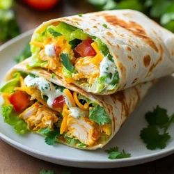- 2 cups cooked chicken, shredded - 1 cup buffalo sauce - Β½ cup ranch dressing - 1 cup shredded lettuce - 1 cup diced tomatoes - Β½ cup shredded cheddar cheese - 4 large whole wheat tortillas - 1 tablespoon olive oil - Fresh cilantro for garnish (optional) When you measure your ingredients, use dry measuring cups for solids. For liquids, use clear measuring cups. This helps you get the right amounts. For chicken, shred it finely. This way, it mixes well with the buffalo sauce and ranch dressing. You can swap cooked chicken for grilled turkey or tofu. If you want less heat, use mild buffalo sauce. For ranch, try Greek yogurt for a healthier option. You can also use any greens for the lettuce. Spinach or kale works well. {{ingredient_image_1}} First, grab a medium bowl. Add the 2 cups of shredded chicken. Pour in the 1 cup of buffalo sauce. Mix well until the chicken is fully coated. This step gives the chicken that spicy kick. Next, take a small bowl. Combine the Β½ cup of ranch dressing with 1 tablespoon of olive oil. Stir until you have a smooth, creamy sauce. This will balance the heat from the buffalo sauce. Lay a large whole wheat tortilla flat on a clean surface. Spread about 1 tablespoon of the ranch sauce on the tortilla. This adds great flavor and moisture. Now, spoon a generous amount of the buffalo chicken into the center. Top it with 1 cup of shredded lettuce and 1 cup of diced tomatoes. Add a sprinkle of Β½ cup of shredded cheddar cheese. For extra flavor, drizzle a bit more ranch sauce over the filling. Next, fold the sides of the tortilla inwards. Roll the wrap tightly from the bottom up. This helps keep everything inside. Repeat this for the other tortillas and filling. To make the wraps crispy, heat a non-stick skillet over medium heat. Lightly toast each wrap for about 2-3 minutes on each side. You want them golden brown and warm. Slice the wraps in half diagonally for easy eating. Serve them while warm. If you like, garnish with fresh cilantro for a pop of color and taste. Enjoy your tasty Buffalo Ranch Chicken Wraps! To make the best buffalo ranch sauce, start with two key ingredients: buffalo sauce and ranch dressing. Mix them in a bowl until smooth. I like to add a tablespoon of olive oil. This step makes the sauce creamy and rich. You can taste the sauce and adjust the spice. If you want more heat, add extra buffalo sauce. For a milder version, mix in more ranch dressing. This sauce is the heart of the buffalo ranch chicken wraps. Proper wrapping keeps your buffalo ranch chicken wraps intact. Start by laying the tortilla flat. Spread the ranch sauce on the tortilla first. Next, add a good amount of buffalo chicken in the center. Donβt overfill! Fold the sides of the tortilla inward. Then roll it tightly from the bottom up. This way, you seal in all the tasty goodness. If you want to secure your wraps, you can use toothpicks. Pair your buffalo ranch chicken wraps with fresh sides. I love serving them with carrot sticks and celery. These veggies add a nice crunch. You can also serve a side of extra ranch or blue cheese dressing for dipping. If you want something warm, try a side of fries or sweet potato wedges. These sides enhance the meal and add variety. Enjoy your wraps with a cold drink like lemonade or iced tea for a full meal experience. Pro Tips Choose the Right Tortillas: Opt for whole wheat tortillas for a healthier option that adds fiber, or stick with traditional flour tortillas for a classic taste. Customize Your Fillings: Feel free to add extra toppings like sliced avocado or jalapeΓ±os for an extra kick and flavor. Make It Ahead: Prepare the buffalo chicken and ranch sauce in advance to save time during busy weeknights; just assemble the wraps when ready to eat. Perfectly Toasted Wraps: For an extra crispy texture, press the wraps down gently in the skillet while toasting to help them brown evenly. {{image_2}} If you prefer a meatless option, try vegetarian Buffalo ranch wraps. Use roasted cauliflower or chickpeas as the star ingredient. Toss them in buffalo sauce just like the chicken. The flavors will still pop! Add your favorite veggies, like bell peppers or avocado. This gives a fresh crunch. Use the same ranch sauce for a creamy touch. You can enjoy a tasty wrap without meat. Want more heat? You can spice up your Buffalo chicken wraps. Add sliced jalapeΓ±os or a sprinkle of cayenne pepper to the chicken mix. This adds a zesty kick. For those who love it hot, try hot buffalo sauce instead of regular. You can also mix in spicy ranch dressing. These small changes can turn your wrap into a spicy delight! If you're watching carbs or need a gluten-free option, swap the tortillas. Use lettuce leaves for a fresh base. They add crunch and keep it light. You can also find low-carb tortillas in stores. For flavor, keep the buffalo chicken and ranch dressing. Just make sure your sauces are gluten-free. Enjoy a wrap that fits your diet perfectly! To store leftover wraps, first let them cool down. Place them in an airtight container. You can keep them in the fridge for up to three days. Make sure to separate layers with parchment paper. This keeps the wraps from sticking together. For the best taste, reheat the wraps in a skillet. Heat the skillet over medium heat. Cook each side for about 2-3 minutes until warm. This method keeps the wrap crispy. You can also use a microwave. Just wrap them in a damp paper towel. Heat for 30-45 seconds, but this may make them soft. You can freeze Buffalo Ranch Chicken Wraps if you want to save some for later. Wrap each one tightly in plastic wrap. Then, place them in a freezer bag. They can last up to three months in the freezer. When ready to eat, thaw them in the fridge overnight. Then, reheat as mentioned above. Use cooked chicken that is shredded. You can use rotisserie chicken for ease. It has a nice flavor and saves time. White meat, like chicken breast, works best. You can also use dark meat for a richer taste. Just make sure it is fully cooked and tender. Yes, store-bought buffalo sauce is a great option. It saves time and gives good flavor. Look for a sauce that fits your spice level. Some brands offer milder options if you prefer less heat. Just mix it with your chicken until well coated. You can prepare the wraps in advance. Assemble them without toasting. Wrap them in plastic wrap or foil. Store them in the fridge for up to a day. When ready to eat, simply heat them in a skillet or microwave. Enjoy them warm for the best taste! This post covered everything you need for the perfect Buffalo Ranch Wrap. We discussed essential ingredients, detailed steps for preparation, and tips for the best texture. I shared tasty variations, storage info, and even answered common questions. Now you can confidently make this wrap for any meal. Enjoying it fresh or storing leftovers for later adds value. Dive in and get creative with your ingredients! Your next meal will impress.