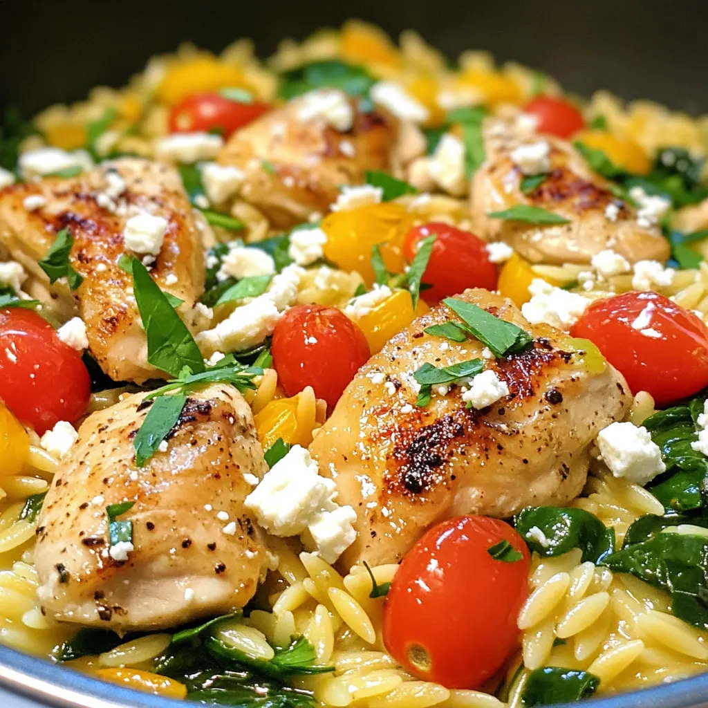 For this dish, you'll need: - 1 lb (450g) boneless, skinless chicken thighs, cut into bite-sized pieces - 1 cup orzo pasta The chicken thighs stay juicy and tender. They cook well with the orzo, creating a rich flavor. Orzo is a small pasta that cooks quickly. It absorbs the broth and adds a nice texture. You’ll also want: - 1 cup cherry tomatoes, halved - 1 cup baby spinach, roughly chopped - 1/2 cup feta cheese, crumbled - 1/2 red onion, finely chopped - 3 cloves garlic, minced Cherry tomatoes give a sweet burst of flavor. Baby spinach adds nutrients and color. Feta cheese lends creaminess and a salty kick. Red onion adds a mild sweetness, while garlic brings depth to the dish. Lastly, gather these: - 2 cups chicken broth - 1 teaspoon dried oregano - 1 teaspoon lemon zest - 2 tablespoons olive oil - Salt and pepper to taste - Fresh parsley, chopped (for garnish) Chicken broth is key for a flavorful base. Oregano adds a classic Greek taste, while lemon zest brightens the dish. Olive oil helps with cooking and adds richness. Salt and pepper enhance all the flavors. Fresh parsley completes the dish with a lovely touch! {{ingredient_image_1}} Start by gathering all your ingredients. You will need chicken, orzo, and veggies. Chop the red onion and mince the garlic. Cut the chicken thighs into bite-sized pieces. Halve the cherry tomatoes and roughly chop the spinach. Crumble the feta cheese for later. It’s best to have everything ready before cooking. This way, you can move quickly and enjoy the process. In a large pot, heat the olive oil over medium heat. Add the chopped red onion first. Sauté for about three to four minutes. The onion should turn translucent. Next, stir in the minced garlic, dried oregano, and lemon zest. Cook for one more minute until you smell the great aroma. Now, add the chicken pieces to the pot. Season with salt and pepper. Cook the chicken for five to seven minutes until it’s browned on all sides. Once the chicken is browned, pour in the chicken broth. Bring it to a boil. After it starts boiling, add the orzo pasta and halved cherry tomatoes. Stir everything well to combine. Now, reduce the heat to a simmer and cover the pot. Cook for about 10 to 12 minutes. Stir occasionally to stop the orzo from sticking. The orzo should be al dente and absorb most of the broth when done. After cooking, fold in the chopped spinach and crumbled feta cheese. Remove the pot from heat and cover it for two to three minutes. This lets the spinach wilt perfectly. Taste your dish and adjust the seasonings if needed. You can add more salt and pepper to suit your taste. Serve the meal hot, garnished with fresh parsley for a colorful finish. Enjoy your delicious one-pot Greek orzo with chicken! To make One-Pot Greek Orzo with Chicken, you need to master a few key skills. First, sautéing is vital. Start by cooking the red onion in olive oil until soft. This adds depth to your dish. Next, browning the chicken is key for flavor. Make sure you cook it until it turns golden. This step locks in the juices and taste. Finally, stirring in the orzo and broth creates a creamy texture. Stir regularly to prevent sticking. You can easily boost the flavors in this dish. Use fresh garlic for a stronger taste. It brings a nice aroma when you cook it. Adding lemon zest enhances the overall brightness. It balances the richness of the chicken and feta. Don't skip the feta cheese; it adds creaminess and tang. If you want a spicy kick, add red pepper flakes. Fresh herbs like parsley add color and freshness. A sprinkle on top makes your meal pop! Avoid overcooking the orzo. If you cook it too long, it becomes mushy. Stir it occasionally while it cooks to keep it al dente. Another mistake is not seasoning enough. Taste your dish before serving. You may need more salt or pepper. Lastly, don’t skip resting the dish. Let it sit for a few minutes after cooking. This helps the flavors meld together better. Pro Tips Use High-Quality Chicken: Opt for fresh, high-quality chicken thighs for better flavor and tenderness. Customize Your Veggies: Add other vegetables like bell peppers or zucchini for extra nutrition and taste. Adjust the Broth: If you prefer a creamier dish, substitute some of the chicken broth with heavy cream. Let It Rest: Allow the dish to sit covered for a few minutes after cooking to enhance the flavors. {{image_2}} You can switch the chicken for other proteins. Try shrimp or turkey for a twist. If you use shrimp, add them in the last few minutes. This keeps them tender and juicy. For turkey, use ground turkey for a different texture. Just brown it before adding the broth and orzo. To make this dish vegetarian, skip the chicken. Instead, use more veggies like zucchini or bell peppers. You can add chickpeas for protein. They add a nice texture and taste. Replace chicken broth with vegetable broth for flavor. This keeps the dish rich and satisfying. You can change the flavor profile easily. Add olives for a salty kick. A splash of lemon juice brightens the dish. For heat, toss in some red pepper flakes. You can also mix in artichoke hearts or sun-dried tomatoes for extra flavor. Fresh herbs like basil or dill can add a fresh touch. Experiment and find your favorite combo! After you make One-Pot Greek Orzo with Chicken, let it cool. Once cooled, transfer the dish to an airtight container. This meal will stay fresh in the fridge for up to 3 days. Keep the orzo and chicken mixture covered to prevent it from drying out. If you want to store it longer, you can freeze it. Place the cooled orzo and chicken in a freezer-safe container. Make sure to leave some space at the top for expansion. This dish will keep well in the freezer for up to 3 months. To avoid freezer burn, wrap the container in plastic wrap before sealing. When you are ready to eat, thaw the dish overnight in the fridge. To reheat, place it in a pot over medium heat. Add a splash of chicken broth or water to help it heat evenly. Stir it often until it is hot all the way through. You can also use the microwave. Heat in short bursts, stirring in between, to avoid hot spots. Enjoy your meal warm! Yes, you can use other pasta types. Try penne or fusilli for a fun twist. These shapes will hold sauce well and cook nicely. Just adjust the cooking time as needed. Always check your pasta package for the right timing. To make this meal ahead, cook the chicken and orzo first. Let them cool before storing. You can mix in the spinach and feta just before serving. This keeps everything fresh and tasty. Reheat on the stove with a splash of broth. If you don't have feta, try goat cheese. It adds creaminess and tang. For a dairy-free option, use tofu. Crumble it up for a nice texture. You can also skip cheese altogether for a lighter dish. This blog post covered everything you need to make a tasty chicken and orzo dish. We explored the key ingredients, cooking steps, and helpful tips. I also shared how to customize your recipe and store leftovers. In the end, cooking can be simple and fun. Use these steps and tips to create your meal. Enjoy your cooking adventure!