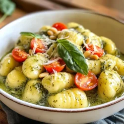 - 1 pound potato gnocchi - 1 cup fresh basil pesto - 1 cup heavy cream - 1 cup cherry tomatoes, halved - 1 cup baby spinach - 1/2 cup grated Parmesan cheese - 2 tablespoons olive oil - 2 cloves garlic, minced - Salt and pepper to taste - Optional: Pine nuts for garnish To make creamy pesto gnocchi, gather your ingredients first. The main star is the potato gnocchi. It adds a soft, pillowy texture. Fresh basil pesto adds bright flavor. You can use store-bought or homemade. Heavy cream makes the dish rich and creamy. Cherry tomatoes bring sweetness and color. Baby spinach adds freshness and a nice green touch. For added depth, don't forget the grated Parmesan cheese. It melts well and enhances the flavor. Olive oil and minced garlic give a fragrant base to the dish. Season with salt and pepper to taste for balance. If you're feeling fancy, sprinkle some pine nuts on top. They add a nice crunch and flavor. Make sure to have everything ready before you start cooking. This way, you will work smoothly and enjoy the process. {{ingredient_image_1}} - Boil a large pot of salted water. - Add 1 pound of potato gnocchi to the pot. - Cook until they float, about 2-3 minutes. - Carefully drain the gnocchi and set them aside. - In a large skillet, heat 2 tablespoons of olive oil over medium heat. - Add 2 minced cloves of garlic and sauté for 1 minute. - Stir in 1 cup of halved cherry tomatoes. - Cook the tomatoes for 2-3 minutes until they soften. - Add 1 cup of baby spinach and cook until wilted, about 1-2 minutes. - Lower the heat and pour in 1 cup of heavy cream. - Stir to mix the cream with the sautéed veggies. - After 1 minute, add 1 cup of fresh basil pesto. - Stir until the sauce is well combined and warm. - Gently fold in the cooked gnocchi, coating each piece in the sauce. - Cook for an additional 2-3 minutes to let the gnocchi absorb the sauce. - Stir in 1/2 cup of grated Parmesan cheese until melted. - Season with salt and pepper to taste. To avoid mushy gnocchi, watch the cooking time closely. Cook them just until they float. If they overcook, they become soft and lose their shape. Stir gently when cooking to keep them intact. Use high-quality potato gnocchi for the best results. For the best texture, try using a mix of flour when making homemade gnocchi. This will give your gnocchi a nice bite. Use a fork to shape them, creating grooves that hold the sauce better. This helps with both texture and flavor. Season your dish with salt and pepper while cooking. This will bring out the flavors of the ingredients. You can also add a pinch of red pepper flakes for a little heat. Try adding fresh herbs like parsley or thyme. They can boost the flavor even more. A squeeze of lemon juice at the end adds brightness to the dish. Creamy pesto gnocchi pairs well with a simple green salad. The fresh greens balance the rich sauce. You can also serve it with garlic bread for a hearty meal. For garnishing, sprinkle some extra Parmesan cheese on top. Add toasted pine nuts for a nice crunch. Fresh basil leaves not only look great but also add a pop of color. Pro Tips Fresh Ingredients: Always opt for fresh basil pesto and ripe cherry tomatoes to enhance the flavor of your dish. Perfectly Cooked Gnocchi: Make sure to only cook the gnocchi until they float. Overcooking can make them mushy. Customize the Sauce: Feel free to add more vegetables like bell peppers or zucchini for added nutrition and flavor. Serve Immediately: This dish is best enjoyed fresh. Serve right after cooking for the creamiest texture. {{image_2}} You can choose between homemade and store-bought pesto. Homemade pesto has a fresh taste. It usually includes basil, garlic, nuts, cheese, and olive oil. I love making my own when I have time. Store-bought pesto works well for quick meals. It saves time without losing flavor. You can also explore new pesto flavors. Sun-dried tomato pesto adds a rich, tangy taste. Walnut pesto provides a nutty twist. Try making pesto with spinach or arugula for a fun change. Each option can change the whole dish. You can add proteins to your creamy pesto gnocchi for extra nutrition. Chicken or shrimp are great choices. Cook them in the skillet before adding the gnocchi. This way, they soak up the sauce's flavor. You can also mix in vegetables for color and nutrition. Bell peppers, zucchini, or peas add vibrancy. They make the dish more appealing and packed with vitamins. Just sauté the veggies with the garlic before adding the cream. To make a vegan version of creamy pesto gnocchi, swap the heavy cream for coconut cream. This keeps it creamy and delicious. You can also use cashew cream for a nutty flavor. Instead of Parmesan cheese, try nutritional yeast. It gives a cheesy taste without dairy. You can mix in some vegan cheese if you prefer. These swaps make the dish plant-based while still tasting great. To store leftovers, place the creamy pesto gnocchi in an airtight container. Make sure it cools to room temperature first. Keep it in the fridge for up to three days. When you are ready to eat, reheat it gently on the stove. Add a splash of cream or olive oil to keep it creamy. If you want to freeze creamy pesto gnocchi, portion it into freezer-safe containers. Make sure to leave some space for expansion. It can last for up to three months in the freezer. To thaw, move it to the fridge overnight. Reheat it on the stove over low heat, adding a bit of cream or water for moisture. Creamy pesto gnocchi lasts about three days in the fridge. In the freezer, it remains good for up to three months. Always check for any off smells or changes in texture before eating. It takes about 25 minutes to make creamy pesto gnocchi. You will spend 10 minutes preparing and 15 minutes cooking. This quick dish is perfect for busy weeknights. Yes, you can use another type of pasta. Penne or fusilli works well. Just adjust the cooking time based on the pasta you choose. Regular gnocchi is not gluten-free, as it often contains wheat. Look for gluten-free gnocchi made from potatoes or other gluten-free grains. This option makes the dish friendly for gluten-sensitive eaters. To make creamy pesto gnocchi healthier, consider these tips: - Use whole wheat or gluten-free gnocchi. - Swap heavy cream for a lighter option, like low-fat milk. - Add more vegetables, like zucchini or bell peppers, for extra fiber. The best way to reheat creamy pesto gnocchi is on the stove. Add a splash of water or broth in a pan. Heat over low heat, stirring gently until warm. This keeps the gnocchi creamy and flavorful. Creamy pesto gnocchi is simple and tasty. We covered the main ingredients, steps, and tips. Perfecting texture and flavor enhances your meal. You can customize it with different pestos or add proteins. Store leftovers well for fresh meals later. This dish is easy to make and full of flavor. Enjoy experimenting and sharing it with friends and family. Cooking can be fun and rewarding, so dive in!