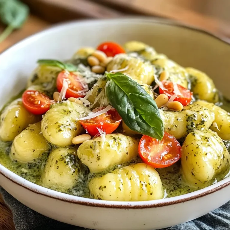 - 1 pound potato gnocchi - 1 cup fresh basil pesto - 1 cup heavy cream - 1 cup cherry tomatoes, halved - 1 cup baby spinach - 1/2 cup grated Parmesan cheese - 2 tablespoons olive oil - 2 cloves garlic, minced - Salt and pepper to taste - Optional: Pine nuts for garnish To make creamy pesto gnocchi, gather your ingredients first. The main star is the potato gnocchi. It adds a soft, pillowy texture. Fresh basil pesto adds bright flavor. You can use store-bought or homemade. Heavy cream makes the dish rich and creamy. Cherry tomatoes bring sweetness and color. Baby spinach adds freshness and a nice green touch. For added depth, don't forget the grated Parmesan cheese. It melts well and enhances the flavor. Olive oil and minced garlic give a fragrant base to the dish. Season with salt and pepper to taste for balance. If you're feeling fancy, sprinkle some pine nuts on top. They add a nice crunch and flavor. Make sure to have everything ready before you start cooking. This way, you will work smoothly and enjoy the process. {{ingredient_image_1}} - Boil a large pot of salted water. - Add 1 pound of potato gnocchi to the pot. - Cook until they float, about 2-3 minutes. - Carefully drain the gnocchi and set them aside. - In a large skillet, heat 2 tablespoons of olive oil over medium heat. - Add 2 minced cloves of garlic and sauté for 1 minute. - Stir in 1 cup of halved cherry tomatoes. - Cook the tomatoes for 2-3 minutes until they soften. - Add 1 cup of baby spinach and cook until wilted, about 1-2 minutes. - Lower the heat and pour in 1 cup of heavy cream. - Stir to mix the cream with the sautéed veggies. - After 1 minute, add 1 cup of fresh basil pesto. - Stir until the sauce is well combined and warm. - Gently fold in the cooked gnocchi, coating each piece in the sauce. - Cook for an additional 2-3 minutes to let the gnocchi absorb the sauce. - Stir in 1/2 cup of grated Parmesan cheese until melted. - Season with salt and pepper to taste. To avoid mushy gnocchi, watch the cooking time closely. Cook them just until they float. If they overcook, they become soft and lose their shape. Stir gently when cooking to keep them intact. Use high-quality potato gnocchi for the best results. For the best texture, try using a mix of flour when making homemade gnocchi. This will give your gnocchi a nice bite. Use a fork to shape them, creating grooves that hold the sauce better. This helps with both texture and flavor. Season your dish with salt and pepper while cooking. This will bring out the flavors of the ingredients. You can also add a pinch of red pepper flakes for a little heat. Try adding fresh herbs like parsley or thyme. They can boost the flavor even more. A squeeze of lemon juice at the end adds brightness to the dish. Creamy pesto gnocchi pairs well with a simple green salad. The fresh greens balance the rich sauce. You can also serve it with garlic bread for a hearty meal. For garnishing, sprinkle some extra Parmesan cheese on top. Add toasted pine nuts for a nice crunch. Fresh basil leaves not only look great but also add a pop of color. Pro Tips Fresh Ingredients: Always opt for fresh basil pesto and ripe cherry tomatoes to enhance the flavor of your dish. Perfectly Cooked Gnocchi: Make sure to only cook the gnocchi until they float. Overcooking can make them mushy. Customize the Sauce: Feel free to add more vegetables like bell peppers or zucchini for added nutrition and flavor. Serve Immediately: This dish is best enjoyed fresh. Serve right after cooking for the creamiest texture. {{image_2}} You can choose between homemade and store-bought pesto. Homemade pesto has a fresh taste. It usually includes basil, garlic, nuts, cheese, and olive oil. I love making my own when I have time. Store-bought pesto works well for quick meals. It saves time without losing flavor. You can also explore new pesto flavors. Sun-dried tomato pesto adds a rich, tangy taste. Walnut pesto provides a nutty twist. Try making pesto with spinach or arugula for a fun change. Each option can change the whole dish. You can add proteins to your creamy pesto gnocchi for extra nutrition. Chicken or shrimp are great choices. Cook them in the skillet before adding the gnocchi. This way, they soak up the sauce's flavor. You can also mix in vegetables for color and nutrition. Bell peppers, zucchini, or peas add vibrancy. They make the dish more appealing and packed with vitamins. Just sauté the veggies with the garlic before adding the cream. To make a vegan version of creamy pesto gnocchi, swap the heavy cream for coconut cream. This keeps it creamy and delicious. You can also use cashew cream for a nutty flavor. Instead of Parmesan cheese, try nutritional yeast. It gives a cheesy taste without dairy. You can mix in some vegan cheese if you prefer. These swaps make the dish plant-based while still tasting great. To store leftovers, place the creamy pesto gnocchi in an airtight container. Make sure it cools to room temperature first. Keep it in the fridge for up to three days. When you are ready to eat, reheat it gently on the stove. Add a splash of cream or olive oil to keep it creamy. If you want to freeze creamy pesto gnocchi, portion it into freezer-safe containers. Make sure to leave some space for expansion. It can last for up to three months in the freezer. To thaw, move it to the fridge overnight. Reheat it on the stove over low heat, adding a bit of cream or water for moisture. Creamy pesto gnocchi lasts about three days in the fridge. In the freezer, it remains good for up to three months. Always check for any off smells or changes in texture before eating. It takes about 25 minutes to make creamy pesto gnocchi. You will spend 10 minutes preparing and 15 minutes cooking. This quick dish is perfect for busy weeknights. Yes, you can use another type of pasta. Penne or fusilli works well. Just adjust the cooking time based on the pasta you choose. Regular gnocchi is not gluten-free, as it often contains wheat. Look for gluten-free gnocchi made from potatoes or other gluten-free grains. This option makes the dish friendly for gluten-sensitive eaters. To make creamy pesto gnocchi healthier, consider these tips: - Use whole wheat or gluten-free gnocchi. - Swap heavy cream for a lighter option, like low-fat milk. - Add more vegetables, like zucchini or bell peppers, for extra fiber. The best way to reheat creamy pesto gnocchi is on the stove. Add a splash of water or broth in a pan. Heat over low heat, stirring gently until warm. This keeps the gnocchi creamy and flavorful. Creamy pesto gnocchi is simple and tasty. We covered the main ingredients, steps, and tips. Perfecting texture and flavor enhances your meal. You can customize it with different pestos or add proteins. Store leftovers well for fresh meals later. This dish is easy to make and full of flavor. Enjoy experimenting and sharing it with friends and family. Cooking can be fun and rewarding, so dive in!