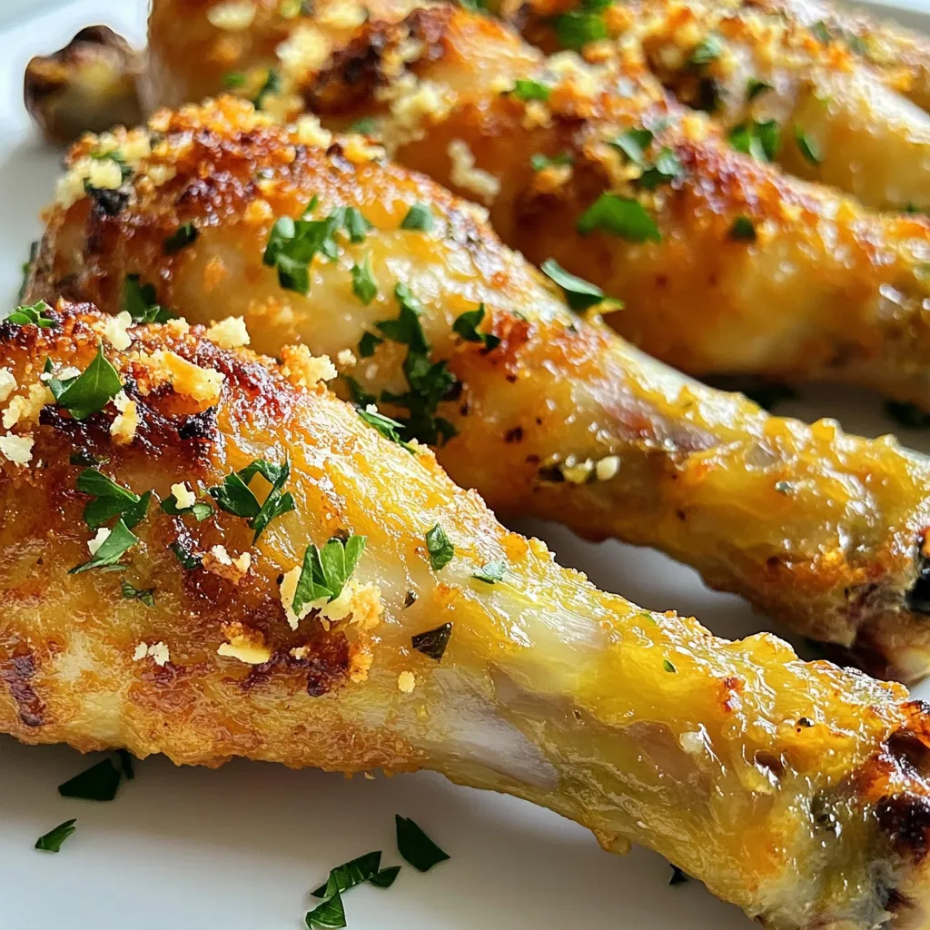 For these tasty Garlic Parmesan drumsticks, gather the following: - 2 lbs chicken drumsticks - 4 cloves garlic, minced - 1/2 cup grated Parmesan cheese - 1/4 cup olive oil - 1 tablespoon dried Italian herbs (oregano, basil, thyme) - 1 teaspoon onion powder - 1/2 teaspoon black pepper - 1/2 teaspoon salt - Fresh parsley, chopped (for garnish) These ingredients combine to make each bite rich and flavorful. You can change the flavor of your drumsticks with these optional ingredients: - 1 teaspoon red pepper flakes for heat - 1 tablespoon lemon juice for brightness - Fresh herbs like rosemary or thyme for more flavor - Different cheese types such as cheddar or feta Feel free to mix and match based on what you have at home! When choosing chicken drumsticks, look for these signs: - Color: Pick drumsticks with a pink hue. Avoid any gray or dark spots. - Freshness: Smell the chicken. It should not have a strong odor. - Texture: The meat should feel firm to the touch. - Size: Choose drumsticks that are similar in size for even cooking. These tips will help you pick the best drumsticks for your meal. Enjoy the delicious results! {{ingredient_image_1}} First, gather your ingredients. You will need garlic, Parmesan cheese, olive oil, and spices. In a large bowl, add four minced garlic cloves. Next, pour in half a cup of grated Parmesan cheese. Add a quarter cup of olive oil, one tablespoon of dried Italian herbs, one teaspoon of onion powder, half a teaspoon of black pepper, and half a teaspoon of salt. Mix these together until you form a thick paste. This mixture will give your drumsticks an amazing flavor. Now, take your two pounds of chicken drumsticks. Place them in the bowl with the garlic Parmesan mixture. Toss them well to ensure each drumstick is fully coated. This step is key for getting that rich flavor. Once coated, arrange the drumsticks on a lined baking sheet. Make sure to space them out a bit. This helps them cook evenly and get crispy skin. Preheat your oven to 425°F (220°C). Once it’s hot, place the baking sheet inside. Bake the drumsticks for 30 to 35 minutes. You want them cooked through and golden brown. For that extra crunch, switch to broil for 2 to 3 minutes at the end. Keep an eye on them to avoid burning. After baking, let them rest for a few minutes. This makes the meat juicier. Finally, sprinkle some chopped fresh parsley on top before serving. Enjoy your delicious Garlic Parmesan Drumsticks! To get that perfect crispy skin, start with dry drumsticks. Pat them with paper towels before you coat them. This helps the oil and seasoning stick better. When you bake them, space them out on the pan. This allows hot air to flow around each piece. If you want an extra crunch, broil them for a few minutes at the end. Keep a close watch to avoid burning. To boost flavor, you can add a squeeze of lemon juice to the garlic mix. This adds brightness and cuts through the richness of the cheese. You can also try adding a pinch of cayenne pepper for heat. Fresh herbs like rosemary or thyme will add depth. Mix and match these ideas to create your own unique taste. Ovens can vary in heat. If your oven runs hot, check the drumsticks a bit early. For slower ovens, you may need a few extra minutes. Always use a meat thermometer to check the internal temp. Drumsticks should reach 165°F (74°C). This ensures they are safe to eat and juicy. If you’re unsure, trust your thermometer over the clock. Pro Tips Use Fresh Garlic: Freshly minced garlic adds a robust flavor that enhances the dish. Avoid pre-minced garlic for the best taste. Pat Dry the Drumsticks: Ensuring the chicken drumsticks are dry before coating helps the mixture adhere better, resulting in a crispier skin. Check Temperature: Use a meat thermometer to ensure the chicken reaches an internal temperature of 165°F (75°C) for safe consumption. Experiment with Cheese: Try using different types of cheese, like cheddar or asiago, for a unique flavor profile that suits your taste. {{image_2}} If you want a kick, add heat! Mix in 1-2 teaspoons of red pepper flakes. This will give your drumsticks a spicy twist. The garlic and Parmesan still shine through, but the spice adds depth. For a fresh taste, swap the dried herbs with fresh ones. Use 1 tablespoon of each fresh oregano, basil, and thyme. Fresh herbs bring bright flavors. You can also try rosemary for a unique touch. Both methods work well, but they differ in texture. Baking gives a juicy inside with crispy skin. Air frying cooks faster and can make the skin even crispier. Set your air fryer to 400°F (200°C) and check after 25 minutes. After enjoying your Garlic Parmesan drumsticks, store any leftovers in an airtight container. Make sure to let them cool down first. Keep them in the fridge for up to three days. If you plan to eat them later, storing them properly keeps them tasty and safe. To reheat your drumsticks, use the oven for the best results. Preheat your oven to 350°F (175°C). Place the drumsticks on a baking sheet and cover them with foil. Heat for about 15-20 minutes, or until warm. This keeps the skin crispy. You can also use a microwave, but the skin may not stay crispy. You can freeze Garlic Parmesan drumsticks for up to three months. Place cooled drumsticks in a freezer bag. Remove as much air as possible to avoid freezer burn. When ready to eat, thaw them overnight in the fridge. Reheat in the oven for a delicious meal. Yes, you can use chicken thighs. They will cook well with this recipe. Thighs have more fat, giving them a richer taste. The cooking time may change slightly. Aim for 35-40 minutes at 425°F. Always check that they reach 165°F inside. To check if drumsticks are done, look for a golden brown color. The skin should be crispy. Use a meat thermometer to check the inside. It should read 165°F. If you pierce the drumstick, the juices should run clear, not pink. These drumsticks pair well with many sides. Here are some ideas: - Roasted vegetables: Carrots, broccoli, or Brussels sprouts work well. - Mashed potatoes: Creamy and buttery potatoes balance the flavors. - Caesar salad: The crisp greens add freshness. - Rice: A simple side of rice soaks up the tasty juices. Feel free to mix and match based on your taste! In this post, we explored how to make delicious garlic parmesan drumsticks. We covered ingredients, step-by-step instructions, and tips for crispy skin. We also shared some fun variations and how to store leftovers. Remember, good cooking takes practice and care. Enjoy playing with flavors and methods. You can create tasty meals that your family will love. Happy cooking!