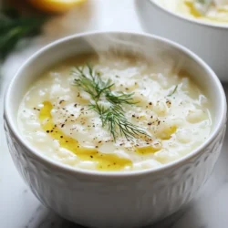 - 1 cup uncooked jasmine rice - 8 cups chicken or vegetable broth - 2 large eggs - 1/4 cup fresh lemon juice (about 2-3 lemons) - 1 cup cooked chicken, shredded (optional) - 1 medium onion, finely chopped - 2 cloves garlic, minced - 2 tablespoons olive oil - Salt and pepper to taste - Fresh dill or parsley for garnish Greek Lemon Rice Soup is simple yet full of flavor. First, let's talk about the main ingredients. The star of this dish is uncooked jasmine rice. It gives the soup a lovely texture and absorbs all the wonderful flavors. Next, we use chicken or vegetable broth. This adds depth to the soup. You can choose one based on your preference. Fresh lemon juice is key; it brings a bright taste that lifts the soup. Eggs create a creamy finish. They help make the soup smooth and rich. You can add cooked chicken for extra protein. It makes the soup even heartier. Onion and garlic add great aroma and taste. Sautéing them in olive oil creates a flavorful base. Finally, season with salt and pepper to enhance all the flavors. Fresh herbs like dill or parsley make a beautiful garnish. They not only look nice but also add a fresh flavor. All these ingredients come together to create a comforting bowl of goodness. {{ingredient_image_1}} 1. Start by heating 2 tablespoons of olive oil in a large pot over medium heat. 2. Add 1 medium onion, finely chopped, and 2 cloves of minced garlic. Sauté for about 3-5 minutes. The onion should turn soft and clear. 3. Next, add 1 cup of uncooked jasmine rice to the pot. Stir well to coat the rice in oil and onion. Toast the rice for about 2 minutes. This step adds a nice flavor. 4. Pour in 8 cups of chicken or vegetable broth. Bring everything to a boil. Once it boils, lower the heat to a simmer. Cook for 15-20 minutes until the rice is soft. 1. In a separate bowl, whisk together 2 large eggs and 1/4 cup of fresh lemon juice. Mix until smooth. 2. After the rice is cooked, remove the pot from heat. To temper the egg mixture, slowly ladle some hot broth into the egg-lemon mix. Whisk as you pour. This step stops the eggs from cooking too quickly. 1. Gradually pour the tempered egg mixture back into the soup pot. Stir constantly to keep the soup smooth and creamy. 2. If you want, add 1 cup of shredded cooked chicken to the soup. This adds protein and makes it heartier. 3. Season the soup with salt and pepper to taste. 4. Place the pot back on low heat for a few minutes, but do not let it boil. This helps blend the flavors. 5. Serve your soup hot. Garnish with fresh dill or parsley for extra flavor and color. - Choosing the right type of rice: Use uncooked jasmine rice for this soup. This rice has a nice texture and absorbs flavors well. It becomes soft and fluffy, perfect for this dish. Other types of rice may change the soup's taste and feel. - Importance of toasting rice: Toasting the rice adds depth to its flavor. When you sauté it with onion and garlic, it absorbs their taste. This simple step makes your soup richer and more satisfying. - Technique for tempering eggs: To keep the eggs from curdling, whisk them with lemon juice first. Slowly add hot broth to this mixture while whisking. This warms the eggs gently and keeps them smooth. - Avoiding curdling: Always stir the egg mixture into the soup slowly. If the soup is too hot, it can cook the eggs too fast. Keep the heat low after adding the egg mixture to maintain that creamy texture. - Fresh herbs options: Fresh dill or parsley works great for garnish. These herbs brighten the soup and add a fresh taste. You can also try mint for a unique twist. - Presentation tips for serving: Serve the soup in warm bowls. A sprinkle of herbs on top adds color. You might even drizzle a bit of olive oil for a touch of richness. A slice of lemon on the side can enhance the look and flavor too. Pro Tips Use Fresh Ingredients: Fresh lemon juice and high-quality broth will enhance the flavor of your soup significantly. Don't Rush the Tempering: Slowly tempering the eggs with hot broth prevents curdling and ensures a smooth texture. Adjust the Consistency: If you prefer a thicker soup, let it simmer longer or add a bit more rice. Garnish Wisely: Fresh dill or parsley not only adds flavor but also brings a vibrant color to your dish. {{image_2}} To make a vegetarian Greek lemon rice soup, skip the chicken. Instead, use vegetable broth. You can add more veggies to boost flavor and nutrition. Try diced carrots, celery, or spinach. These add color and taste. You can also include chickpeas for protein. They make the soup hearty and filling. Changing the herbs can give your soup a new twist. Try thyme, oregano, or basil for fresh flavors. You can also use a pinch of cumin or paprika for warmth. For toppings, consider adding croutons, a dollop of yogurt, or extra herbs. These toppings add texture and flavor. Each choice can change the soup's taste. Adjusting how much broth and rice you use can change the soup’s thickness. If you want a thicker soup, add less broth. For a thinner soup, increase the broth. You can also cook the rice longer to absorb more liquid. This creates a richer, creamier texture. Tailor the soup to fit your taste. To keep your Greek Lemon Rice Soup fresh, use an airtight container. Glass or plastic containers work well. The soup lasts up to three days in the fridge. Make sure to let it cool before sealing it up. The best way to reheat is on the stove. Pour the soup into a pot over low heat. Stir gently to keep the texture smooth. You can also microwave it, but stir every minute to avoid hot spots. Add a splash of broth or water to maintain its flavor. You can freeze the soup for later. Cool it completely, then pour it into freezer-safe bags. Remove as much air as possible before sealing. This soup can last up to three months in the freezer. To thaw, place it in the fridge overnight. Reheat it on the stove, stirring gently. Add a little broth if needed to bring back the creamy texture. Greek Lemon Rice Soup, also called Avgolemono, has a rich history. It dates back to ancient Greece. This dish combines simple ingredients into a warm, comforting bowl. The soup features bright lemon and creamy egg flavors. It is a classic in Greek kitchens, cherished for its warmth and nutrition. Families often enjoy it during special occasions or cold days. Yes, you can make Greek Lemon Rice Soup ahead of time. To prepare in advance, cook the soup and cool it. Store it in an airtight container in the fridge. It will stay fresh for up to three days. When you’re ready to serve, reheat it on low heat. Be careful not to let it boil, as this can change the texture. Yes, this recipe is gluten-free. The main ingredients, like rice and broth, do not contain gluten. However, check your broth labels to ensure they do not have gluten additives. If you want a homemade broth, use fresh ingredients like chicken or vegetables. This way, you can be sure it is gluten-free. To make Greek Lemon Rice Soup creamier, try adding more egg yolks. You can also stir in a splash of heavy cream. Another option is to puree a portion of the soup and mix it back in. This creates a smooth and rich texture. Just remember to temper the eggs carefully to keep them from curdling. This blog highlights how to make Greek Lemon Rice Soup from scratch. We covered the key ingredients, cooking steps, and tips for the best flavor and texture. You learned how to customize the soup and store leftovers properly. Remember, you can adjust the rice and broth for your perfect consistency. Enjoy this delicious dish whenever you want a comforting meal. With practice, you'll impress family and friends with your cooking skills. Dive in and make this wholesome soup your own!