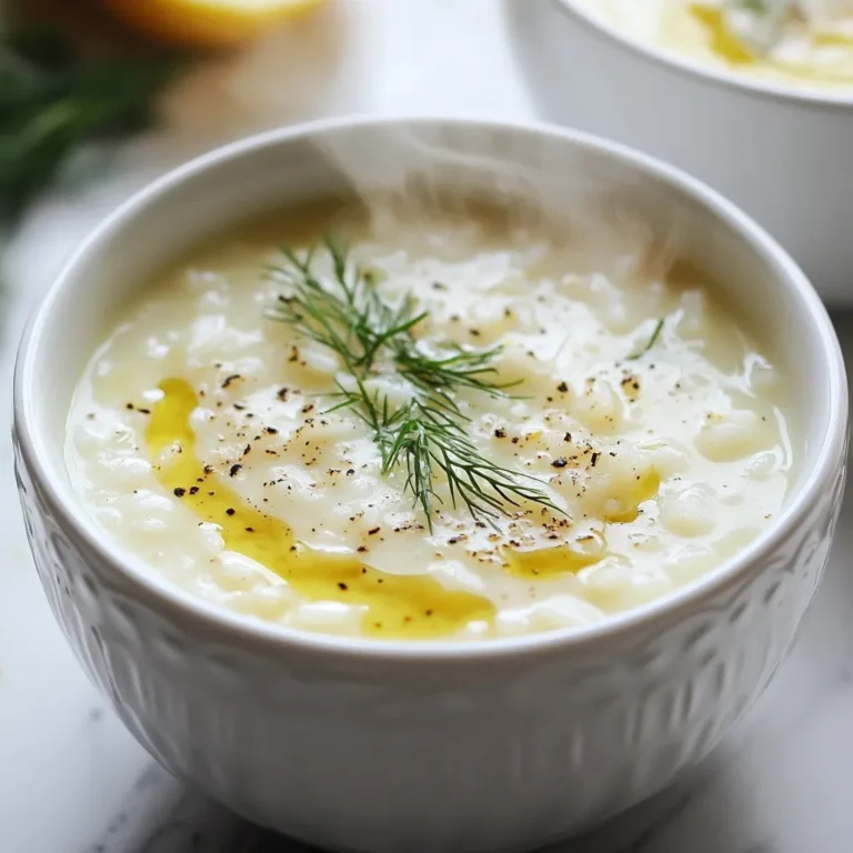 - 1 cup uncooked jasmine rice - 8 cups chicken or vegetable broth - 2 large eggs - 1/4 cup fresh lemon juice (about 2-3 lemons) - 1 cup cooked chicken, shredded (optional) - 1 medium onion, finely chopped - 2 cloves garlic, minced - 2 tablespoons olive oil - Salt and pepper to taste - Fresh dill or parsley for garnish Greek Lemon Rice Soup is simple yet full of flavor. First, let's talk about the main ingredients. The star of this dish is uncooked jasmine rice. It gives the soup a lovely texture and absorbs all the wonderful flavors. Next, we use chicken or vegetable broth. This adds depth to the soup. You can choose one based on your preference. Fresh lemon juice is key; it brings a bright taste that lifts the soup. Eggs create a creamy finish. They help make the soup smooth and rich. You can add cooked chicken for extra protein. It makes the soup even heartier. Onion and garlic add great aroma and taste. Sautéing them in olive oil creates a flavorful base. Finally, season with salt and pepper to enhance all the flavors. Fresh herbs like dill or parsley make a beautiful garnish. They not only look nice but also add a fresh flavor. All these ingredients come together to create a comforting bowl of goodness. {{ingredient_image_1}} 1. Start by heating 2 tablespoons of olive oil in a large pot over medium heat. 2. Add 1 medium onion, finely chopped, and 2 cloves of minced garlic. Sauté for about 3-5 minutes. The onion should turn soft and clear. 3. Next, add 1 cup of uncooked jasmine rice to the pot. Stir well to coat the rice in oil and onion. Toast the rice for about 2 minutes. This step adds a nice flavor. 4. Pour in 8 cups of chicken or vegetable broth. Bring everything to a boil. Once it boils, lower the heat to a simmer. Cook for 15-20 minutes until the rice is soft. 1. In a separate bowl, whisk together 2 large eggs and 1/4 cup of fresh lemon juice. Mix until smooth. 2. After the rice is cooked, remove the pot from heat. To temper the egg mixture, slowly ladle some hot broth into the egg-lemon mix. Whisk as you pour. This step stops the eggs from cooking too quickly. 1. Gradually pour the tempered egg mixture back into the soup pot. Stir constantly to keep the soup smooth and creamy. 2. If you want, add 1 cup of shredded cooked chicken to the soup. This adds protein and makes it heartier. 3. Season the soup with salt and pepper to taste. 4. Place the pot back on low heat for a few minutes, but do not let it boil. This helps blend the flavors. 5. Serve your soup hot. Garnish with fresh dill or parsley for extra flavor and color. - Choosing the right type of rice: Use uncooked jasmine rice for this soup. This rice has a nice texture and absorbs flavors well. It becomes soft and fluffy, perfect for this dish. Other types of rice may change the soup's taste and feel. - Importance of toasting rice: Toasting the rice adds depth to its flavor. When you sauté it with onion and garlic, it absorbs their taste. This simple step makes your soup richer and more satisfying. - Technique for tempering eggs: To keep the eggs from curdling, whisk them with lemon juice first. Slowly add hot broth to this mixture while whisking. This warms the eggs gently and keeps them smooth. - Avoiding curdling: Always stir the egg mixture into the soup slowly. If the soup is too hot, it can cook the eggs too fast. Keep the heat low after adding the egg mixture to maintain that creamy texture. - Fresh herbs options: Fresh dill or parsley works great for garnish. These herbs brighten the soup and add a fresh taste. You can also try mint for a unique twist. - Presentation tips for serving: Serve the soup in warm bowls. A sprinkle of herbs on top adds color. You might even drizzle a bit of olive oil for a touch of richness. A slice of lemon on the side can enhance the look and flavor too. Pro Tips Use Fresh Ingredients: Fresh lemon juice and high-quality broth will enhance the flavor of your soup significantly. Don't Rush the Tempering: Slowly tempering the eggs with hot broth prevents curdling and ensures a smooth texture. Adjust the Consistency: If you prefer a thicker soup, let it simmer longer or add a bit more rice. Garnish Wisely: Fresh dill or parsley not only adds flavor but also brings a vibrant color to your dish. {{image_2}} To make a vegetarian Greek lemon rice soup, skip the chicken. Instead, use vegetable broth. You can add more veggies to boost flavor and nutrition. Try diced carrots, celery, or spinach. These add color and taste. You can also include chickpeas for protein. They make the soup hearty and filling. Changing the herbs can give your soup a new twist. Try thyme, oregano, or basil for fresh flavors. You can also use a pinch of cumin or paprika for warmth. For toppings, consider adding croutons, a dollop of yogurt, or extra herbs. These toppings add texture and flavor. Each choice can change the soup's taste. Adjusting how much broth and rice you use can change the soup’s thickness. If you want a thicker soup, add less broth. For a thinner soup, increase the broth. You can also cook the rice longer to absorb more liquid. This creates a richer, creamier texture. Tailor the soup to fit your taste. To keep your Greek Lemon Rice Soup fresh, use an airtight container. Glass or plastic containers work well. The soup lasts up to three days in the fridge. Make sure to let it cool before sealing it up. The best way to reheat is on the stove. Pour the soup into a pot over low heat. Stir gently to keep the texture smooth. You can also microwave it, but stir every minute to avoid hot spots. Add a splash of broth or water to maintain its flavor. You can freeze the soup for later. Cool it completely, then pour it into freezer-safe bags. Remove as much air as possible before sealing. This soup can last up to three months in the freezer. To thaw, place it in the fridge overnight. Reheat it on the stove, stirring gently. Add a little broth if needed to bring back the creamy texture. Greek Lemon Rice Soup, also called Avgolemono, has a rich history. It dates back to ancient Greece. This dish combines simple ingredients into a warm, comforting bowl. The soup features bright lemon and creamy egg flavors. It is a classic in Greek kitchens, cherished for its warmth and nutrition. Families often enjoy it during special occasions or cold days. Yes, you can make Greek Lemon Rice Soup ahead of time. To prepare in advance, cook the soup and cool it. Store it in an airtight container in the fridge. It will stay fresh for up to three days. When you’re ready to serve, reheat it on low heat. Be careful not to let it boil, as this can change the texture. Yes, this recipe is gluten-free. The main ingredients, like rice and broth, do not contain gluten. However, check your broth labels to ensure they do not have gluten additives. If you want a homemade broth, use fresh ingredients like chicken or vegetables. This way, you can be sure it is gluten-free. To make Greek Lemon Rice Soup creamier, try adding more egg yolks. You can also stir in a splash of heavy cream. Another option is to puree a portion of the soup and mix it back in. This creates a smooth and rich texture. Just remember to temper the eggs carefully to keep them from curdling. This blog highlights how to make Greek Lemon Rice Soup from scratch. We covered the key ingredients, cooking steps, and tips for the best flavor and texture. You learned how to customize the soup and store leftovers properly. Remember, you can adjust the rice and broth for your perfect consistency. Enjoy this delicious dish whenever you want a comforting meal. With practice, you'll impress family and friends with your cooking skills. Dive in and make this wholesome soup your own!
