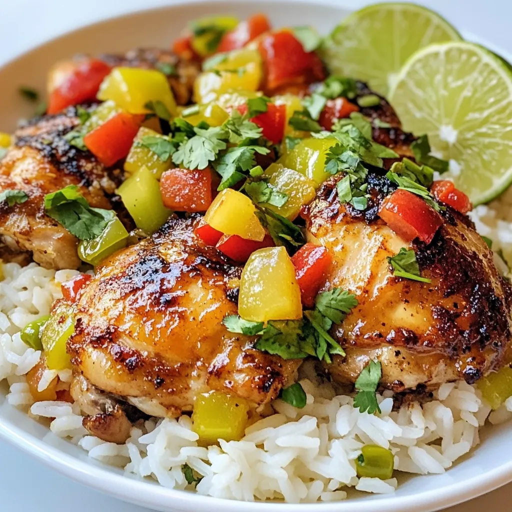 To make Caribbean Chicken and Rice, you need these key items: - 4 chicken thighs, bone-in and skin-on - 2 cups jasmine rice - 1 can (14 oz) coconut milk - 1 cup chicken broth - 1 red bell pepper, diced - 1 green bell pepper, diced - 1 small onion, finely chopped - 3 cloves garlic, minced - 1 teaspoon fresh thyme leaves - 1 teaspoon allspice - 1 teaspoon cayenne pepper (adjust for heat preference) - 2 tablespoons vegetable oil - Salt and pepper to taste - Fresh cilantro, for garnish - Lime wedges, for serving You can add some extra flavor with these ingredients: - Fresh ginger for warmth - Green onions for a fresh crunch - Tomatoes for added sweetness If you need to swap something out, here are some ideas: - Use brown rice instead of jasmine for more fiber. - Coconut cream can replace coconut milk for a richer taste. - You can use vegetable broth instead of chicken broth for a vegetarian twist. - Use skinless chicken for a lighter meal. These choices help you customize the dish while keeping it delicious! {{ingredient_image_1}} First, grab a large bowl. Add the chicken thighs to the bowl. Sprinkle salt and pepper over the chicken. Add fresh thyme, allspice, and cayenne pepper. Mix the chicken well, ensuring it’s coated. Let it marinate while you prepare the other ingredients. This helps the flavors soak in. Next, take a large pot and heat vegetable oil over medium heat. Once hot, add the chopped onion. Cook the onion for about five minutes until it becomes soft and clear. Now, add minced garlic, diced red bell pepper, and green bell pepper. Stir and cook for another three minutes. The veggies should be tender and fragrant. After the vegetables are ready, push them to the side of the pot. Place the marinated chicken thighs skin-side down in the pot. Sear them for about five to seven minutes until the skin turns golden brown. Flip the chicken and sear for another five minutes. Then, remove the chicken and set it aside. Now, it’s time to cook the rice. Add jasmine rice to the pot, stirring it with the oil and veggies. Toast the rice for two minutes to enhance its flavor. Pour in the coconut milk and chicken broth, stirring to mix everything well. Nestle the browned chicken back into the pot. Bring the mixture to a gentle boil, then lower the heat. Cover the pot and let it simmer for twenty-five to thirty minutes. Check occasionally until the rice is soft and the chicken is tender. Once done, remove the pot from heat. Let it rest for five minutes with the lid on. This helps the rice fluff up. Use a fork to fluff the rice. Check the seasoning and add salt and pepper if needed. Serve it hot, garnished with fresh cilantro and lime wedges. Enjoy your Caribbean Chicken and Rice! To get the best results, timing is key. If you use larger chicken pieces, increase the cooking time by 5 to 10 minutes. Always check chicken for doneness; it should reach 165°F. If the rice seems undercooked, add a little more broth and simmer for a few more minutes. Want to amp up the taste? Add a splash of lime juice right before serving. You can also toss in a bay leaf while the chicken simmers. For extra heat, try adding more cayenne or some chopped jalapeños. Fresh herbs like parsley or basil work well too. Make your meal pop with color! Serve the chicken and rice in a big bowl. Top it with fresh cilantro and lime wedges. You can even add slices of avocado for creaminess. A sprinkle of red pepper flakes adds a nice touch, too! Pro Tips Marinate for Flavor: Allowing the chicken to marinate for at least 30 minutes (or overnight) enhances the flavor profile of the dish significantly. Use Fresh Herbs: Fresh thyme adds a distinct flavor compared to dried. If available, use fresh herbs for a more vibrant taste. Adjust Rice Texture: If you prefer a firmer rice, reduce the amount of liquid slightly. For a creamier texture, stick to the recipe's liquid ratios. Garnish Wisely: Fresh cilantro and lime not only add color but also brighten the dish's flavors. Don't skip these garnishes! {{image_2}} To make a spicy version, add more cayenne pepper. You can use up to 2 teaspoons if you love heat. You can also add sliced jalapeños for extra spice. The heat brings out the rich flavors in the dish. For a vegetarian twist, swap the chicken for chickpeas or tofu. Use vegetable broth instead of chicken broth. You can keep the same spices for added flavor. Add more vegetables like zucchini or corn for a colorful dish. While jasmine rice works great, you can try basmati or long-grain rice. Brown rice is another option, but it needs more cooking time. Always check the rice package for the right water amount. Adjust the liquid in the recipe to match your rice type. After enjoying your Caribbean chicken and rice, store leftovers in an airtight container. Let the dish cool down first. Then, place it in the fridge. It stays fresh for up to three days. Make sure to separate the chicken from the rice if you want. This helps keep both tasty. To reheat, you can use the microwave or stovetop. If using the microwave, put the food in a safe dish. Heat for one to two minutes, stirring halfway. If you prefer the stovetop, add a splash of water. Warm it over low heat until hot. This keeps the rice from drying out. If you want to freeze it, pack the chicken and rice in a freezer-safe container. It can last up to three months in the freezer. When ready to eat, thaw it overnight in the fridge. Then, reheat as mentioned above. This way, you can enjoy a taste of the Caribbean anytime! Yes, you can use boneless chicken. Boneless chicken cooks faster than bone-in. Use chicken thighs for best flavor. You can also use chicken breasts if you prefer. Just be careful not to overcook them. They can dry out quickly. Adjust the cooking time to about 20-25 minutes. This way, the chicken stays juicy and tender. You can serve many sides with Caribbean Chicken and Rice. Here are some tasty options: - Plantains: Fried or baked, they add sweetness. - Coleslaw: A crunchy side that helps balance flavors. - Black beans: Packed with protein and great for texture. - Steamed vegetables: Broccoli or green beans work well. - Salad: A fresh, citrusy salad can brighten the meal. These sides complement the dish and round out your meal nicely. To make this dish kid-friendly, reduce the cayenne pepper. Start with just a pinch. You can also remove the seeds from the bell peppers. This cuts down on heat. If your kids like flavor, add more coconut milk. This keeps it creamy and mild. Serve lime wedges on the side. Kids can squeeze them for a bit of brightness without the spice. This article covered how to make Caribbean Chicken and Rice. We discussed key ingredients, easy steps, and useful tips. You learned about tasty variations and storage advice too. In cooking, don’t be afraid to try new things. Adjust flavors to fit your taste. Enjoy the process and share your meals with others for a fun experience!