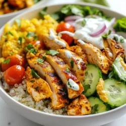 For Chicken Shawarma Bowls, you’ll need a few key ingredients. Here’s what to gather: - 2 chicken breasts, sliced into thin strips - 3 tablespoons olive oil - 1 cup quinoa, rinsed and drained - 2 cups vegetable broth (or water) - 1 cup cherry tomatoes, halved - 1 cucumber, diced - ½ red onion, thinly sliced - 1 cup lettuce, shredded - ¼ cup fresh parsley, chopped - ½ cup plain Greek yogurt These ingredients form the base of your bowl. The chicken provides protein, while quinoa adds fiber. The spices create the magic in Chicken Shawarma. Here’s what you will need: - 2 teaspoons ground cumin - 2 teaspoons ground coriander - 1 teaspoon smoked paprika - 1 teaspoon turmeric - 1 teaspoon garlic powder - 1 teaspoon ground cinnamon - Salt and pepper to taste Combine these spices with olive oil to form a marinade. The chicken absorbs these flavors, making each bite delicious. Marinate the chicken for at least 30 minutes. For even more flavor, marinate it for up to 2 hours. Toppings add freshness and crunch. Don’t skip these! Here are the must-have garnishes: - Cherry tomatoes - Cucumber - Red onion - Shredded lettuce - Fresh parsley You can also drizzle a creamy sauce on top. For this, mix: - ½ cup Greek yogurt - 1 tablespoon tahini - Juice of 1 lemon This sauce ties the bowl together and adds creaminess. Enjoy the vibrant colors and tastes of your Chicken Shawarma Bowls! {{ingredient_image_1}} Start by slicing two chicken breasts into thin strips. In a large bowl, mix the chicken with three tablespoons of olive oil. Next, add two teaspoons of ground cumin and two teaspoons of ground coriander. Then, sprinkle in one teaspoon each of smoked paprika, turmeric, garlic powder, and ground cinnamon. Season with salt and pepper to taste. Mix well to coat the chicken evenly. Let it marinate for at least 30 minutes. For deeper flavor, marinate for up to two hours in the fridge. While the chicken marinates, prepare the quinoa. Rinse and drain one cup of quinoa. In a saucepan, combine the quinoa with two cups of vegetable broth or water. Bring it to a boil over medium-high heat. Once boiling, reduce the heat, cover, and let it simmer for about 15 minutes. After this time, check if the quinoa is tender and the liquid absorbed. Fluff the quinoa gently with a fork and set it aside. Now, heat a large skillet over medium-high heat. Add the marinated chicken strips to the skillet. Cook the chicken for about 6 to 8 minutes. Stir frequently to ensure even cooking. The chicken should be cooked through and golden brown when finished. In a small bowl, mix half a cup of plain Greek yogurt with one tablespoon of tahini. Squeeze the juice of one lemon into the bowl and add a pinch of salt. Stir until you achieve a creamy sauce. Taste and adjust the seasoning if needed. To build your bowls, start with a scoop of quinoa at the base. Add a generous portion of the cooked chicken on top. Then, layer with cherry tomatoes, diced cucumber, thinly sliced red onion, and shredded lettuce. Drizzle the yogurt-tahini sauce over everything. Finish with a sprinkle of fresh parsley for a pop of color. Serve in deep plates for an appealing look, and add lemon wedges for an extra zing! To make your chicken shawarma shine, marinate it well. Use a mix of olive oil, cumin, coriander, smoked paprika, turmeric, garlic powder, cinnamon, salt, and pepper. I suggest letting it sit for at least 30 minutes. For deeper flavor, marinate for up to 2 hours. The longer it sits, the better the taste. Always cover the bowl with plastic wrap or a lid while it marinates. When cooking, ensure your skillet is hot. This helps seal in the juices. Cook the chicken for about 6 to 8 minutes. Stir it often to avoid burning. Check that it is golden brown and fully cooked. If overcooked, the chicken becomes dry. A meat thermometer can help; it should read 165°F. Let the chicken rest for a few minutes before serving. This makes it juicier. To serve, use deep plates or bowls. Start with a base of fluffy quinoa. Layer the chicken on top, then add colorful toppings. Use cherry tomatoes, cucumber, red onion, and shredded lettuce. Drizzle the creamy yogurt-tahini sauce over the dish. Finish with fresh parsley for a pop of color. Add lemon wedges on the side for extra flavor. This makes the meal look as good as it tastes! Pro Tips Marination Matters: Allow the chicken to marinate for up to 2 hours for deeper flavor penetration. Quinoa Perfection: Rinse quinoa thoroughly before cooking to remove bitterness and enhance flavor. Serving Style: Layer the ingredients in bowls for a beautiful presentation that highlights the vibrant colors. Yogurt Sauce Variation: Experiment with adding herbs like dill or mint to the yogurt-tahini sauce for extra freshness. {{image_2}} You can swap chicken for other proteins. Try beef or lamb for a richer taste. Turkey can work well too; it cooks fast and stays juicy. If you want fish, salmon or shrimp are great options. The spices in the marinade will pair nicely with these proteins, giving you flavor in every bite. For a vegetarian or vegan meal, use chickpeas or tofu. Both options soak up the spices well. Canned chickpeas are easy; just rinse and dry them. For tofu, press it to remove extra moisture. Then, marinate and cook until crispy. You can also try grilled vegetables for a hearty meal. Eggplant, zucchini, and bell peppers add a nice touch. While quinoa is tasty, you can use other grains. Brown rice or farro are filling and nutritious. They also catch the sauce well. If you're looking for a lighter option, try cauliflower rice. It adds a fresh crunch and makes the dish low-carb. You could even use couscous or barley for a fun twist! Each base offers a unique flavor and texture to your bowl. To store leftovers, let the chicken shawarma cool down first. Place it in an airtight container. You can keep it in the fridge for up to three days. Make sure to also store the cooked quinoa and other toppings separately. This helps keep everything fresh and tasty. If you have leftover sauce, store it in a small jar. You can freeze chicken shawarma for later meals. First, cool the chicken completely. Then, place it in a freezer-safe bag. Squeeze out the air before sealing. This helps prevent freezer burn. You can freeze it for up to three months. When ready to eat, thaw it in the fridge overnight. To reheat chicken shawarma, you can use the oven or a skillet. For the oven, preheat it to 350°F. Spread the chicken on a baking sheet and cover with foil. Heat for about 15-20 minutes. If using a skillet, warm it over medium heat. Stir the chicken until it is hot. Make sure the quinoa is also heated through before serving. Enjoy your flavorful bowls! You can use rice, couscous, or farro instead of quinoa. These grains cook well and taste great. Rice is easy to find and cooks fast. Couscous has a fluffy texture, and farro adds a nutty flavor. Each option gives your bowl a unique twist. To make Chicken Shawarma in an air fryer, start by marinating the chicken as usual. Preheat your air fryer to 400°F (200°C). Place the marinated chicken strips in the basket in a single layer. Cook for about 10-12 minutes, shaking the basket halfway through. The chicken should be crispy outside and juicy inside. Yes, you can prepare Chicken Shawarma ahead of time. Marinate the chicken and store it in the fridge for up to 2 hours or overnight. Cook the chicken just before serving for the best taste. You can also cook everything in advance and store it in containers. Just reheat when you’re ready to eat. You now know how to make delicious Chicken Shawarma Bowls from scratch. We explored the key ingredients, spices, and toppings that bring vibrant flavors. I provided step-by-step instructions for preparing the chicken, quinoa, and sauce. With tips for marinating, cooking, and serving, you can impress anyone. Don’t forget the variations and storage tips to keep meals fresh. Enjoy your culinary adventure and make these bowls your own!