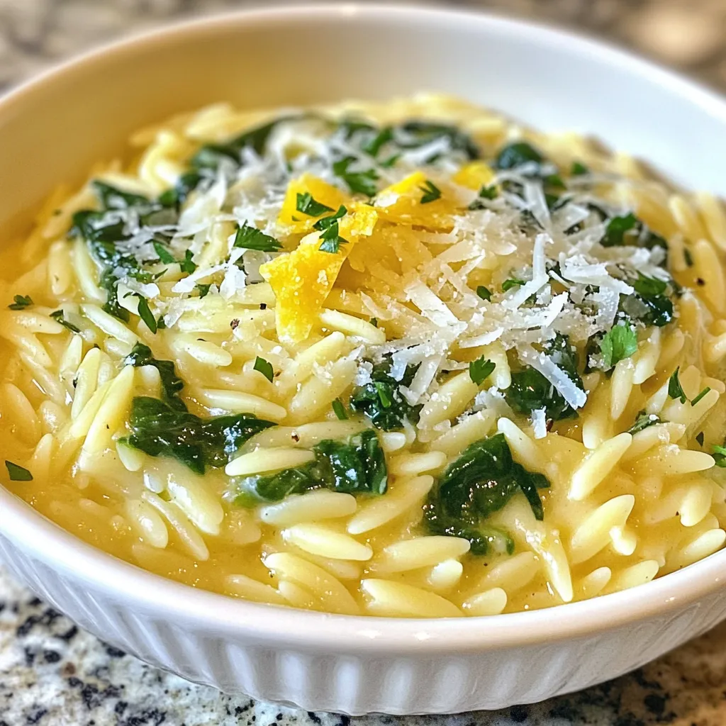 Basic Ingredients for Creamy Garlic Spinach Orzo - 1 cup orzo pasta - 2 cups fresh spinach, chopped - 3 cloves garlic, minced - 1 cup heavy cream - 1 cup vegetable broth - 1 tablespoon olive oil - 1/2 cup grated Parmesan cheese (plus more for garnish) - Salt and pepper to taste Optional Ingredients for Enhanced Flavor - 1/2 teaspoon crushed red pepper flakes - Lemon zest for garnish - Fresh parsley, chopped for garnish Gather these simple items before you start cooking. The orzo pasta is the star. It gives this dish its unique texture. Spinach adds color and nutrients. Garlic brings a lovely aroma and taste. Heavy cream makes the dish rich and creamy. Vegetable broth adds depth. Parmesan cheese enhances flavor. Salt and pepper balance everything. For optional flavors, crushed red pepper flakes add heat. Lemon zest brightens the dish. Fresh parsley adds a pop of color. Feel free to mix and match these ingredients. This recipe is all about making it your own! {{ingredient_image_1}} Boiling Method for Perfect Texture To start, fill a large pot with water. Add a pinch of salt to the water. Bring it to a boil. Once boiling, add 1 cup of orzo pasta. Cook the orzo for about 8-10 minutes until it is al dente. This means it should still have a slight bite to it. Stir occasionally to prevent sticking. Draining Techniques When the orzo is ready, carefully pour it into a colander. Let the water drain fully. Rinse the orzo briefly under cold water to stop the cooking process. Set it aside in a bowl. Keeping it warm helps it blend well with the sauce later. Best Practices for Sautéing Garlic In a large skillet, heat 1 tablespoon of olive oil over medium heat. Once the oil is hot, add 3 minced garlic cloves. Sauté the garlic for about 1 minute. Watch closely to avoid burning. You want it to smell fragrant. Tips for Wilting Spinach Correctly Next, stir in 2 cups of chopped fresh spinach. Cook for about 2-3 minutes. Keep stirring until the spinach wilts down. This helps it mix well with the garlic flavor. Simmering Vegetable Broth with Cream Pour in 1 cup of vegetable broth into the skillet. Bring it to a light simmer. This adds a rich flavor base. Once simmering, reduce the heat. Add 1 cup of heavy cream slowly, stirring constantly. This will create your creamy sauce. Incorporating Flavors Effectively Mix in 1/2 cup of grated Parmesan cheese. Stir until it melts and combines with the sauce. Season with salt, pepper, and optional crushed red pepper flakes to taste. This enhances the dish's overall flavor. Tossing Orzo with Sauce Add the drained orzo to the skillet. Toss it gently to coat the pasta in the creamy sauce. Make sure every piece of orzo gets covered. This ensures a delicious bite every time. Final Seasoning Adjustments Taste the dish one last time. Adjust the seasonings if needed. Add more salt, pepper, or even a squeeze of lemon juice for brightness. This step really personalizes your dish. Best Presentation Methods Serve the creamy garlic spinach orzo in shallow bowls. This makes it look inviting. For a touch of elegance, drizzle a bit of extra cream on top. Ideas for Garnishing Finish by garnishing with more grated Parmesan cheese. Add lemon zest for a fresh kick. Sprinkle freshly chopped parsley for color. This makes the dish pop visually and adds flavor. - Avoiding Sticky Pasta: To keep orzo from sticking together, use plenty of water. Add a bit of salt to the boiling water. Stir the orzo often while it cooks. This helps to separate the grains. - Adjusting Cooking Time for Different Brands: Different brands of orzo may have slight cooking time differences. Always check the package for the best time. Most take about 8 to 10 minutes to become al dente. - Suggestions for Additional Herbs and Spices: You can add herbs like basil, thyme, or oregano for extra flavor. A pinch of nutmeg also works well. Just a little can bring a whole new taste. - Using Different Cheeses for Variation: While Parmesan is great, try using feta or goat cheese. Both add a unique twist to the dish. You can even mix cheeses for more depth. - Fixing Overcooked Orzo: If your orzo is overcooked, you can add a splash of broth. Stir in some fresh spinach or herbs to mask the mushy texture. This can help make it more enjoyable. - Adjusting Creaminess Level: If the dish is too creamy, add more broth or a bit of lemon juice. This brightens the flavor. For a richer dish, stir in more cream or cheese. Pro Tips Use Fresh Spinach: Fresh spinach adds a vibrant flavor and color to the dish. If using frozen spinach, make sure to thaw and drain it well to avoid excess water in the sauce. Adjust the Creaminess: If you prefer a lighter dish, you can substitute half of the heavy cream with more vegetable broth. This will still provide a creamy texture without being too heavy. Perfectly Cooked Orzo: Ensure that you cook the orzo just until al dente, as it will continue to cook when mixed with the sauce. This helps avoid a mushy texture. Garnish for Flavor: Don’t skip the lemon zest and fresh parsley! They not only enhance the presentation but also add a refreshing brightness that elevates the entire dish. {{image_2}} Making it Gluten-Free To make creamy garlic spinach orzo gluten-free, swap the orzo pasta with a gluten-free version. Many brands offer rice or corn-based orzo. Just cook it as you would regular orzo. Check the package for timing. Dairy-Free Alternatives For a dairy-free dish, use coconut cream instead of heavy cream. Nutritional yeast can replace Parmesan cheese, giving a cheesy taste without dairy. Also, use vegetable broth that is free of animal products for a fully dairy-free meal. Adding Chicken or Shrimp You can add cooked chicken or shrimp to boost protein. For chicken, use grilled or roasted pieces. Add them to the pan after the spinach wilts. For shrimp, sauté them until pink, then mix with the sauce and orzo. Vegetarian Protein Options If you prefer a vegetarian option, consider adding chickpeas or white beans. They add protein and texture. Stir them in with the spinach. Tofu is another great choice. Use firm tofu, cooked until golden. Best Vegetables to Incorporate Feel free to add seasonal veggies like zucchini, bell peppers, or asparagus. These add flavor and color. Chop them small, so they cook quickly. Add them when you sauté the spinach. Adjusting Cooking Times for Different Veggies Each vegetable has a unique cooking time. For example, zucchini takes about 2-3 minutes to cook. Bell peppers may need a few extra minutes. Always check for tenderness before mixing with the orzo. Refrigeration Guidelines After making creamy garlic spinach orzo, let it cool. Place it in an airtight container. Store it in the fridge for up to three days. Make sure to keep the orzo covered to prevent it from drying out. Freezing Techniques and Tips You can freeze creamy garlic spinach orzo for up to three months. Use a freezer-safe container or a zip-top bag. Leave some space for expansion. Thaw it in the fridge overnight before reheating. How to Keep Orzo Creamy When Reheating To keep the orzo creamy when reheating, add a splash of vegetable broth or cream. This helps restore moisture. Stir gently to combine. Microwave vs. Stovetop Reheating For microwave reheating, place the orzo in a bowl. Cover it with a damp paper towel. Heat it for one minute, then stir and heat again if needed. For stovetop reheating, add the orzo to a skillet. Use medium heat and add a bit of broth or cream. Stir until it is heated through. Orzo is a small, rice-shaped pasta. It has a smooth texture and a mild taste. You can use orzo in salads, soups, or as a side dish. Cooking orzo is easy. Just boil it in salted water. It cooks in about 8 to 10 minutes until it is tender but firm, called al dente. After cooking, orzo pairs well with many sauces, like the creamy garlic sauce in this recipe. Yes, you can make this creamy garlic spinach orzo ahead of time. Cook the orzo and make the sauce as directed. Then, store them separately in airtight containers. This helps keep the pasta from soaking up too much sauce. You can store the dish in the fridge for up to three days. When you are ready to eat, reheat it on the stove. Add a splash of cream to keep it creamy. To add spice, use crushed red pepper flakes. You can add about 1/2 teaspoon to the sauce. Adjust the amount based on your heat preference. You can also add diced jalapeños for extra heat. For a different flavor, try adding a dash of hot sauce. Just mix it in before serving, and taste as you go. Creamy garlic spinach orzo goes well with many side dishes. Here are some tasty options: - Grilled chicken for protein - Roasted vegetables for a healthy touch - Garlic bread for crunch - A fresh green salad for balance These sides complement the rich flavors of the orzo, making your meal complete and satisfying. This blog post covered how to make creamy garlic spinach orzo. We discussed the key ingredients and shared step-by-step cooking instructions. You learned tips for enhancing flavors and ways to solve common cooking issues. We also explored variations for different diets and proteins, plus storage tips for leftovers. I hope this guide inspires you to try this simple dish often. Enjoy cooking and sharing your delicious orzo!