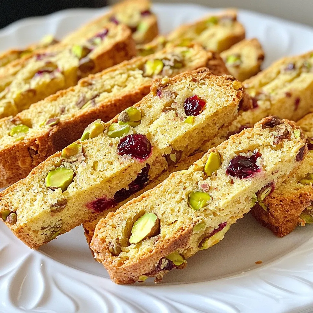 To make delightful pistachio cranberry biscotti, you need these simple ingredients: - 2 cups all-purpose flour - 1 teaspoon baking powder - 1/2 teaspoon salt - 1/2 cup unsalted butter, softened - 3/4 cup granulated sugar - 2 large eggs - 1 teaspoon vanilla extract - 1/2 cup roasted pistachios, roughly chopped - 1/2 cup dried cranberries These items create a balance of sweet and nutty flavors. The flour gives structure, while the butter adds richness. Baking powder helps them rise, and salt enhances the taste. Eggs bind everything together and add moisture. Pistachios offer a crunchy texture, and cranberries bring a sweet-tart note. Using high-quality ingredients makes a big difference in your biscotti. Each bite should be a burst of flavor and texture. Now, gather these ingredients, and get ready for baking! {{ingredient_image_1}} - Preheat the oven to 350°F (175°C). - Line a baking sheet with parchment paper. Start by making sure your oven is warm. This helps the biscotti bake evenly and get nice and crispy. Lining the baking sheet with parchment paper keeps them from sticking. - Whisk together flour, baking powder, and salt. In a medium bowl, mix the flour, baking powder, and salt. I like to use a whisk here. This helps to blend everything well. Set this bowl aside for later. - Cream together butter and sugar. - Add eggs and vanilla extract. In a large bowl, cream the softened butter and sugar together. I use an electric mixer for about three to four minutes. This makes it light and fluffy. Then, add in the eggs one at a time. Mix well after each egg. Finally, stir in the vanilla extract for that sweet aroma. - Mix dry and wet ingredients. - Fold in pistachios and cranberries. Now, slowly add the dry flour mix into the wet mix. Stir until they come together. Next, fold in the chopped pistachios and dried cranberries. Make sure they are spread out in the dough. This gives you bites of flavor in every biscotti. - Shape dough into logs. - Initial baking duration and tips. Divide the dough in half. Shape each half into logs about 12 inches long and 2 inches wide. Place them on the prepared baking sheet, leaving space between each log. Bake them for 25 to 30 minutes until they look slightly golden. - Cool, slice into biscotti. - Instructions for second baking. Let the logs cool for about 10 minutes. Then, slice them diagonally into 1/2 inch thick pieces. Place these cut sides down on the baking sheet. Return them to the oven for another 10 to 12 minutes. This gets them nice and crispy. Let them cool completely on a wire rack before enjoying or storing. To get the right biscotti texture, pay close attention to mixing and baking times. Mix your butter and sugar well for about 3-4 minutes. This step makes your biscotti light and airy. When you bake, watch them closely. They should turn slightly golden but not too dark. This careful timing helps avoid a dry texture. You can swap ingredients if needed. For a healthier option, use coconut oil instead of butter. It gives a nice flavor and keeps the biscotti moist. If you want to cut sugar, try using honey or maple syrup. These alternatives work well and add a unique taste to your biscotti. Avoid overmixing your dough. This can lead to tough biscotti. Mix just until combined. When slicing, use a sharp knife and cut diagonally. This method creates a better shape and ensures even baking. Remember, the slices should be about 1/2 inch thick for the best crunch. Pro Tips Chill the Dough: For easier handling, chill the dough for about 30 minutes before shaping it into logs. This helps the biscotti hold their shape during baking. Use Fresh Ingredients: Ensure your baking powder and spices are fresh for the best rise and flavor. Stale ingredients can result in less than perfect biscotti. Perfect Slicing: Use a serrated knife to slice the biscotti logs. This will give you clean cuts and help prevent crumbling. Storage Tips: Store the biscotti in an airtight container at room temperature for up to two weeks. They also freeze well for longer storage. {{image_2}} You can boost your biscotti with fun flavors. Try adding chocolate chips for a sweet twist. The smooth chocolate pairs well with the crunch of pistachios. Another great option is to mix in orange zest. The citrus adds a fresh, zesty note. Both options bring new life to the classic recipe. For those with dietary needs, there are easy changes. To make gluten-free biscotti, use gluten-free flour. This swap keeps the texture while avoiding gluten. If you want a vegan option, replace eggs with flaxseed meal. Mix one tablespoon of flaxseed with three tablespoons of water. Let it sit for five minutes, and it will thicken up nicely. You can adapt your biscotti to fit each season. In the fall, add pumpkin spice or cinnamon for warmth. For spring, consider using dried apricots and walnuts. These changes add joy and flavor for every season. Get creative and have fun with seasonal ingredients! To keep your pistachio cranberry biscotti fresh, store them in an airtight container. This helps maintain their crunch. Place them at room temperature, away from heat and light. Avoid using plastic bags, as they can make the biscotti soft. Instead, a cookie jar or a tin works best for storing. If you want to save some for later, freezing is easy. First, let the biscotti cool completely. Then, wrap each piece in plastic wrap. Place the wrapped biscotti in a freezer-safe bag or container. They can last up to three months in the freezer. When you want to enjoy them, just thaw at room temperature. When stored properly, biscotti can stay fresh for up to two weeks. Keep an eye on them for any signs of softness or staleness. If they lose their crunch, it might be time to bake a fresh batch! Enjoying them at their best is key to savoring those flavors. Homemade biscotti can last up to two weeks when stored correctly. Keep them in an airtight container at room temperature. This way, they stay fresh and crunchy. For longer storage, you can freeze them for up to three months. Just wrap them tightly in plastic wrap, then put them in a freezer bag. Yes, you can make biscotti ahead of time! In fact, it’s a great idea. You can bake them a few days in advance. Just be sure to store them properly. If you need to make them weeks ahead, freeze them. They will taste fresh when you thaw them. You can serve pistachio cranberry biscotti in many fun ways. They are great with coffee or tea. You can also pair them with a sweet dessert wine. For a fun twist, try dipping them in melted chocolate. This adds a rich flavor that complements the nuts and cranberries. Absolutely! You can customize the ingredients as you like. If you want to switch nuts, try almonds or walnuts. You can also add spices like cinnamon or nutmeg for extra flavor. Want a sweeter touch? Toss in some chocolate chips or dried orange zest. The options are endless, so have fun with it! In this post, we explored how to make pistachio cranberry biscotti. We covered ingredients, step-by-step baking, tips, variations, and storage. Remember to mix well but avoid overmixing. Try different flavors or substitutes based on your needs. Storing your biscotti properly will keep them fresh and tasty. By following these steps, you can enjoy a delightful treat. Happy baking and enjoy your homemade biscotti!