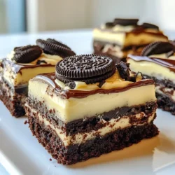 - 1 cup unsalted butter, melted - 1 1/4 cups granulated sugar - 1 cup brown sugar, packed - 4 large eggs - 1 teaspoon vanilla extract - 1 cup all-purpose flour - 1/2 cup unsweetened cocoa powder - 1 teaspoon baking powder - 1/2 teaspoon salt - 1 cup chocolate chips - 10 Oreo cookies, crushed - 1/2 cup unsalted butter, softened - 2 cups powdered sugar - 2 tablespoons milk - 5 Oreo cookies, crushed I love using simple, quality ingredients to make these Oreo frosted brownies. You start with unsalted butter for a rich base. The butter should be melted for easy mixing. I mix both granulated and brown sugar to add depth to the flavor. Eggs give the brownies a nice, moist texture. Vanilla extract brings warmth to the mix. I use all-purpose flour and unsweetened cocoa powder for that classic brownie taste. Baking powder makes them rise just enough. A pinch of salt enhances all the sweet flavors. Chocolate chips add a decadent touch, and crushed Oreo cookies bring that iconic flavor. For the frosting, I go with softened unsalted butter to get a creamy texture. Powdered sugar sweetens it up perfectly. A splash of milk helps achieve the right consistency. Finally, I fold in more crushed Oreo cookies to tie it all together. These ingredients not only blend well but also create a beautiful, rich dessert that everyone loves. When you mix all these together, you're on your way to a treat that feels special but is simple to make. {{ingredient_image_1}} 1. Preheating the oven: Set your oven to 350°F (175°C). This step is key for baking. 2. Mixing wet ingredients: In a bowl, mix 1 cup of melted unsalted butter, 1 1/4 cups of granulated sugar, and 1 cup of brown sugar. Stir until smooth. 3. Combining dry ingredients: In another bowl, whisk together 1 cup of all-purpose flour, 1/2 cup of unsweetened cocoa powder, 1 teaspoon of baking powder, and 1/2 teaspoon of salt. This mix adds flavor. 1. Pouring and spreading the batter: Slowly add the dry mix to the wet mix. Stir until combined. Fold in 1 cup of chocolate chips and 10 crushed Oreo cookies. Pour this into your greased 9x13 inch dish. 2. Baking time and checking doneness: Bake for 25-30 minutes. Use a toothpick to check. It should come out with a few moist crumbs, not wet batter. Let the brownies cool in the pan. 1. Preparing the Oreo frosting: Beat 1/2 cup of softened unsalted butter in a bowl. Slowly add 2 cups of powdered sugar. Mix well until creamy. 2. Spreading frosting evenly: Add 2 tablespoons of milk to the mix. Fold in 5 crushed Oreo cookies. Once the brownies are cool, spread the frosting on top. 3. Adding extra Oreo toppings: For a fun touch, sprinkle more crushed Oreo cookies over the frosting. This adds crunch and looks great! To achieve fudgy brownies, use melted butter instead of softened butter. This helps create that rich texture we all love. Mix the wet and dry ingredients carefully to keep the brownies moist. Avoid over-mixing once you combine them. This keeps your brownies soft and chewy. After baking, let the brownies cool completely in the pan. Frosting warm brownies makes it melt and slide off. If your frosting is too thick, add a bit more milk. Start with one teaspoon and mix well. If it is too thin, add a little powdered sugar until you reach the right texture. For fun alternatives, try cream cheese frosting or a chocolate ganache. These options add unique flavors to your Oreo frosted brownies. Get creative with how you serve these brownies. Cut them into fun shapes using cookie cutters. You can also layer them with ice cream for a delicious dessert. Pair these brownies with coffee or milk for the perfect treat. Adding fresh fruit like strawberries or raspberries can brighten the dish. Enjoy these delightful treats with friends or family! Pro Tips Use Room Temperature Ingredients: Ensuring your eggs and butter are at room temperature will help create a smoother batter and improve the overall texture of the brownies. Don’t Overmix the Batter: When combining the dry and wet ingredients, mix just until combined to avoid tough brownies; a few lumps are perfectly fine. Check for Doneness: For perfectly fudgy brownies, remove them from the oven when a toothpick inserted comes out with a few moist crumbs, not clean. Let Them Cool: Allow the brownies to cool completely before frosting to ensure the frosting doesn’t melt and runs off the top. {{image_2}} You can change the flavor of these brownies easily. For a minty twist, use Mint Oreos. Just swap regular Oreos with Mint ones in the recipe. The mint adds a refreshing taste that pairs well with chocolate. Another fun idea is to add peanut butter. Mix in half a cup of creamy peanut butter with the wet ingredients. This gives your brownies a rich, nutty flavor. You can also swirl extra peanut butter on top before baking for more fun. If you need gluten-free options, use gluten-free flour instead of all-purpose flour. This keeps the texture nice while making it safe for those with gluten issues. You can also use gluten-free Oreos for the topping. For vegan brownies, swap eggs with flax eggs. Mix one tablespoon of flaxseed meal with three tablespoons of water. Let it sit until it thickens. Use vegan butter in place of regular butter. This way, you can enjoy brownies without dairy or eggs. To make holiday-themed Oreo brownies, add festive sprinkles or colored frosting. You can also mix in seasonal flavors, like pumpkin spice for fall. These simple tweaks make your brownies special for any occasion. In summer, try adding fresh fruit. Top your brownies with sliced strawberries or raspberries before serving. The fruit adds a bright taste and makes your dessert feel lighter, which is perfect for warm days. To keep your Oreo frosted brownies fresh, store them in an airtight container. This helps prevent them from drying out. You can layer them with parchment paper to avoid sticking. If you want to keep them extra fresh, you can wrap them in plastic wrap before placing them in the container. Always store them at room temperature for the best taste. If you have leftover brownies, freezing them is a great option. Cut the brownies into squares and wrap each piece in plastic wrap tightly. Place the wrapped brownies in a freezer-safe bag or container. This keeps them fresh for up to three months. When you're ready to enjoy, simply take them out and let them thaw at room temperature for a couple of hours. For the best taste, avoid thawing them in the microwave. At room temperature, your brownies can last up to five days. If you choose to refrigerate them, they can last about a week. This is great if you want them a bit firmer. However, refrigeration can change the texture, making them less fudgy. Always remember to check for any signs of spoilage before eating. Enjoy your delicious Oreo frosted brownies, no matter how you choose to store them! To cut brownies well, use a sharp knife. Dip the knife in hot water. Wipe it dry before cutting. This helps create clean edges. For even squares, cut the brownies into rows first, then slice across. You can also use a ruler for perfect sizes. Yes, you can make these brownies ahead of time. Bake them, then cool completely. Store them in an airtight container. They stay fresh for up to four days at room temperature. For longer storage, freeze them for up to three months. Just remember to wrap them well to avoid freezer burn. To check if brownies are done, insert a toothpick in the center. If it comes out with a few moist crumbs, they are ready. If it comes out wet, they need more time. Baking usually takes about 25 to 30 minutes. Keep an eye on them to avoid overbaking. You can top Oreo brownies with many things. Try more crushed Oreo cookies for crunch. Whipped cream adds a light touch. Chocolate drizzle makes it extra special. You can also use sprinkles or nuts for extra flavor and texture. Get creative with toppings to suit your taste! You’ve learned how to make delicious Oreo brownies from scratch. We covered key ingredients, clear instructions, and helpful tips. You can customize the recipe with different flavors or dietary options to suit your needs. Storing them properly keeps your brownies fresh and tasty. With these steps, enjoy a treat that impresses everyone. Happy baking and enjoy those brownies to the last crumb!