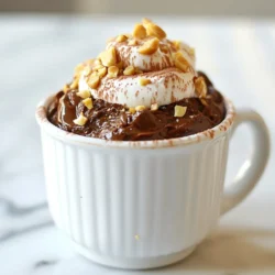To make a delicious Chocolate Hazelnut Mug Cake, you need these simple ingredients: - 4 tablespoons all-purpose flour - 2 tablespoons unsweetened cocoa powder - 1/4 teaspoon baking powder - 3 tablespoons sugar - 1/4 teaspoon salt - 3 tablespoons milk - 2 tablespoons vegetable oil - 1 teaspoon vanilla extract - 2 tablespoons chocolate hazelnut spread (like Nutella) - Handful of chopped hazelnuts (optional) When baking, precise measurements matter. For this mug cake, use standard tablespoons and teaspoons. If you run out of any ingredient, here are some smart swaps: - All-purpose flour can be replaced with gluten-free flour. - Unsweetened cocoa powder can switch to Dutch-processed cocoa if needed. - Milk can be swapped with almond milk or any non-dairy milk. - Vegetable oil can be changed to melted butter for extra flavor. Using quality ingredients makes a big difference. Fresh flour ensures your cake rises well. Good cocoa powder gives a rich chocolate taste. Fresh baking powder helps your cake to be fluffy. If you use high-quality chocolate hazelnut spread, the flavor shines through. Each ingredient adds to the joy of your cake. Better ingredients mean a better mug cake experience! {{ingredient_image_1}} To make your chocolate hazelnut mug cake, start with a big microwave-safe mug. I like to use one that holds about 12 ounces. In the mug, mix the dry ingredients first. You need: - 4 tablespoons all-purpose flour - 2 tablespoons unsweetened cocoa powder - 1/4 teaspoon baking powder - 3 tablespoons sugar - 1/4 teaspoon salt Use a small whisk or fork to blend these well. Make sure there are no lumps. This step is key for a smooth texture. Next, you add the wet ingredients. Pour in: - 3 tablespoons milk - 2 tablespoons vegetable oil - 1 teaspoon vanilla extract Stir these into the dry mix until you have a thick, smooth batter. Now, for the fun part! Fold in: - 2 tablespoons chocolate hazelnut spread You want to mix this gently. Aim for a marbled look, with some of the spread still visible. If you like, toss in a handful of chopped hazelnuts for added crunch. Now it’s time to cook your mug cake. Place the mug in the microwave and set the timer for 40 seconds. Keep an eye on it as it cooks. Every microwave is different, so your cake might need a bit more time. If the middle looks gooey, continue microwaving in 10-second bursts. This way, you avoid overcooking. You want a soft, moist cake that rises nicely. After the timer goes off, check your cake. It should be firm around the edges but a little soft in the center. If it looks too wet, give it more time in the microwave. Let the mug cake sit for a minute before digging in; it will be very hot! This quick and easy recipe gives you a warm, rich dessert in no time. Enjoy your creation right from the mug or plate it for a fancy touch! The cooking time is key for a great mug cake. Start with 40 seconds in the microwave. Check the cake after that time. If it looks wet, cook for 10 more seconds. Repeat until done. Each microwave is different, so keep an eye on it. For a soft and fluffy cake, mix well but don’t overdo it. Stir until the batter is smooth. When you fold in the chocolate hazelnut spread, leave some swirls. This adds flavor and makes it look nice. If you want a fudgier texture, reduce the cooking time slightly. Serve your mug cake warm for the best taste. You can eat it right from the mug. For a fancier look, transfer it to a plate. Top it with whipped cream or vanilla ice cream. Add more hazelnuts and a drizzle of chocolate hazelnut spread for extra flavor. Enjoy your treat! Pro Tips Use a Larger Mug: Choose a 12-ounce mug to ensure the cake has enough room to rise without overflowing. Experiment with Mix-ins: Feel free to add chocolate chips or dried fruit for extra flavor and texture! Check Microwave Power: Microwave wattages vary; adjust cooking time according to your appliance for perfect doneness. Customize Your Toppings: Top with whipped cream, ice cream, or a drizzle of caramel for an indulgent twist! {{image_2}} You can easily change the flavor of your mug cake. For example, add a splash of coffee. This makes it rich and bold. A pinch of cinnamon or nutmeg also works well. It gives a warm, cozy taste. You can even swap in peppermint extract for a minty treat. Each twist adds a fun new layer to your chocolate hazelnut mug cake. Toppings can take your mug cake to the next level. After cooking, try adding whipped cream or vanilla ice cream on top. You can also drizzle more chocolate hazelnut spread for extra sweetness. For a crunchy touch, sprinkle some chopped hazelnuts or even crushed cookies. Fresh berries like raspberries or strawberries add a fruity kick. Mix-ins can also make it special. Try adding mini chocolate chips or a spoonful of peanut butter before microwaving. If you want a gluten-free option, swap the all-purpose flour for almond flour. This keeps the cake moist and adds a nutty flavor. Another choice is to use a gluten-free flour blend. Just make sure it includes xanthan gum for the best texture. You can still enjoy the same delicious taste while meeting your dietary needs. To keep your chocolate hazelnut mug cake fresh, store it in an airtight container. If you have any leftovers, let the cake cool completely. Then, cover it tightly. This will help it stay moist. You can keep it at room temperature for one day. If you want to save it longer, place it in the fridge. It will last for up to three days this way. When you want to enjoy your leftover mug cake, you can quickly reheat it. Place the cake in the microwave for 10 to 15 seconds. This warms it up nicely without drying it out. Check it often to avoid overheating. If you want it extra warm, you can add a scoop of ice cream on top right before you heat it. You can freeze your mug cake if you want to save it for later. Let it cool completely first. Slice it into smaller pieces for easier thawing. Wrap each piece in plastic wrap, then place them in a freezer bag. Be sure to label the bag with the date. The mug cake will stay good for about one month in the freezer. When you want to enjoy it, just thaw it in the fridge overnight and reheat it in the microwave. You can make mug cakes on the stovetop. Use a small pot with a lid. Place a heat-safe mug inside the pot. Add water to the pot, but not too much. The water should not touch the mug. Cover the pot and heat on low. Check the cake after about 10-15 minutes. You can also use an oven. Preheat it to 350°F (175°C). Pour the mug cake batter into an oven-safe mug. Bake for about 15-20 minutes. Always check with a toothpick for doneness. Yes, you can use other nut spreads. Almond or cashew spread works well too. You can also try peanut butter for a different taste. Each nut spread gives a unique flavor. Just keep the same amount as the chocolate hazelnut spread. Yes, you can scale up the recipe. Just multiply each ingredient by the number of servings you want. Use a larger bowl for mixing. You may need to adjust cooking time if you use a larger mug or bowl. Always check for doneness with a toothpick. We covered how to make a tasty mug cake together. We talked about choosing ingredients and their quality. Preparing the cake was simple, and you can adjust cooking times to fit your tastes. I shared tips for different flavors and toppings. Storing and reheating the leftover cake is easy. With these steps, you can enjoy mug cakes anytime. Remember, experimenting makes baking fun, so get creative with your next mug cake!