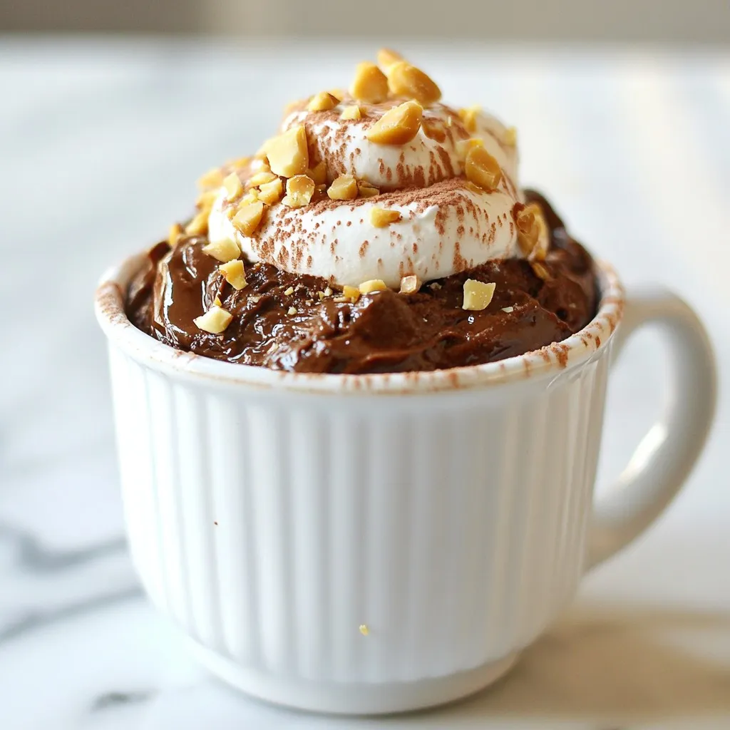 To make a delicious Chocolate Hazelnut Mug Cake, you need these simple ingredients: - 4 tablespoons all-purpose flour - 2 tablespoons unsweetened cocoa powder - 1/4 teaspoon baking powder - 3 tablespoons sugar - 1/4 teaspoon salt - 3 tablespoons milk - 2 tablespoons vegetable oil - 1 teaspoon vanilla extract - 2 tablespoons chocolate hazelnut spread (like Nutella) - Handful of chopped hazelnuts (optional) When baking, precise measurements matter. For this mug cake, use standard tablespoons and teaspoons. If you run out of any ingredient, here are some smart swaps: - All-purpose flour can be replaced with gluten-free flour. - Unsweetened cocoa powder can switch to Dutch-processed cocoa if needed. - Milk can be swapped with almond milk or any non-dairy milk. - Vegetable oil can be changed to melted butter for extra flavor. Using quality ingredients makes a big difference. Fresh flour ensures your cake rises well. Good cocoa powder gives a rich chocolate taste. Fresh baking powder helps your cake to be fluffy. If you use high-quality chocolate hazelnut spread, the flavor shines through. Each ingredient adds to the joy of your cake. Better ingredients mean a better mug cake experience! {{ingredient_image_1}} To make your chocolate hazelnut mug cake, start with a big microwave-safe mug. I like to use one that holds about 12 ounces. In the mug, mix the dry ingredients first. You need: - 4 tablespoons all-purpose flour - 2 tablespoons unsweetened cocoa powder - 1/4 teaspoon baking powder - 3 tablespoons sugar - 1/4 teaspoon salt Use a small whisk or fork to blend these well. Make sure there are no lumps. This step is key for a smooth texture. Next, you add the wet ingredients. Pour in: - 3 tablespoons milk - 2 tablespoons vegetable oil - 1 teaspoon vanilla extract Stir these into the dry mix until you have a thick, smooth batter. Now, for the fun part! Fold in: - 2 tablespoons chocolate hazelnut spread You want to mix this gently. Aim for a marbled look, with some of the spread still visible. If you like, toss in a handful of chopped hazelnuts for added crunch. Now it’s time to cook your mug cake. Place the mug in the microwave and set the timer for 40 seconds. Keep an eye on it as it cooks. Every microwave is different, so your cake might need a bit more time. If the middle looks gooey, continue microwaving in 10-second bursts. This way, you avoid overcooking. You want a soft, moist cake that rises nicely. After the timer goes off, check your cake. It should be firm around the edges but a little soft in the center. If it looks too wet, give it more time in the microwave. Let the mug cake sit for a minute before digging in; it will be very hot! This quick and easy recipe gives you a warm, rich dessert in no time. Enjoy your creation right from the mug or plate it for a fancy touch! The cooking time is key for a great mug cake. Start with 40 seconds in the microwave. Check the cake after that time. If it looks wet, cook for 10 more seconds. Repeat until done. Each microwave is different, so keep an eye on it. For a soft and fluffy cake, mix well but don’t overdo it. Stir until the batter is smooth. When you fold in the chocolate hazelnut spread, leave some swirls. This adds flavor and makes it look nice. If you want a fudgier texture, reduce the cooking time slightly. Serve your mug cake warm for the best taste. You can eat it right from the mug. For a fancier look, transfer it to a plate. Top it with whipped cream or vanilla ice cream. Add more hazelnuts and a drizzle of chocolate hazelnut spread for extra flavor. Enjoy your treat! Pro Tips Use a Larger Mug: Choose a 12-ounce mug to ensure the cake has enough room to rise without overflowing. Experiment with Mix-ins: Feel free to add chocolate chips or dried fruit for extra flavor and texture! Check Microwave Power: Microwave wattages vary; adjust cooking time according to your appliance for perfect doneness. Customize Your Toppings: Top with whipped cream, ice cream, or a drizzle of caramel for an indulgent twist! {{image_2}} You can easily change the flavor of your mug cake. For example, add a splash of coffee. This makes it rich and bold. A pinch of cinnamon or nutmeg also works well. It gives a warm, cozy taste. You can even swap in peppermint extract for a minty treat. Each twist adds a fun new layer to your chocolate hazelnut mug cake. Toppings can take your mug cake to the next level. After cooking, try adding whipped cream or vanilla ice cream on top. You can also drizzle more chocolate hazelnut spread for extra sweetness. For a crunchy touch, sprinkle some chopped hazelnuts or even crushed cookies. Fresh berries like raspberries or strawberries add a fruity kick. Mix-ins can also make it special. Try adding mini chocolate chips or a spoonful of peanut butter before microwaving. If you want a gluten-free option, swap the all-purpose flour for almond flour. This keeps the cake moist and adds a nutty flavor. Another choice is to use a gluten-free flour blend. Just make sure it includes xanthan gum for the best texture. You can still enjoy the same delicious taste while meeting your dietary needs. To keep your chocolate hazelnut mug cake fresh, store it in an airtight container. If you have any leftovers, let the cake cool completely. Then, cover it tightly. This will help it stay moist. You can keep it at room temperature for one day. If you want to save it longer, place it in the fridge. It will last for up to three days this way. When you want to enjoy your leftover mug cake, you can quickly reheat it. Place the cake in the microwave for 10 to 15 seconds. This warms it up nicely without drying it out. Check it often to avoid overheating. If you want it extra warm, you can add a scoop of ice cream on top right before you heat it. You can freeze your mug cake if you want to save it for later. Let it cool completely first. Slice it into smaller pieces for easier thawing. Wrap each piece in plastic wrap, then place them in a freezer bag. Be sure to label the bag with the date. The mug cake will stay good for about one month in the freezer. When you want to enjoy it, just thaw it in the fridge overnight and reheat it in the microwave. You can make mug cakes on the stovetop. Use a small pot with a lid. Place a heat-safe mug inside the pot. Add water to the pot, but not too much. The water should not touch the mug. Cover the pot and heat on low. Check the cake after about 10-15 minutes. You can also use an oven. Preheat it to 350°F (175°C). Pour the mug cake batter into an oven-safe mug. Bake for about 15-20 minutes. Always check with a toothpick for doneness. Yes, you can use other nut spreads. Almond or cashew spread works well too. You can also try peanut butter for a different taste. Each nut spread gives a unique flavor. Just keep the same amount as the chocolate hazelnut spread. Yes, you can scale up the recipe. Just multiply each ingredient by the number of servings you want. Use a larger bowl for mixing. You may need to adjust cooking time if you use a larger mug or bowl. Always check for doneness with a toothpick. We covered how to make a tasty mug cake together. We talked about choosing ingredients and their quality. Preparing the cake was simple, and you can adjust cooking times to fit your tastes. I shared tips for different flavors and toppings. Storing and reheating the leftover cake is easy. With these steps, you can enjoy mug cakes anytime. Remember, experimenting makes baking fun, so get creative with your next mug cake!