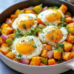 - 2 medium sweet potatoes, diced - 1 red bell pepper, diced - 1 green bell pepper, diced - 1 small red onion, chopped - 3 cloves garlic, minced - 2 tablespoons olive oil - 1 teaspoon smoked paprika - 1 teaspoon cumin - Salt and pepper to taste - 4 large eggs Sweet potatoes give this dish a sweet flavor. They are rich in vitamins and fiber, making them a great choice for breakfast. Bell peppers add crunch and color. The red onion brings a mild sweetness, while garlic adds depth. Olive oil helps cook everything evenly and adds healthy fats. - Fresh cilantro - Fresh parsley - Slices of avocado Garnishes like cilantro or parsley add a fresh touch. They also bring a pop of color. Slices of avocado can add creaminess and healthy fats. You can mix and match these to your taste. This adds fun and style to your meal. {{ingredient_image_1}} First, gather your ingredients. You need two medium sweet potatoes, one red bell pepper, one green bell pepper, one small red onion, and three cloves of garlic. 1. Dicing sweet potatoes and vegetables: Start by peeling the sweet potatoes. Cut them into small, even cubes. This helps them cook evenly. Next, dice the red and green peppers. Chop the red onion and set all these aside. 2. Mincing garlic: Take the garlic cloves and peel them. Use a knife to mince the garlic finely. This will add a nice flavor to your hash. Now we get to the fun part—cooking! 1. Heating olive oil: Grab a large skillet and pour in two tablespoons of olive oil. Heat it over medium heat until it shimmers. 2. Sautéing sweet potatoes: Add the diced sweet potatoes to the skillet. Season them with salt and pepper. Stir occasionally and cook for about 10 minutes. You want them to soften but not fall apart. 3. Adding onions and peppers: After the sweet potatoes start to soften, add the chopped red onion and the diced red and green peppers. Also, add the minced garlic. Cook this mixture for about 5 to 7 minutes until all the veggies are tender and just start to caramelize. 4. Incorporating spices and eggs: Sprinkle one teaspoon of smoked paprika and one teaspoon of cumin over the veggies. Stir well for about 2 minutes to enhance the flavors. Then, create four small wells in the mixture. Crack an egg into each well. Cover the skillet and cook for about 5 to 7 minutes. This will give you runny yolks. - How to achieve preferred doneness: Check the eggs after about 5 minutes. If you want firmer yolks, let them cook a bit longer. - Covering the skillet for even cooking: Always keep the skillet covered while cooking the eggs. This helps them cook evenly and keeps the heat in. For the best sweet potatoes, I recommend dicing them small. This helps them cook evenly. Use medium heat when you sauté them. This way, they get soft without burning. Stir the sweet potatoes often. This keeps them from sticking and helps them cook well. To boost flavor, try extra seasonings like chili powder or onion powder. These spices add depth to the dish. For caramelizing veggies, let them sit in the pan. This allows them to brown nicely. Stir gently and often to avoid burning. Serve the hash straight from the skillet for a rustic look. You can also plate individual servings for a nice touch. Add fresh herbs on top for color. Try pairing the hash with slices of avocado or fresh fruit. A cup of coffee or fresh juice works great as a drink. Pro Tips Choose the Right Sweet Potatoes: Opt for firm, smooth-skinned sweet potatoes for the best texture and flavor in your hash. Experiment with Veggies: Feel free to add other vegetables like zucchini or spinach for extra nutrition and color. Perfect Egg Cooking: Cover the skillet while the eggs cook to ensure the whites set while the yolks remain runny, if desired. Herb Variations: Try garnishing with fresh chives or basil for a different flavor profile and freshness. {{image_2}} You can add meats to your hash for more flavor and texture. Try crumbled sausage or crispy bacon. Both add a savory punch that pairs well with sweet potatoes. If you want a vegetarian option, tofu works great. Simply cube it and add it to the skillet. Cook until golden brown to get that nice texture. To make this dish vegan, swap out the eggs. You can use scrambled tofu or chickpea flour. Mix the chickpea flour with water to create a batter. Cook it like you would the eggs. This keeps the meal hearty and satisfying while being plant-based. Want some heat? Add sliced jalapeños to the mix. They add a nice kick that balances the sweet potatoes. You can also add sweet elements to your hash. Drizzle a bit of maple syrup over the top for a sweet finish. This will enhance the flavors and make your breakfast even more exciting. To keep your Sweet Potato Breakfast Hash fresh, store leftovers in the fridge. Place the hash in an airtight container. Make sure to let it cool first before sealing. This helps keep the flavors intact. Use glass or high-quality plastic containers for best results. When reheating, use the stove for the best taste. Heat a pan over medium-low heat. Add a splash of olive oil to prevent sticking. Stir the hash often to warm it evenly. If you want to keep the eggs runny, gently heat the hash and cover the pan for a few minutes. Yes, you can freeze Sweet Potato Breakfast Hash! To do this, let it cool completely. Then, place it in a freezer-safe container. Be sure to leave some space at the top for expansion. When you're ready to enjoy it, thaw it overnight in the fridge. Reheat on the stove or in the microwave. If you lack sweet potatoes, you can use other root veggies. Try Yukon gold potatoes or butternut squash. Both add a nice texture and flavor. You can also use zucchini or carrots for a different twist. These swaps work well in breakfast hash. Yes, you can prep this hash in advance. Cook the sweet potatoes and veggies, then store them in the fridge. Keep them in an airtight container for up to three days. When ready to eat, just reheat them in a skillet. You can add the eggs fresh for the best taste. To amp up the heat, add chili powder or cayenne pepper. You can also toss in diced jalapeños for a fresh kick. Adjust the amount based on your taste. Spice it up slowly and taste as you go for perfect heat. This blog post covered how to make a tasty sweet potato hash. You learned about key ingredients, steps to prepare, and cooking tips. I shared ways to customize the dish to suit your taste and dietary needs. Proper storage and reheating tips ensure leftovers stay delicious. Remember, cooking is fun and allows creativity. Enjoy making a satisfying meal that warms your heart and nourishes your body. Explore all the variations to keep it fresh. With these tips, you will master the art of sweet potato hash!
