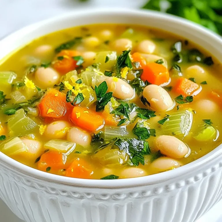 - 1 can (15 oz) of cannellini beans - 1 cup diced carrots - 1 cup diced celery - 1 medium onion, chopped - 2 cloves garlic, minced - 4 cups vegetable broth - 1 cup diced tomatoes - 1 teaspoon dried oregano - 1 teaspoon dried thyme - 1 teaspoon smoked paprika - 2 cups fresh spinach or kale - Zest of 1 lemon (optional) - Fresh parsley (for garnish) - Salt and pepper to taste I love using cannellini beans in this soup. They are creamy and fill you up. You get a nice base flavor with the diced carrots and celery. Chopping a medium onion gives depth to the dish. Minced garlic adds a nice kick that you will enjoy. For the broth, I prefer vegetable broth for a rich taste. Diced tomatoes give a slight sweetness. The dried oregano and thyme bring warmth and earthiness. Smoked paprika adds a unique flavor that makes this soup special. To finish it off, I add fresh spinach or kale for a burst of color and nutrition. The lemon zest brightens the soup and gives it a fresh edge. A sprinkle of fresh parsley makes it look beautiful and adds a fresh taste. Finally, don’t forget to season with salt and pepper; this step is key! {{ingredient_image_1}} - Prepare the vegetables: chopped onion, diced carrots, diced celery, minced garlic. - Drain and rinse cannellini beans; set aside. First, gather your fresh vegetables. I like to chop the onion, carrots, and celery into small pieces. This helps them cook evenly. Mince the garlic to release its bold flavor. Next, take your can of cannellini beans. Drain and rinse them well. This step removes excess salt and helps the beans taste fresh. - Sauté vegetables: heat olive oil, cook onion, carrots, celery for 5-7 minutes. - Add garlic, cook for an additional minute. - Combine remaining ingredients, bring to a simmer. Now, grab a large pot and add two tablespoons of olive oil. Heat it over medium heat. Once hot, add the chopped onion, carrots, and celery. Stir them for about 5-7 minutes. You want the veggies to soften and become fragrant. After this, add the minced garlic and cook for another minute. Garlic cooks fast, so keep an eye on it. Next, pour in the diced tomatoes, drained cannellini beans, and vegetable broth. Sprinkle in the dried oregano, thyme, smoked paprika, salt, and pepper. Stir everything well, then bring it to a simmer. This is where the magic happens, as all the flavors come together. - Cook on low for 20 minutes, then add spinach or kale. - Mix in lemon zest before serving; adjust seasoning. Reduce the heat to low and let the soup cook for about 20 minutes. This simmering time allows the flavors to meld beautifully. In the last few minutes, stir in your chopped spinach or kale. Cook until they wilt, which adds a lovely color and nutrition. Before serving, mix in some lemon zest for brightness. Taste your soup and adjust the seasoning with more salt or pepper if needed. - Use fresh herbs like parsley or thyme for more flavor. - Adjust the cooking time for a thicker or thinner soup. Cook longer for a thicker soup and less for a thinner one. - Store leftover soup in an airtight container in the fridge. This keeps it fresh for up to five days. - You can freeze the soup for longer storage. Just let it cool before pouring it into freezer bags. - Serve the soup with crusty bread for dipping. A side salad also pairs nicely. - For added richness, sprinkle Parmesan cheese on top before serving. Pro Tips Enhance Flavor: Consider adding a splash of balsamic vinegar for a tangy depth to the soup. Vegetable Variations: Feel free to add other vegetables like zucchini or bell peppers for more texture and nutrients. Bean Preparation: If using dried beans, soak and cook them beforehand for a creamier consistency. Storage Tips: This soup stores well in the fridge for up to 5 days, or freeze it for longer preservation. {{image_2}} You can try using other beans. Navy beans or great northern beans work well. Lentils can also add a nice twist. Each type brings its own flavor and texture. This makes your soup unique every time you cook it. Want to boost flavors? Add extra veggies! Zucchini, bell peppers, or potatoes are great choices. These ingredients add more nutrition and color. They also make the soup heartier and more filling. You can mix and match based on what you have on hand. If you want a heartier meal, add protein. Cooked sausage or chicken works great. They add depth and richness to the soup. Just chop them up and stir them in. This makes the dish more satisfying, especially on colder days. This Tuscan white bean soup serves four. Each bowl has about 200 calories. It provides a hearty meal that warms you up and fills you up. This soup is rich in nutrients. Each serving includes: - Protein: About 10 grams, thanks to the beans. - Fiber: Roughly 6 grams, promoting good digestion. - Vitamins: High in vitamin A from carrots and spinach. - Minerals: Contains iron and calcium, essential for strong bones. Eating beans offers great health perks. They help lower cholesterol and keep your heart healthy. Leafy greens like spinach or kale add vitamins and minerals. They boost your immune system and improve skin health. Enjoying this soup gives you a tasty way to stay healthy. Yes, you can use dried beans. First, soak them overnight in water. This softens the beans. Use about 1 cup of dried cannellini beans for this recipe. After soaking, drain and rinse the beans. Then, boil them in fresh water for about 1 hour or until tender. Once they are soft, you can add them to the soup as you would the canned beans. This method adds a fresh taste and texture to your soup. Making this soup vegan is easy! Just ensure you use vegetable broth instead of chicken broth. Also, check that your canned tomatoes do not contain any animal products. You can use olive oil as your cooking fat. Finally, skip any options that may include dairy, such as cheese garnishes. This way, you can enjoy a tasty soup that fits a vegan diet. If you don’t have vegetable broth, there are good options. Water works well, though it may lack flavor. You can add herbs and spices to improve taste. Another option is to use mushroom broth for a richer flavor. If you like, you can even use a mix of water and soy sauce or miso paste for depth. Each choice brings a unique twist to your soup. This blog post covered a simple and tasty soup recipe. We discussed key ingredients like cannellini beans, fresh veggies, and spices. You learned how to prepare and cook the soup in easy steps. We included tips for storage and serving, plus variations to keep it exciting. Remember, making this soup lets you customize flavors and boost nutrition. Enjoy this warming dish with friends or family. Try adding your favorite mix-ins to truly make it your own!